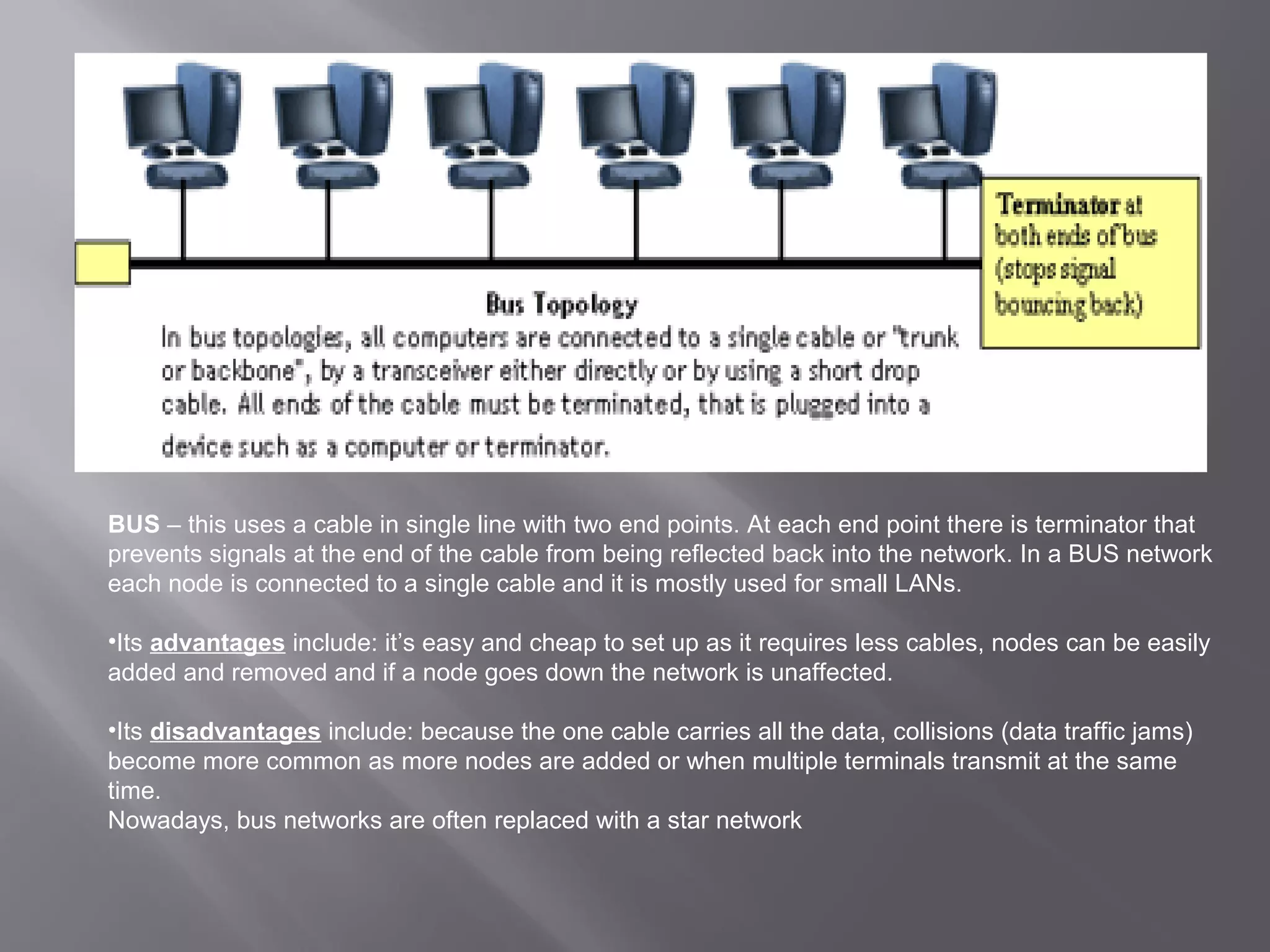 BUS – this uses a cable in single line with two end points. At each end point there is terminator that
prevents signals at the end of the cable from being reflected back into the network. In a BUS network
each node is connected to a single cable and it is mostly used for small LANs.

•Its advantages include: it’s easy and cheap to set up as it requires less cables, nodes can be easily
added and removed and if a node goes down the network is unaffected.

•Its disadvantages include: because the one cable carries all the data, collisions (data traffic jams)
become more common as more nodes are added or when multiple terminals transmit at the same
time.
Nowadays, bus networks are often replaced with a star network
 