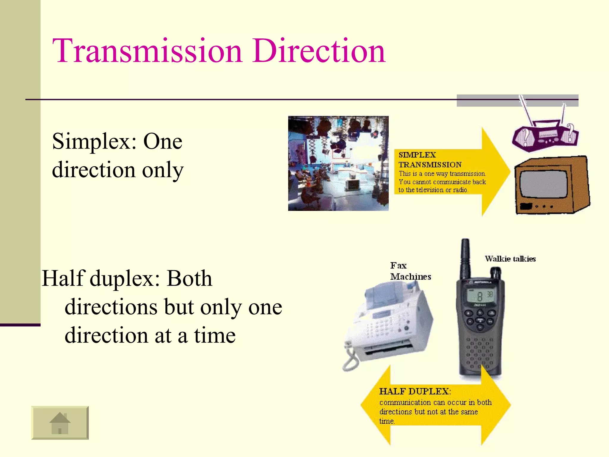 Simplex: One direction only   Transmission Direction Half duplex: Both directions but only one direction at a time 