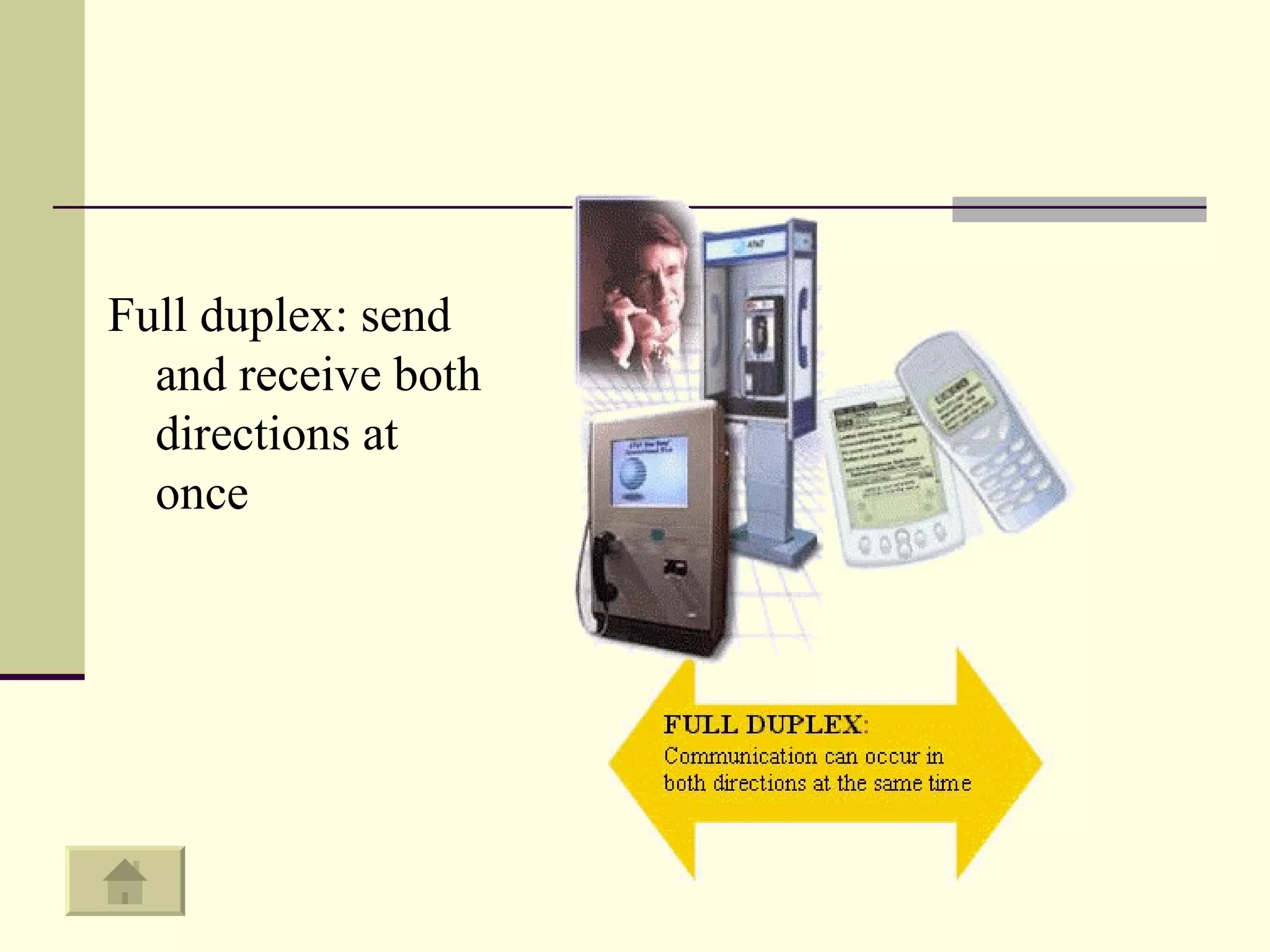 Full duplex: send and receive both directions at once 