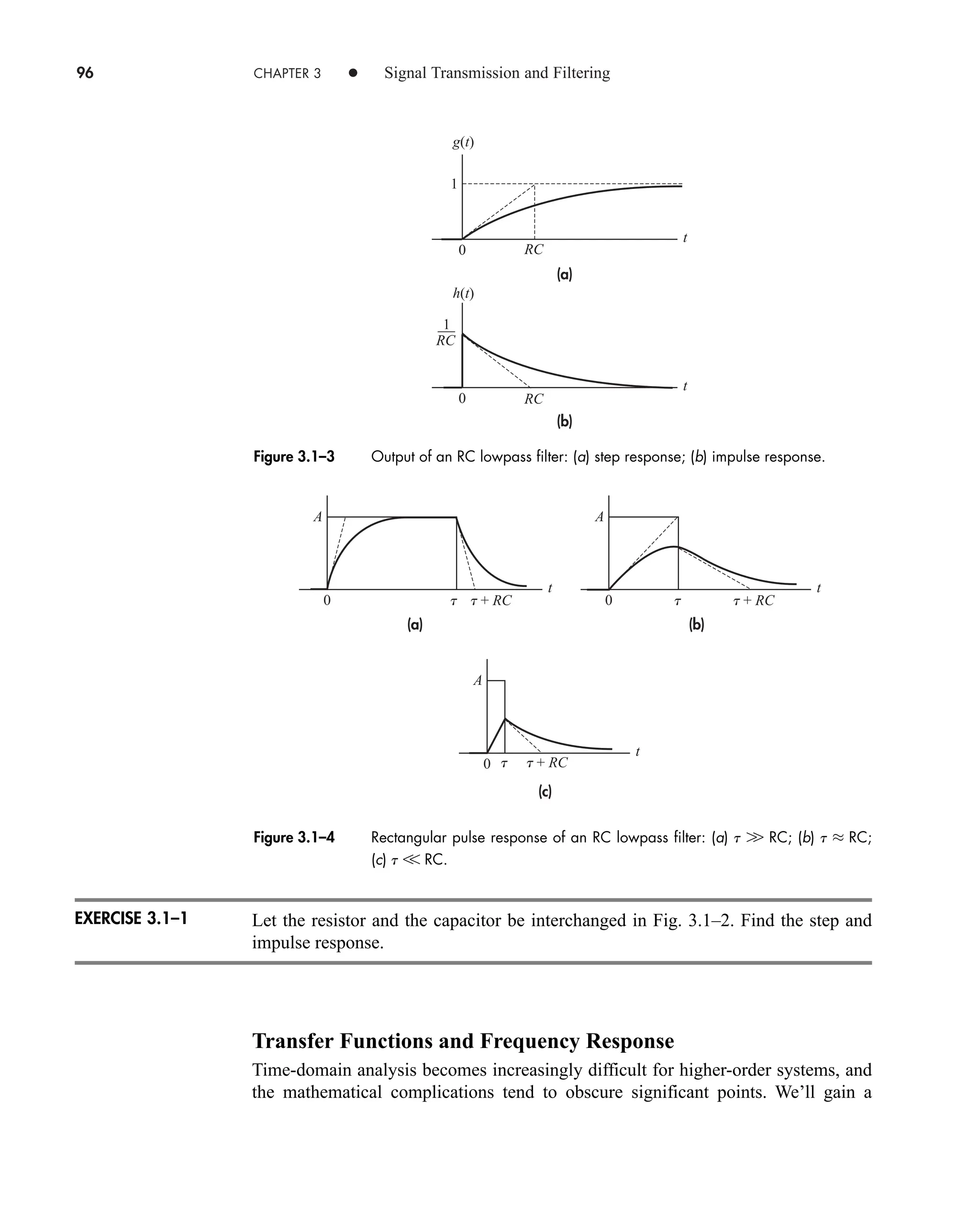 96 CHAPTER 3 • Signal Transmission and Filtering
(a)
(b)
g(t)
h(t)
t
RC
RC
0
1
t
0
1
RC
Figure 3.1–3 Output of an RC lowpass filter: (a) step response; (b) impulse response.
Let the resistor and the capacitor be interchanged in Fig. 3.1–2. Find the step and
impulse response.
Transfer Functions and Frequency Response
Time-domain analysis becomes increasingly difficult for higher-order systems, and
the mathematical complications tend to obscure significant points. We’ll gain a
(a)
(c)
t t
t + RC
t t + RC
t + RC
t
A
0
(b)
t
A
0
t
A
0
Figure 3.1–4 Rectangular pulse response of an RC lowpass filter: (a) t W RC; (b) t L RC;
(c) t V RC.
EXERCISE 3.1–1
car80407_ch03_091-160.qxd 12/8/08 11:15 PM Page 96
 