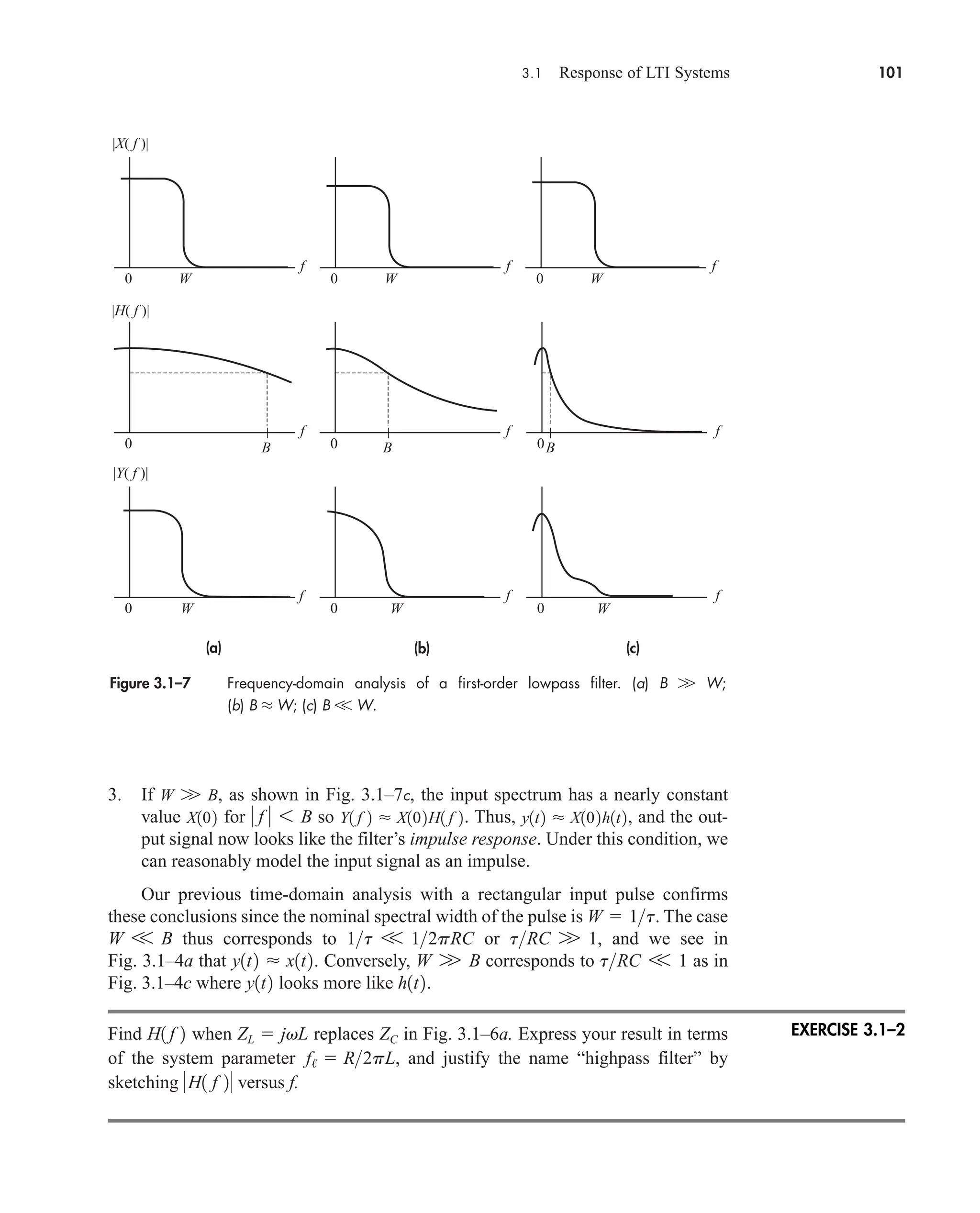 3.1 Response of LTI Systems 101
3. If , as shown in Fig. 3.1–7c, the input spectrum has a nearly constant
value for so . Thus, , and the out-
put signal now looks like the filter’s impulse response. Under this condition, we
can reasonably model the input signal as an impulse.
Our previous time-domain analysis with a rectangular input pulse confirms
these conclusions since the nominal spectral width of the pulse is . The case
thus corresponds to or , and we see in
Fig. 3.1–4a that . Conversely, corresponds to as in
Fig. 3.1–4c where looks more like .
Find when replaces in Fig. 3.1–6a. Express your result in terms
of the system parameter , and justify the name “highpass filter” by
sketching versus f.
H1 f 2
f/  R2pL
ZC
ZL  jvL
H1 f 2
h1t2
y1t2
tRC V 1
W W B
y1t2  x1t2
tRC W 1
1t V 12pRC
W V B
W  1t
y1t2  X102h1t2
Y1 f 2  X102H1 f 2
 f  6 B
X102
W W B
Figure 3.1–7 Frequency-domain analysis of a first-order lowpass filter. (a) B W W;
(b) B L W; (c) B V W.
f
0
|X( f )|
|H( f )|
|Y( f )|
W
f
0
f
0 0
B
0
f
f
f
0 0
W W W
B B
f
0 W
f
0 W
(a) (b) (c)
f
EXERCISE 3.1–2
car80407_ch03_091-160.qxd 12/8/08 11:15 PM Page 101
 