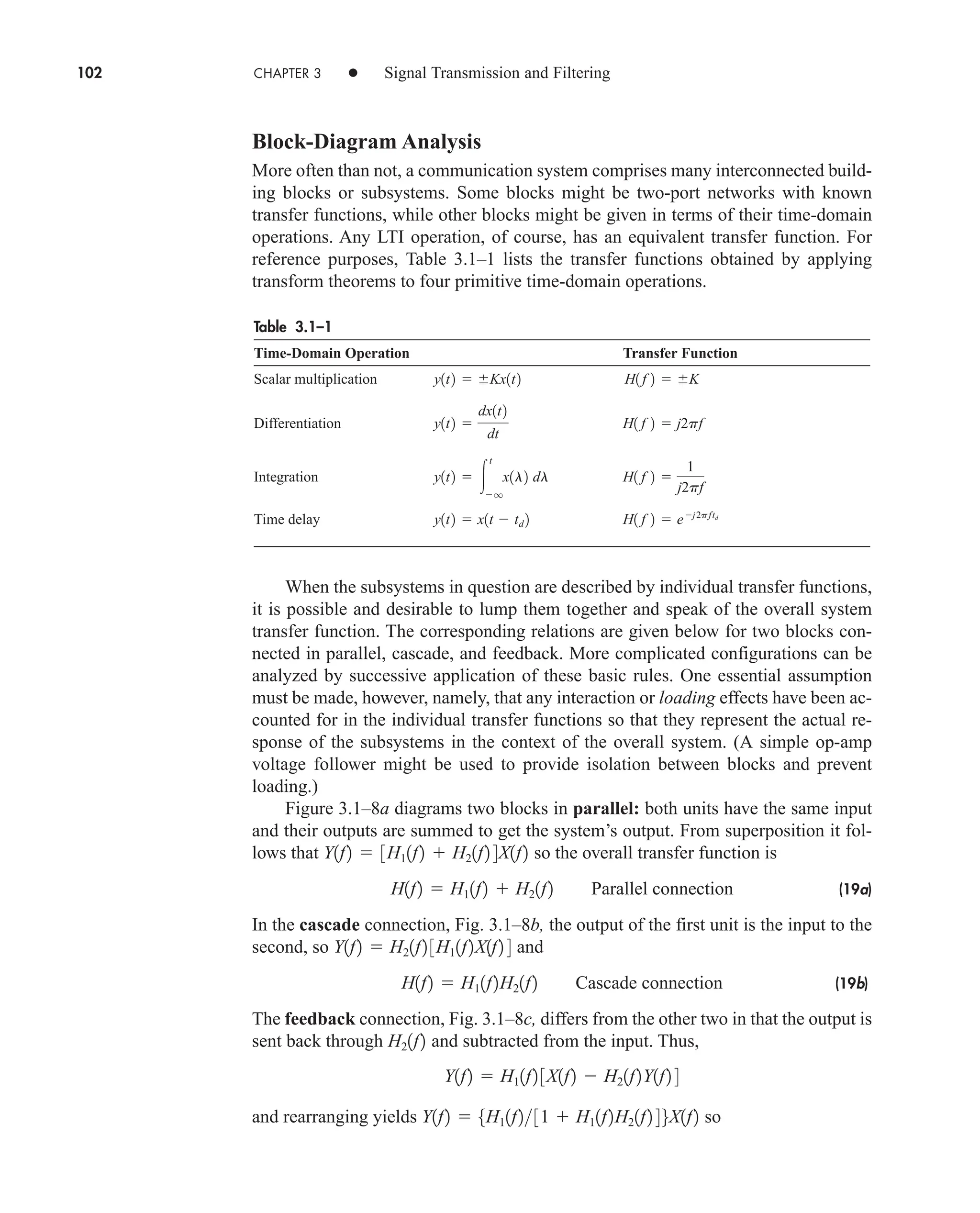 102 CHAPTER 3 • Signal Transmission and Filtering
Block-Diagram Analysis
More often than not, a communication system comprises many interconnected build-
ing blocks or subsystems. Some blocks might be two-port networks with known
transfer functions, while other blocks might be given in terms of their time-domain
operations. Any LTI operation, of course, has an equivalent transfer function. For
reference purposes, Table 3.1–1 lists the transfer functions obtained by applying
transform theorems to four primitive time-domain operations.
Table 3.1–1
Time-Domain Operation Transfer Function
Scalar multiplication
Differentiation
Integration
Time delay H1 f 2  ej2pftd
y1t2  x1t  td 2
H1 f 2 
1
j2pf
y1t2  
t
q
x1l2 dl
H1 f 2  j2pf
y1t2 
dx1t2
dt
H1 f 2  K
y1t2  Kx1t2
When the subsystems in question are described by individual transfer functions,
it is possible and desirable to lump them together and speak of the overall system
transfer function. The corresponding relations are given below for two blocks con-
nected in parallel, cascade, and feedback. More complicated configurations can be
analyzed by successive application of these basic rules. One essential assumption
must be made, however, namely, that any interaction or loading effects have been ac-
counted for in the individual transfer functions so that they represent the actual re-
sponse of the subsystems in the context of the overall system. (A simple op-amp
voltage follower might be used to provide isolation between blocks and prevent
loading.)
Figure 3.1–8a diagrams two blocks in parallel: both units have the same input
and their outputs are summed to get the system’s output. From superposition it fol-
lows that so the overall transfer function is
(19a)
In the cascade connection, Fig. 3.1–8b, the output of the first unit is the input to the
second, so and
(19b)
The feedback connection, Fig. 3.1–8c, differs from the other two in that the output is
sent back through and subtracted from the input. Thus,
and rearranging yields so
Y1f2  5H11f231  H11f2H21f2 46X1f2
Y1f2  H11f2 3X1f2  H21f2Y1f2 4
H21f2
H1f2  H11f2H21f2 Cascade connection
Y1f2  H21f2 3H11f2X1f2 4
H1f2  H11f2  H21f2 Parallel connection
Y1f2  3H11f2  H21f2 4X1f2
car80407_ch03_091-160.qxd 12/8/08 11:15 PM Page 102
 