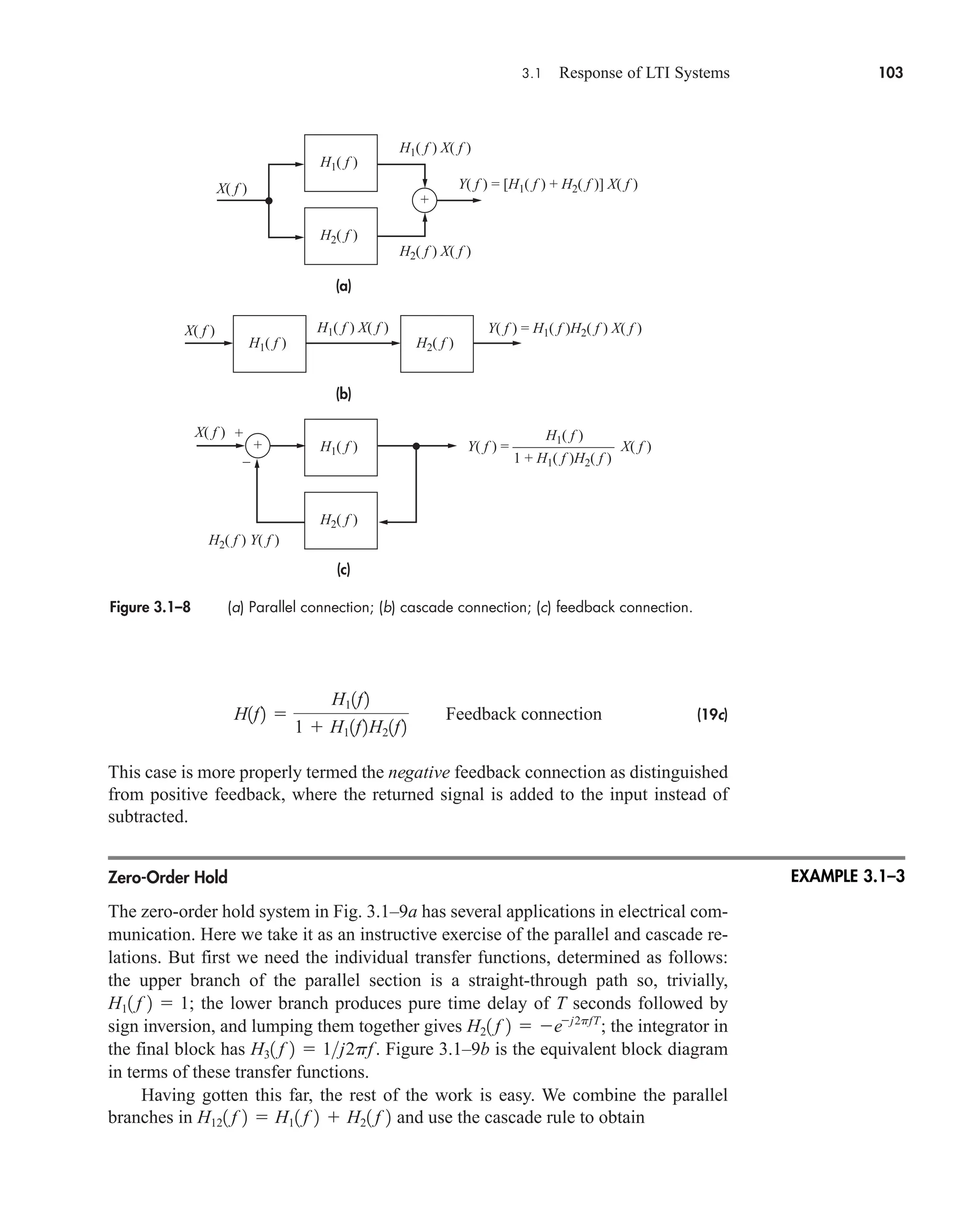 3.1 Response of LTI Systems 103
Figure 3.1–8 (a) Parallel connection; (b) cascade connection; (c) feedback connection.
(19c)
This case is more properly termed the negative feedback connection as distinguished
from positive feedback, where the returned signal is added to the input instead of
subtracted.
Zero-Order Hold
The zero-order hold system in Fig. 3.1–9a has several applications in electrical com-
munication. Here we take it as an instructive exercise of the parallel and cascade re-
lations. But first we need the individual transfer functions, determined as follows:
the upper branch of the parallel section is a straight-through path so, trivially,
; the lower branch produces pure time delay of T seconds followed by
sign inversion, and lumping them together gives ; the integrator in
the final block has . Figure 3.1–9b is the equivalent block diagram
in terms of these transfer functions.
Having gotten this far, the rest of the work is easy. We combine the parallel
branches in and use the cascade rule to obtain
H121 f 2  H11 f 2  H21 f 2
H31 f 2  1j2pf
H21 f 2  ej2pfT
H11 f 2  1
H1f2 
H11f2
1  H11f2H21f2
Feedback connection
+
–
(a)
(b)
(c)
+
+
H1( f )
H1( f ) X( f )
H2( f ) X( f )
H1( f ) X( f )
H2( f ) Y( f )
H1( f )
Y( f ) = [H1( f ) + H2( f )] X( f )
1 + H1( f )H2( f )
Y( f ) = ––––––––––––––––– X( f )
Y( f ) = H1( f )H2( f ) X( f )
X( f )
X( f )
X( f )
H1( f ) H2( f )
H2( f )
H1( f )
H2( f )
EXAMPLE 3.1–3
car80407_ch03_091-160.qxd 12/8/08 11:15 PM Page 103
 