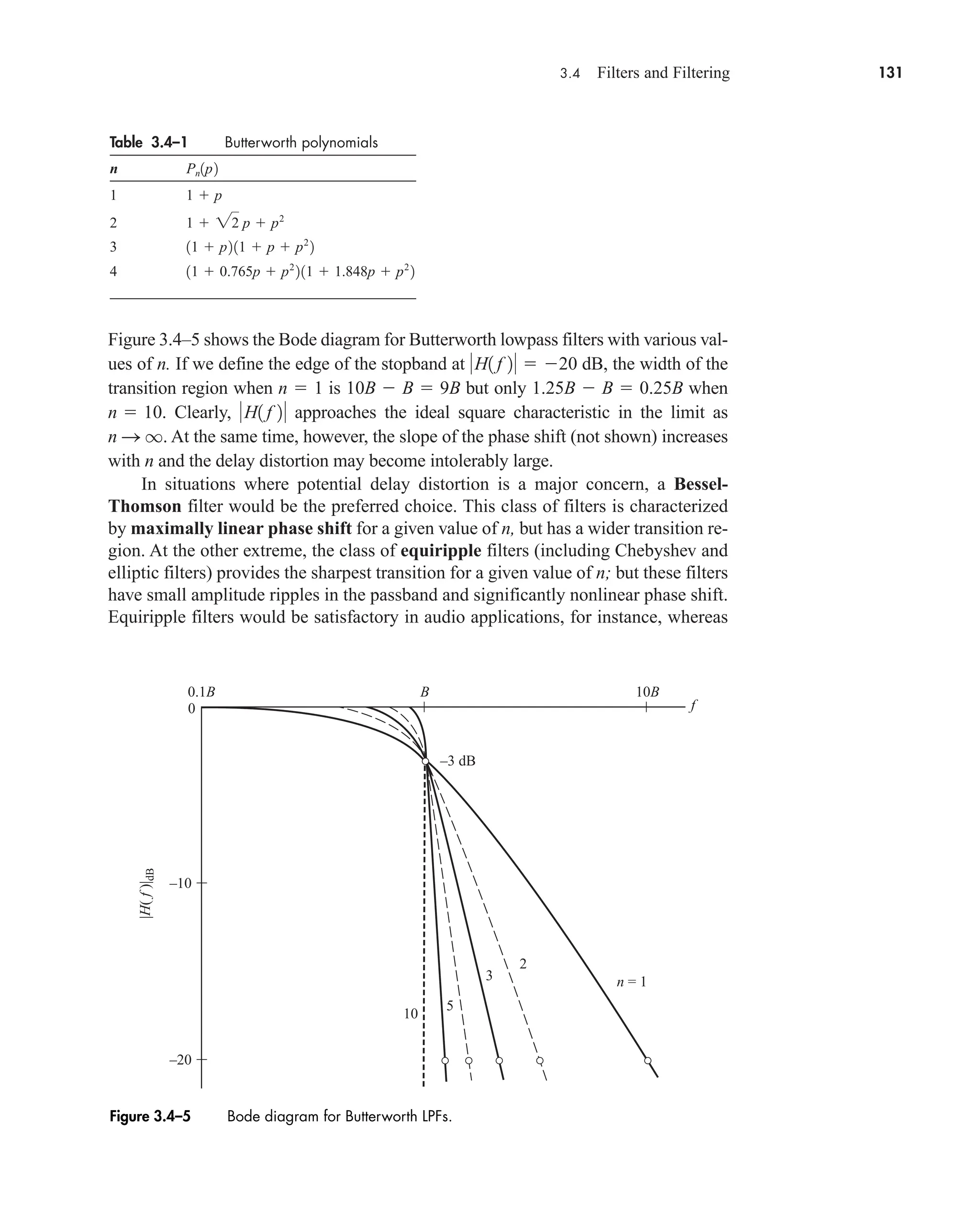 3.4 Filters and Filtering 131
Figure 3.4–5 shows the Bode diagram for Butterworth lowpass filters with various val-
ues of n. If we define the edge of the stopband at dB, the width of the
transition region when is but only when
. Clearly, approaches the ideal square characteristic in the limit as
. At the same time, however, the slope of the phase shift (not shown) increases
with n and the delay distortion may become intolerably large.
In situations where potential delay distortion is a major concern, a Bessel-
Thomson filter would be the preferred choice. This class of filters is characterized
by maximally linear phase shift for a given value of n, but has a wider transition re-
gion. At the other extreme, the class of equiripple filters (including Chebyshev and
elliptic filters) provides the sharpest transition for a given value of n; but these filters
have small amplitude ripples in the passband and significantly nonlinear phase shift.
Equiripple filters would be satisfactory in audio applications, for instance, whereas
n S q
H1 f 2
n  10
1.25B  B  0.25B
10B  B  9B
n  1
H1 f 2  20
Table 3.4–1 Butterworth polynomials
n
1
2
3
4 11  0.765p  p2
211  1.848p  p2
2
11  p211  p  p2
2
1  22 p  p2
1  p
Pn1p2
–10
–3 dB
–20
0 f
B 10B
0.1B
|H(
f
)|
dB
10
5
3
2
n = 1
Figure 3.4–5 Bode diagram for Butterworth LPFs.
car80407_ch03_091-160.qxd 12/8/08 11:15 PM Page 131
 