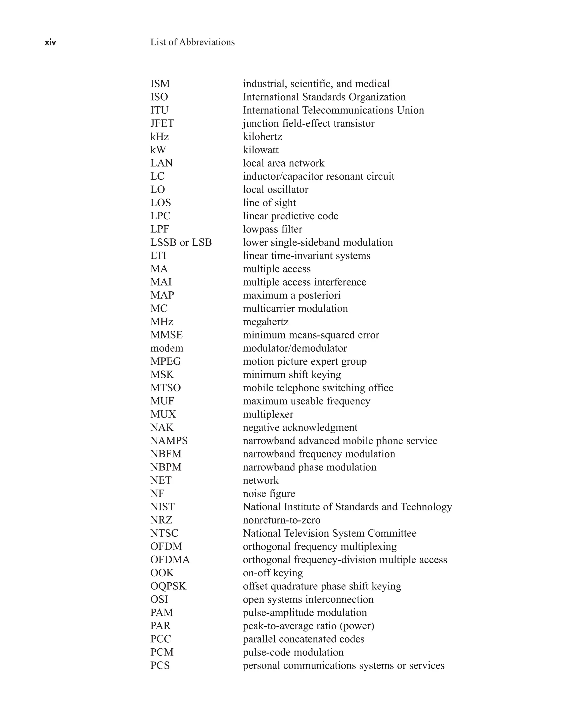 xiv List of Abbreviations
ISM industrial, scientific, and medical
ISO International Standards Organization
ITU International Telecommunications Union
JFET junction field-effect transistor
kHz kilohertz
kW kilowatt
LAN local area network
LC inductor/capacitor resonant circuit
LO local oscillator
LOS line of sight
LPC linear predictive code
LPF lowpass filter
LSSB or LSB lower single-sideband modulation
LTI linear time-invariant systems
MA multiple access
MAI multiple access interference
MAP maximum a posteriori
MC multicarrier modulation
MHz megahertz
MMSE minimum means-squared error
modem modulator/demodulator
MPEG motion picture expert group
MSK minimum shift keying
MTSO mobile telephone switching office
MUF maximum useable frequency
MUX multiplexer
NAK negative acknowledgment
NAMPS narrowband advanced mobile phone service
NBFM narrowband frequency modulation
NBPM narrowband phase modulation
NET network
NF noise figure
NIST National Institute of Standards and Technology
NRZ nonreturn-to-zero
NTSC National Television System Committee
OFDM orthogonal frequency multiplexing
OFDMA orthogonal frequency-division multiple access
OOK on-off keying
OQPSK offset quadrature phase shift keying
OSI open systems interconnection
PAM pulse-amplitude modulation
PAR peak-to-average ratio (power)
PCC parallel concatenated codes
PCM pulse-code modulation
PCS personal communications systems or services
car80407_fm_i-xx.qxd 9/1/09 8:59 AM Page xiv
 