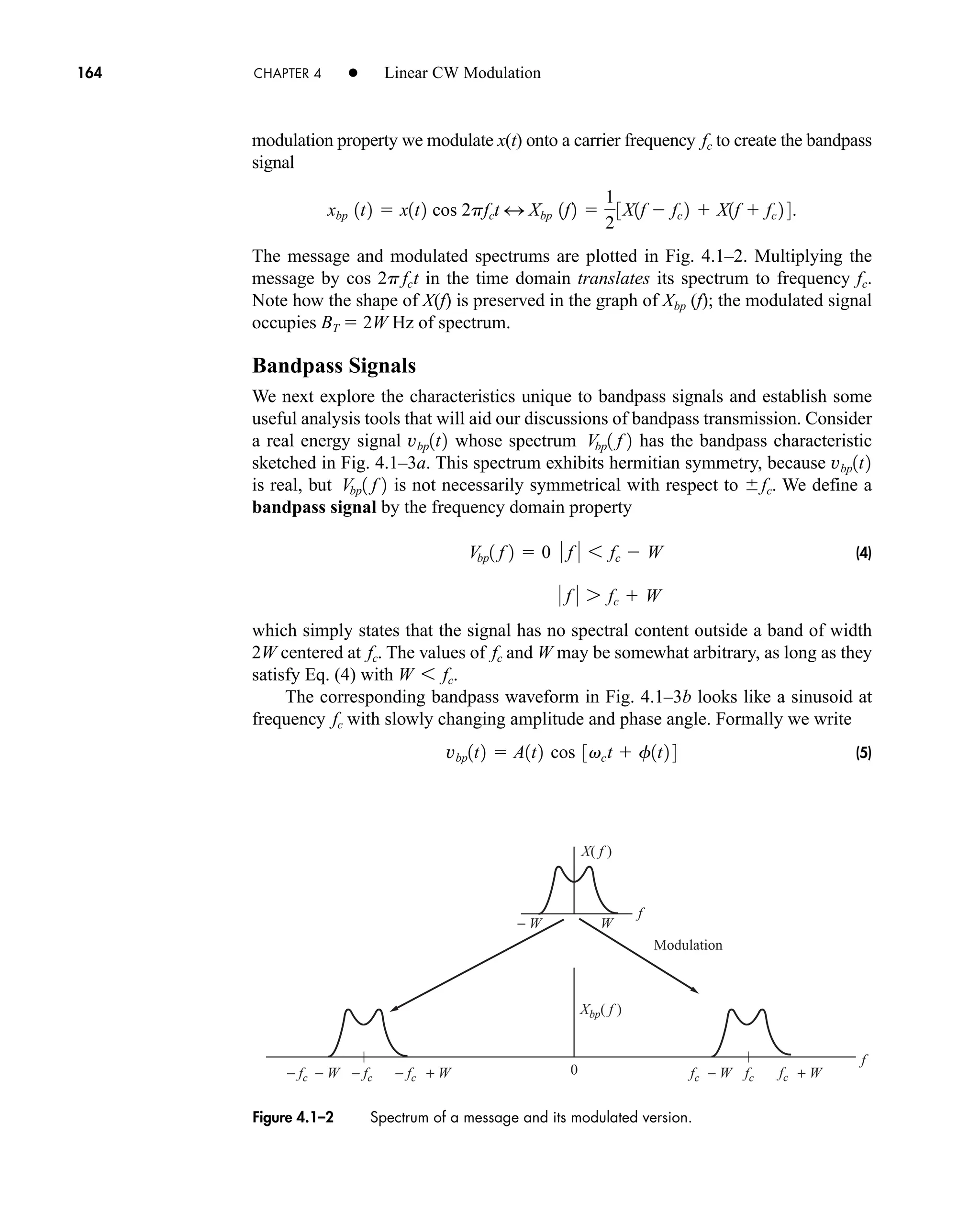 f
f
0
− W
− W W
− W
+ W + W
− fc
− fc − fc fc fc fc
Modulation
Xbp( f )
X( f )
modulation property we modulate x(t) onto a carrier frequency to create the bandpass
signal
The message and modulated spectrums are plotted in Fig. 4.1–2. Multiplying the
message by cos 2p t in the time domain translates its spectrum to frequency fc.
Note how the shape of X(f) is preserved in the graph of Xbp (f); the modulated signal
occupies BT  2W Hz of spectrum.
Bandpass Signals
We next explore the characteristics unique to bandpass signals and establish some
useful analysis tools that will aid our discussions of bandpass transmission. Consider
a real energy signal whose spectrum has the bandpass characteristic
sketched in Fig. 4.1–3a. This spectrum exhibits hermitian symmetry, because
is real, but is not necessarily symmetrical with respect to . We define a
bandpass signal by the frequency domain property
(4)
which simply states that the signal has no spectral content outside a band of width
2W centered at . The values of and W may be somewhat arbitrary, as long as they
satisfy Eq. (4) with .
The corresponding bandpass waveform in Fig. 4.1–3b looks like a sinusoid at
frequency with slowly changing amplitude and phase angle. Formally we write
(5)
vbp1t2  A1t2 cos 3vct  f1t2 4
fc
W 6 fc
fc
fc
 f  7 fc  W
Vbp1 f 2  0  f  6 fc  W
fc
Vbp1 f 2
vbp1t2
Vbp1 f 2
vbp1t2
fc
xbp 1t2  x1t2 cos 2pfct 4 Xbp 1f2 
1
2
3X1f  fc 2  X1f  fc 2 4.
fc
164 CHAPTER 4 • Linear CW Modulation
Figure 4.1–2 Spectrum of a message and its modulated version.
car80407_ch04_161-206.qxd 1/15/09 4:19 PM Page 164
Rev.Confirming Pages
 