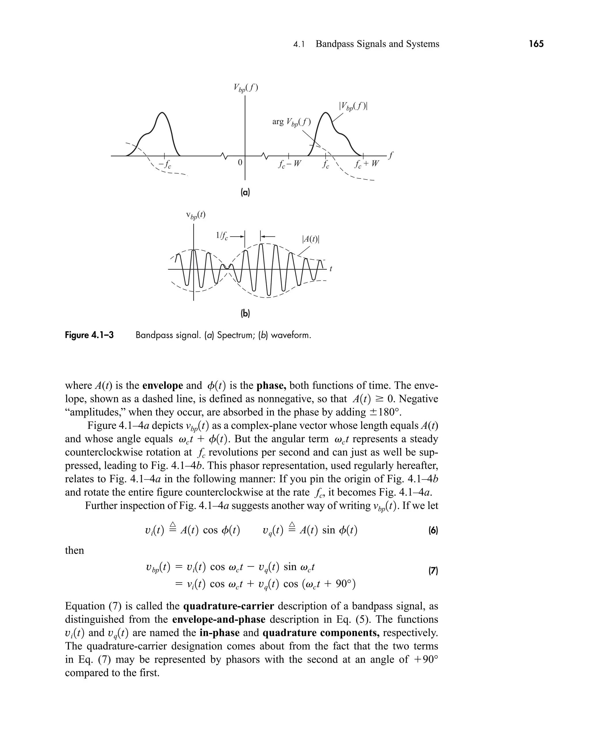 (a)
(b)
|A(t)|
0
– fc fc – W fc + W
fc
f
t
Vbp( f )
|Vbp( f )|
vbp(t)
arg Vbp( f )
1/fc
4.1 Bandpass Signals and Systems 165
Figure 4.1–3 Bandpass signal. (a) Spectrum; (b) waveform.
where A(t) is the envelope and is the phase, both functions of time. The enve-
lope, shown as a dashed line, is defined as nonnegative, so that . Negative
“amplitudes,” when they occur, are absorbed in the phase by adding .
Figure 4.1–4a depicts as a complex-plane vector whose length equals A(t)
and whose angle equals . But the angular term represents a steady
counterclockwise rotation at revolutions per second and can just as well be sup-
pressed, leading to Fig. 4.1–4b. This phasor representation, used regularly hereafter,
relates to Fig. 4.1–4a in the following manner: If you pin the origin of Fig. 4.1–4b
and rotate the entire figure counterclockwise at the rate , it becomes Fig. 4.1–4a.
Further inspection of Fig. 4.1–4a suggests another way of writing . If we let
(6)
then
(7)
Equation (7) is called the quadrature-carrier description of a bandpass signal, as
distinguished from the envelope-and-phase description in Eq. (5). The functions
and are named the in-phase and quadrature components, respectively.
The quadrature-carrier designation comes about from the fact that the two terms
in Eq. (7) may be represented by phasors with the second at an angle of
compared to the first.
90°
vq1t2
vi 1t2
 vi 1t2 cos vct  vq1t2 cos 1vct  90°2
vbp1t2  vi1t2 cos vct  vq1t2 sin vct
vi1t2 
^
A1t2 cos f1t2 vq1t2 
^
A1t2 sin f1t2
vbp1t2
fc
fc
vct
vct  f1t2
vbp1t2
180°
A1t2  0
f1t2
car80407_ch04_161-206.qxd 1/15/09 4:19 PM Page 165
Rev.Confirming Pages
 