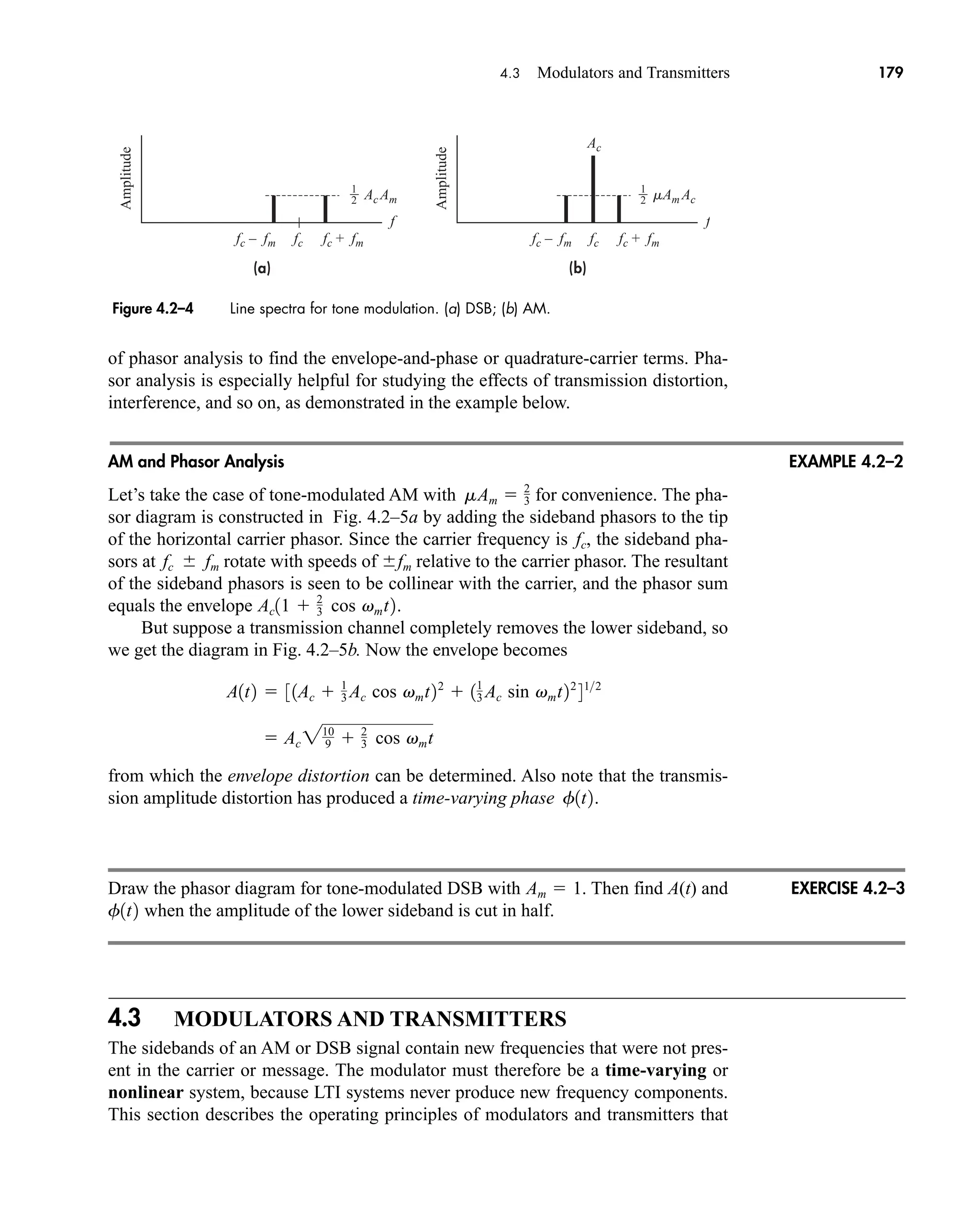 (a)
 Ac Am  mAm Ac
Ac
Amplitude
fc + fm
fc
fc – fm fc + fm
fc
fc – fm
f
(b)
Amplitude
f
1
2
1
2
4.3 Modulators and Transmitters 179
of phasor analysis to find the envelope-and-phase or quadrature-carrier terms. Pha-
sor analysis is especially helpful for studying the effects of transmission distortion,
interference, and so on, as demonstrated in the example below.
AM and Phasor Analysis
Let’s take the case of tone-modulated AM with for convenience. The pha-
sor diagram is constructed in Fig. 4.2–5a by adding the sideband phasors to the tip
of the horizontal carrier phasor. Since the carrier frequency is , the sideband pha-
sors at rotate with speeds of relative to the carrier phasor. The resultant
of the sideband phasors is seen to be collinear with the carrier, and the phasor sum
equals the envelope .
But suppose a transmission channel completely removes the lower sideband, so
we get the diagram in Fig. 4.2–5b. Now the envelope becomes
from which the envelope distortion can be determined. Also note that the transmis-
sion amplitude distortion has produced a time-varying phase .
Draw the phasor diagram for tone-modulated DSB with . Then find A(t) and
when the amplitude of the lower sideband is cut in half.
4.3 MODULATORS AND TRANSMITTERS
The sidebands of an AM or DSB signal contain new frequencies that were not pres-
ent in the carrier or message. The modulator must therefore be a time-varying or
nonlinear system, because LTI systems never produce new frequency components.
This section describes the operating principles of modulators and transmitters that
f1t2
Am  1
f1t2
 Ac 210
9  2
3 cos vmt
A1t2  31Ac  1
3 Ac cos vmt22
 11
3 Ac sin vmt22
412
Ac11  2
3 cos vmt2
fm
fc  fm
fc
mAm  2
3
EXAMPLE 4.2–2
Figure 4.2–4 Line spectra for tone modulation. (a) DSB; (b) AM.
EXERCISE 4.2–3
car80407_ch04_161-206.qxd 1/16/09 10:13 AM Page 179
Rev.Confirming Pages
 