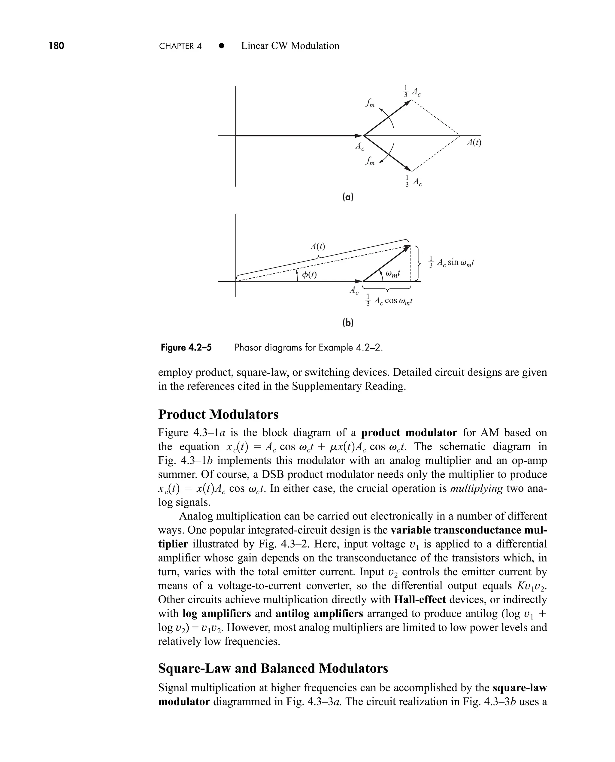 (a)
(b)
A(t)
A(t)
f(t) vmt
 Ac
fm
fm
Ac
Ac
 Ac sin vmt
 Ac cos vmt
 Ac
1
3
1
3
1
3
1
3
Figure 4.2–5 Phasor diagrams for Example 4.2–2.
180 CHAPTER 4 • Linear CW Modulation
employ product, square-law, or switching devices. Detailed circuit designs are given
in the references cited in the Supplementary Reading.
Product Modulators
Figure 4.3–1a is the block diagram of a product modulator for AM based on
the equation . The schematic diagram in
Fig. 4.3–1b implements this modulator with an analog multiplier and an op-amp
summer. Of course, a DSB product modulator needs only the multiplier to produce
. In either case, the crucial operation is multiplying two ana-
log signals.
Analog multiplication can be carried out electronically in a number of different
ways. One popular integrated-circuit design is the variable transconductance mul-
tiplier illustrated by Fig. 4.3–2. Here, input voltage is applied to a differential
amplifier whose gain depends on the transconductance of the transistors which, in
turn, varies with the total emitter current. Input controls the emitter current by
means of a voltage-to-current converter, so the differential output equals .
Other circuits achieve multiplication directly with Hall-effect devices, or indirectly
with log amplifiers and antilog amplifiers arranged to produce antilog (log v1 
log v2) = v1v2. However, most analog multipliers are limited to low power levels and
relatively low frequencies.
Square-Law and Balanced Modulators
Signal multiplication at higher frequencies can be accomplished by the square-law
modulator diagrammed in Fig. 4.3–3a. The circuit realization in Fig. 4.3–3b uses a
Kv1v2
v2
v1
xc1t2  x1t2Ac cos vct
xc1t2  Ac cos vct  mx1t2Ac cos vct
car80407_ch04_161-206.qxd 1/15/09 4:19 PM Page 180
Rev.Confirming Pages
 