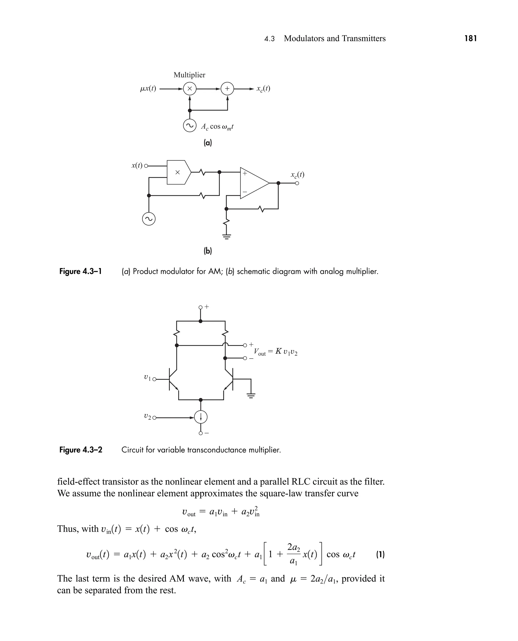 +
+
–
–
v1
v2
Vout  K v1v2
(a)
(b)
×
×
+ xc(t)
xc(t)
x(t)
mx(t)
Ac cos vmt
Multiplier
+
–
4.3 Modulators and Transmitters 181
field-effect transistor as the nonlinear element and a parallel RLC circuit as the filter.
We assume the nonlinear element approximates the square-law transfer curve
Thus, with ,
(1)
The last term is the desired AM wave, with and , provided it
can be separated from the rest.
m  2a2a1
Ac  a1
vout1t2  a1x1t2  a2x2
1t2  a2 cos2
vct  a1 c1 
2a2
a1
x1t2 d cos vct
vin1t2  x1t2  cos vct
vout  a1vin  a2vin
2
Figure 4.3–1 (a) Product modulator for AM; (b) schematic diagram with analog multiplier.
Figure 4.3–2 Circuit for variable transconductance multiplier.
car80407_ch04_161-206.qxd 1/15/09 4:19 PM Page 181
Rev.Confirming Pages
 