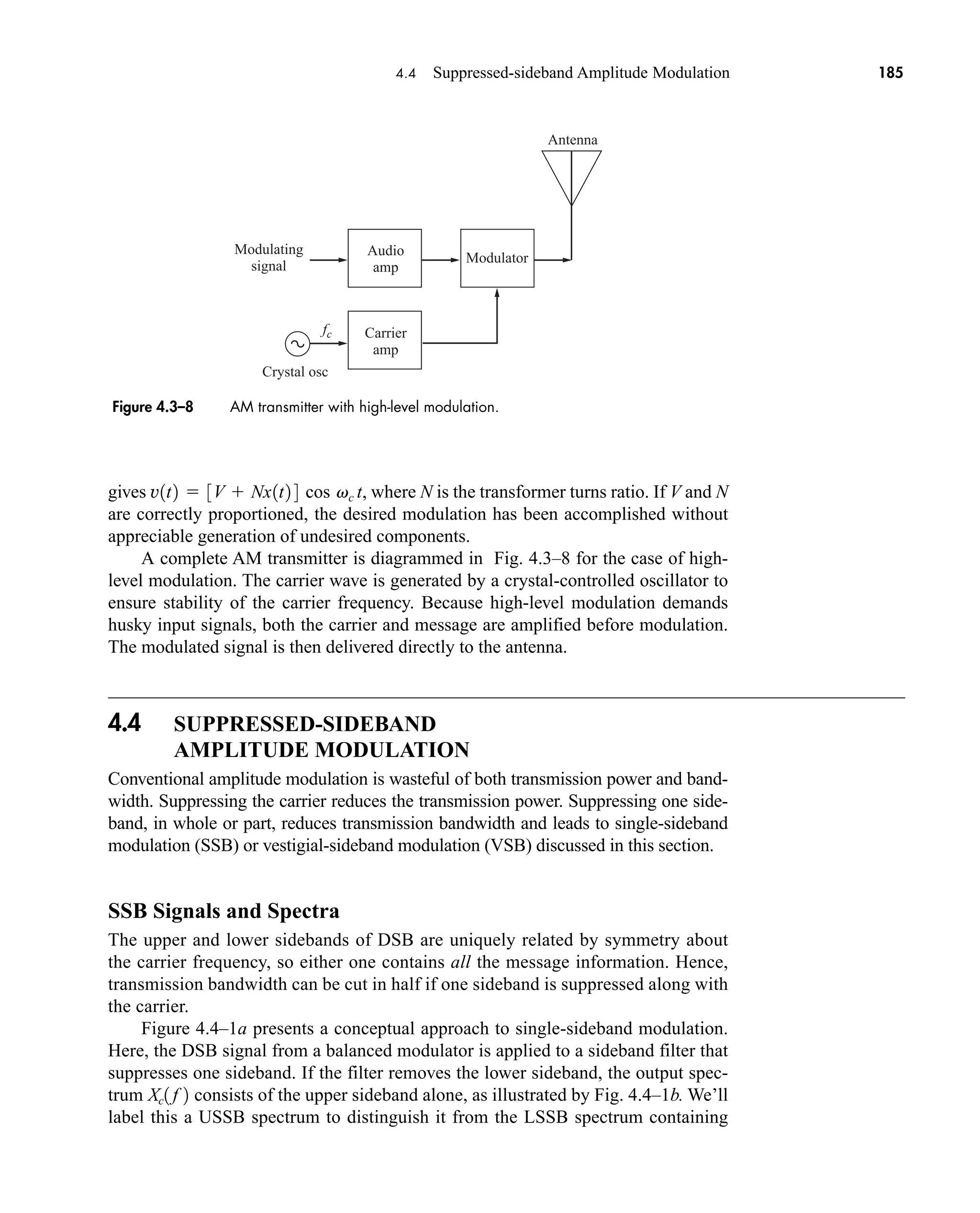 Audio
amp
Carrier
amp
Crystal osc
Modulating
signal
Antenna
Modulator
fc
Figure 4.3–8 AM transmitter with high-level modulation.
4.4 Suppressed-sideband Amplitude Modulation 185
gives , where N is the transformer turns ratio. If V and N
are correctly proportioned, the desired modulation has been accomplished without
appreciable generation of undesired components.
A complete AM transmitter is diagrammed in Fig. 4.3–8 for the case of high-
level modulation. The carrier wave is generated by a crystal-controlled oscillator to
ensure stability of the carrier frequency. Because high-level modulation demands
husky input signals, both the carrier and message are amplified before modulation.
The modulated signal is then delivered directly to the antenna.
4.4 SUPPRESSED-SIDEBAND
AMPLITUDE MODULATION
Conventional amplitude modulation is wasteful of both transmission power and band-
width. Suppressing the carrier reduces the transmission power. Suppressing one side-
band, in whole or part, reduces transmission bandwidth and leads to single-sideband
modulation (SSB) or vestigial-sideband modulation (VSB) discussed in this section.
SSB Signals and Spectra
The upper and lower sidebands of DSB are uniquely related by symmetry about
the carrier frequency, so either one contains all the message information. Hence,
transmission bandwidth can be cut in half if one sideband is suppressed along with
the carrier.
Figure 4.4–1a presents a conceptual approach to single-sideband modulation.
Here, the DSB signal from a balanced modulator is applied to a sideband filter that
suppresses one sideband. If the filter removes the lower sideband, the output spec-
trum consists of the upper sideband alone, as illustrated by Fig. 4.4–1b. We’ll
label this a USSB spectrum to distinguish it from the LSSB spectrum containing
Xc1 f 2
v1t2  3V  Nx1t2 4 cos vc t
car80407_ch04_161-206.qxd 1/15/09 4:19 PM Page 185
Rev.Confirming Pages
 