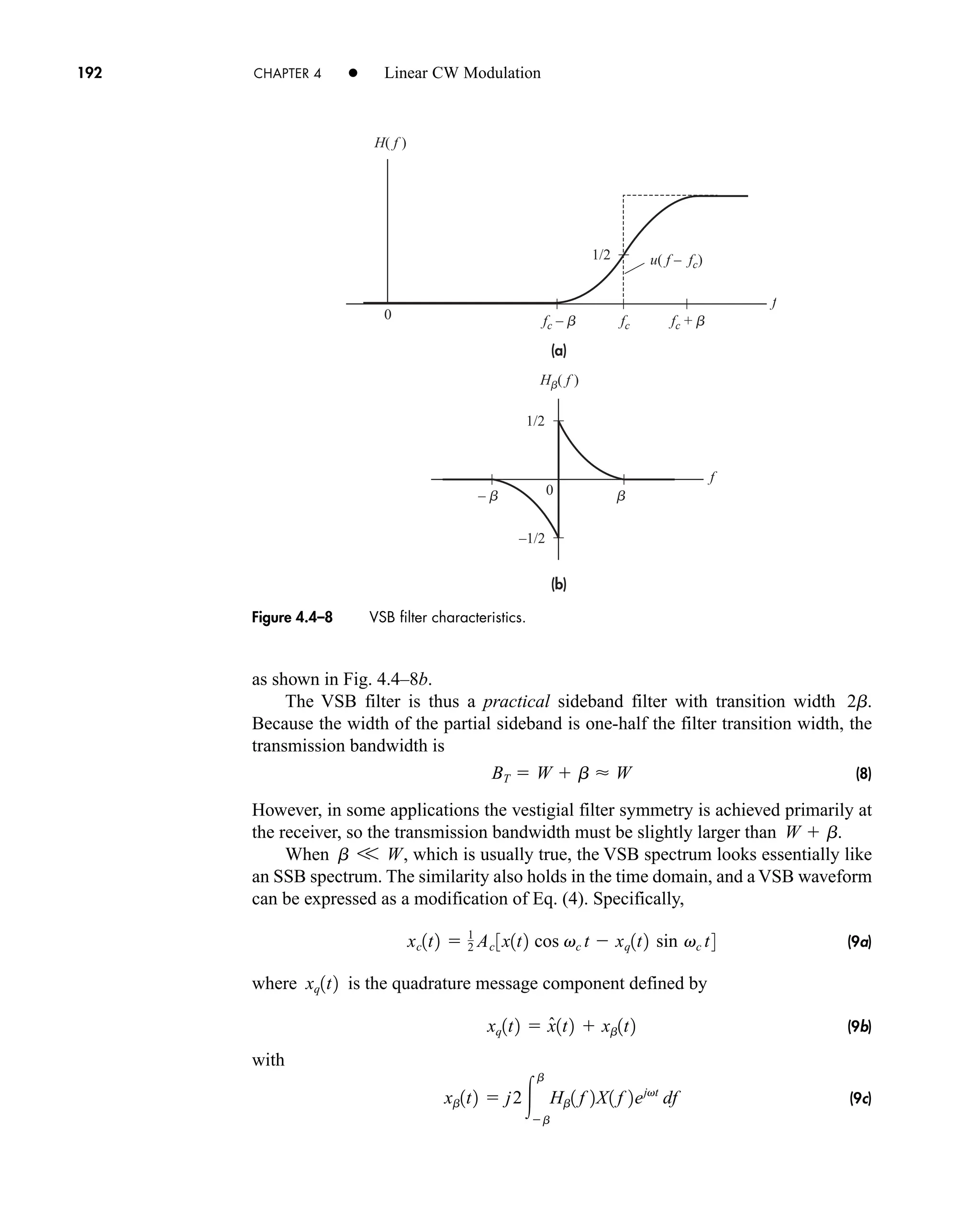 (a)
(b)
u( f – fc)
fc – b
b
– b
–1/2
fc + b
fc
f
f
0
0
Hb( f )
H( f )
1/2
1/2
Figure 4.4–8 VSB filter characteristics.
192 CHAPTER 4 • Linear CW Modulation
as shown in Fig. 4.4–8b.
The VSB filter is thus a practical sideband filter with transition width .
Because the width of the partial sideband is one-half the filter transition width, the
transmission bandwidth is
(8)
However, in some applications the vestigial filter symmetry is achieved primarily at
the receiver, so the transmission bandwidth must be slightly larger than .
When , which is usually true, the VSB spectrum looks essentially like
an SSB spectrum. The similarity also holds in the time domain, and a VSB waveform
can be expressed as a modification of Eq. (4). Specifically,
(9a)
where is the quadrature message component defined by
(9b)
with
(9c)
xb1t2  j2
b
b
Hb1 f 2X1 f 2ejvt
df
xq1t2  x̂1t2  xb1t2
xq1t2
xc1t2  1
2 Ac 3x1t2 cos vc t  xq1t2 sin vc t4
b V W
W  b
BT  W  b  W
2b
car80407_ch04_161-206.qxd 1/15/09 4:19 PM Page 192
Rev.Confirming Pages
 