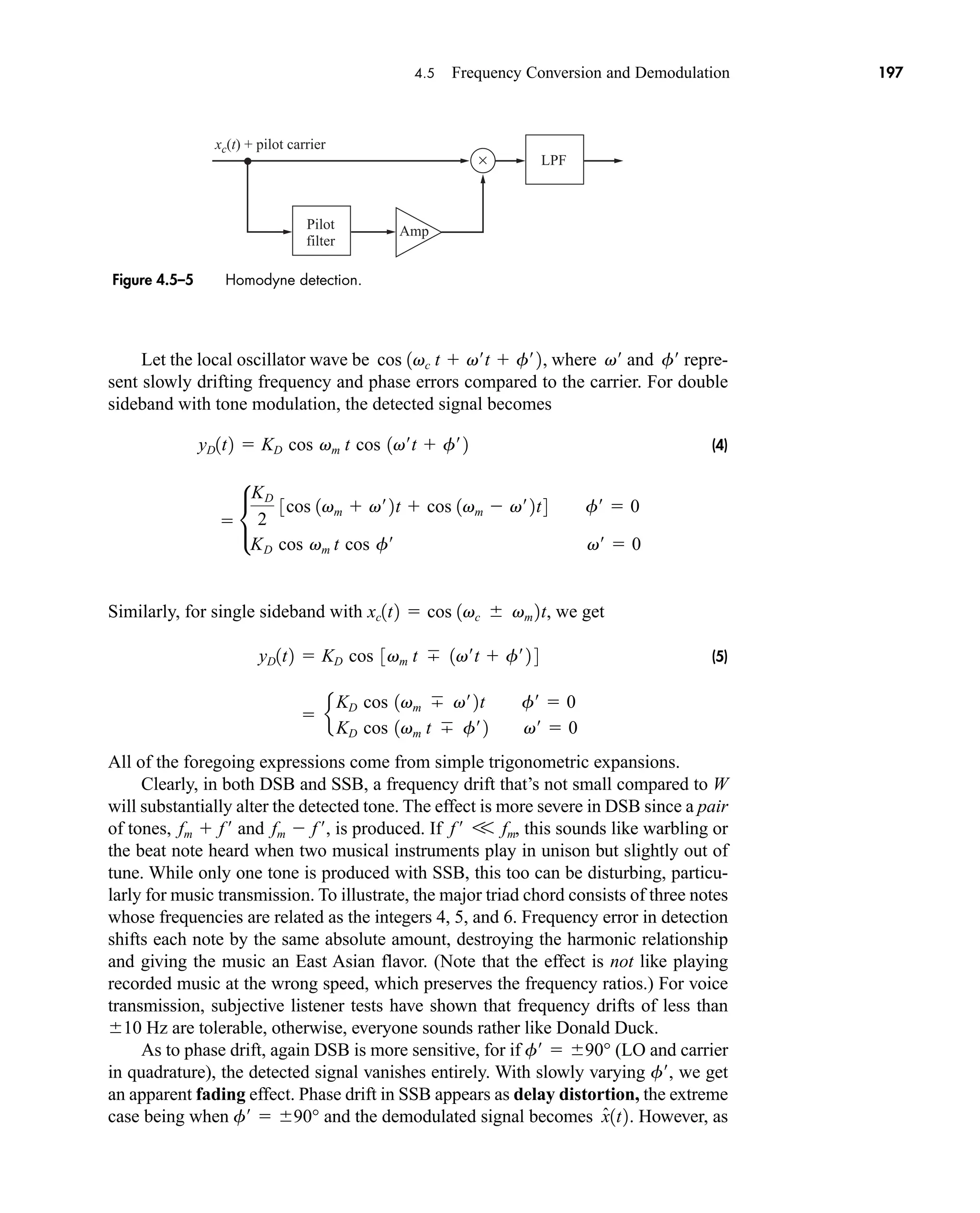 xc(t) + pilot carrier
× LPF
Amp
Pilot
filter
4.5 Frequency Conversion and Demodulation 197
Let the local oscillator wave be , where and repre-
sent slowly drifting frequency and phase errors compared to the carrier. For double
sideband with tone modulation, the detected signal becomes
(4)
Similarly, for single sideband with , we get
(5)
All of the foregoing expressions come from simple trigonometric expansions.
Clearly, in both DSB and SSB, a frequency drift that’s not small compared to W
will substantially alter the detected tone. The effect is more severe in DSB since a pair
of tones, and , is produced. If , this sounds like warbling or
the beat note heard when two musical instruments play in unison but slightly out of
tune. While only one tone is produced with SSB, this too can be disturbing, particu-
larly for music transmission. To illustrate, the major triad chord consists of three notes
whose frequencies are related as the integers 4, 5, and 6. Frequency error in detection
shifts each note by the same absolute amount, destroying the harmonic relationship
and giving the music an East Asian flavor. (Note that the effect is not like playing
recorded music at the wrong speed, which preserves the frequency ratios.) For voice
transmission, subjective listener tests have shown that frequency drifts of less than
Hz are tolerable, otherwise, everyone sounds rather like Donald Duck.
As to phase drift, again DSB is more sensitive, for if (LO and carrier
in quadrature), the detected signal vanishes entirely. With slowly varying , we get
an apparent fading effect. Phase drift in SSB appears as delay distortion, the extreme
case being when and the demodulated signal becomes . However, as
x̂1t2
f¿  90°
f¿
f¿  90°
10
f ¿ V fm
fm  f ¿
fm  f ¿
 e
KD cos 1vm v¿2t f¿  0
KD cos 1vm t f¿2 v¿  0
yD1t2  KD cos 3vm t 1v¿t  f¿2 4
xc1t2  cos 1vc  vm 2t
 •
KD
2
3cos 1vm  v¿2t  cos 1vm  v¿2t4 f¿  0
KD cos vm t cos f¿ v¿  0
yD1t2  KD cos vm t cos 1v¿t  f¿2
f¿
v¿
cos 1vc t  v¿t  f¿2
Figure 4.5–5 Homodyne detection.
car80407_ch04_161-206.qxd 1/15/09 4:19 PM Page 197
Rev.Confirming Pages
 