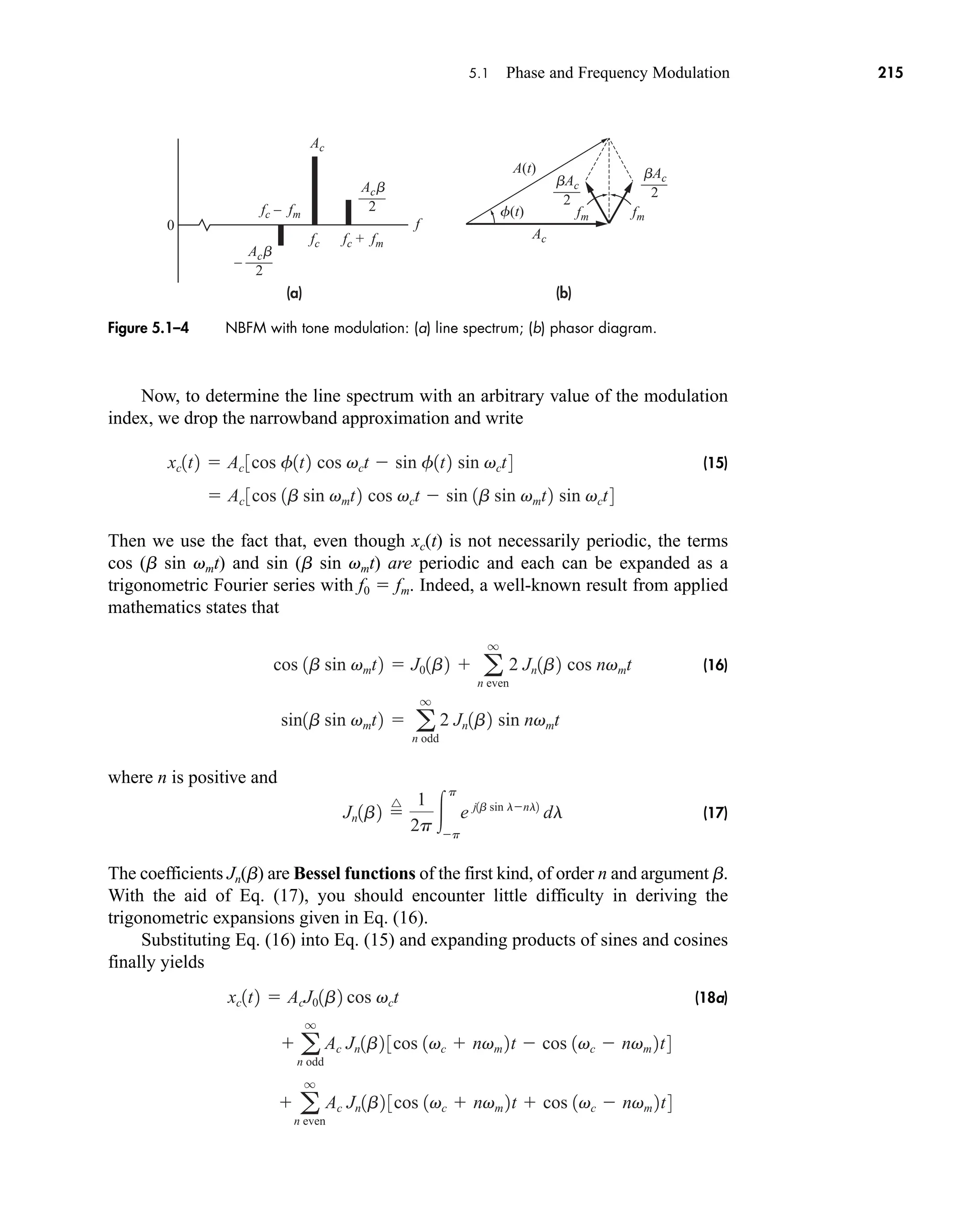 (a) (b)
f(t)
A(t)
fc + fm
fc – fm
fc
fm fm
Acb
Ac
Ac
f
0
–
2
bAc
2
bAc
2
Acb
2
Figure 5.1–4 NBFM with tone modulation: (a) line spectrum; (b) phasor diagram.
5.1 Phase and Frequency Modulation 215
Now, to determine the line spectrum with an arbitrary value of the modulation
index, we drop the narrowband approximation and write
(15)
Then we use the fact that, even though xc(t) is not necessarily periodic, the terms
cos (b sin vmt) and sin (b sin vmt) are periodic and each can be expanded as a
trigonometric Fourier series with f0  fm. Indeed, a well-known result from applied
mathematics states that
(16)
where n is positive and
(17)
The coefficients Jn(b) are Bessel functions of the first kind, of order n and argument b.
With the aid of Eq. (17), you should encounter little difficulty in deriving the
trigonometric expansions given in Eq. (16).
Substituting Eq. (16) into Eq. (15) and expanding products of sines and cosines
finally yields
(18a)
 a
q
n even
Ac Jn1b2 3cos 1vc  nvm 2t  cos 1vc  nvm 2t4
 a
q
n odd
Ac Jn1b2 3cos 1vc  nvm 2t  cos 1vc  nvm 2t4
xc1t2  AcJ01b2 cos vct
Jn1b2 
^ 1
2p 
p
p
e j1b sin lnl2
dl
sin1b sin vmt2  a
q
n odd
2 Jn1b2 sin nvmt
cos 1b sin vmt2  J01b2  a
q
n even
2 Jn1b2 cos nvmt
 Ac 3cos 1b sin vmt2 cos vct  sin 1b sin vmt2 sin vct4
xc1t2  Ac 3cos f1t2 cos vct  sin f1t2 sin vct4
car80407_ch05_207-256.qxd 12/8/08 10:49 PM Page 215
 