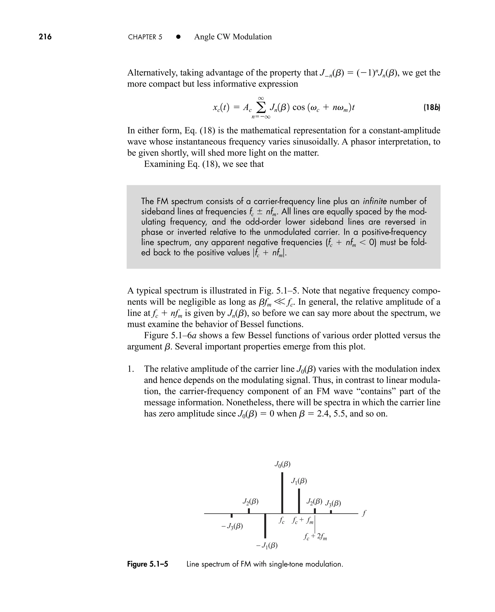 f
fc + fm
fc + 2fm
fc
J0(b)
J1(b)
J2(b) J3(b)
J2(b)
– J3(b)
– J1(b)
Figure 5.1–5 Line spectrum of FM with single-tone modulation.
216 CHAPTER 5 • Angle CW Modulation
Alternatively, taking advantage of the property that Jn(b)  (1)n
Jn(b), we get the
more compact but less informative expression
(18b)
In either form, Eq. (18) is the mathematical representation for a constant-amplitude
wave whose instantaneous frequency varies sinusoidally. A phasor interpretation, to
be given shortly, will shed more light on the matter.
Examining Eq. (18), we see that
The FM spectrum consists of a carrier-frequency line plus an infinite number of
sideband lines at frequencies fc  nfm. All lines are equally spaced by the mod-
ulating frequency, and the odd-order lower sideband lines are reversed in
phase or inverted relative to the unmodulated carrier. In a positive-frequency
line spectrum, any apparent negative frequencies (fc  nfm 0) must be fold-
ed back to the positive values fc  nfm.
A typical spectrum is illustrated in Fig. 5.1–5. Note that negative frequency compo-
nents will be negligible as long as bfm V fc. In general, the relative amplitude of a
line at fc  nfm is given by Jn(b), so before we can say more about the spectrum, we
must examine the behavior of Bessel functions.
Figure 5.1–6a shows a few Bessel functions of various order plotted versus the
argument b. Several important properties emerge from this plot.
1. The relative amplitude of the carrier line J0(b) varies with the modulation index
and hence depends on the modulating signal. Thus, in contrast to linear modula-
tion, the carrier-frequency component of an FM wave “contains” part of the
message information. Nonetheless, there will be spectra in which the carrier line
has zero amplitude since J0(b)  0 when b  2.4, 5.5, and so on.
xc1t2  Ac a
q
nq
Jn1b2 cos 1vc  nvm 2t
car80407_ch05_207-256.qxd 12/8/08 10:49 PM Page 216
 