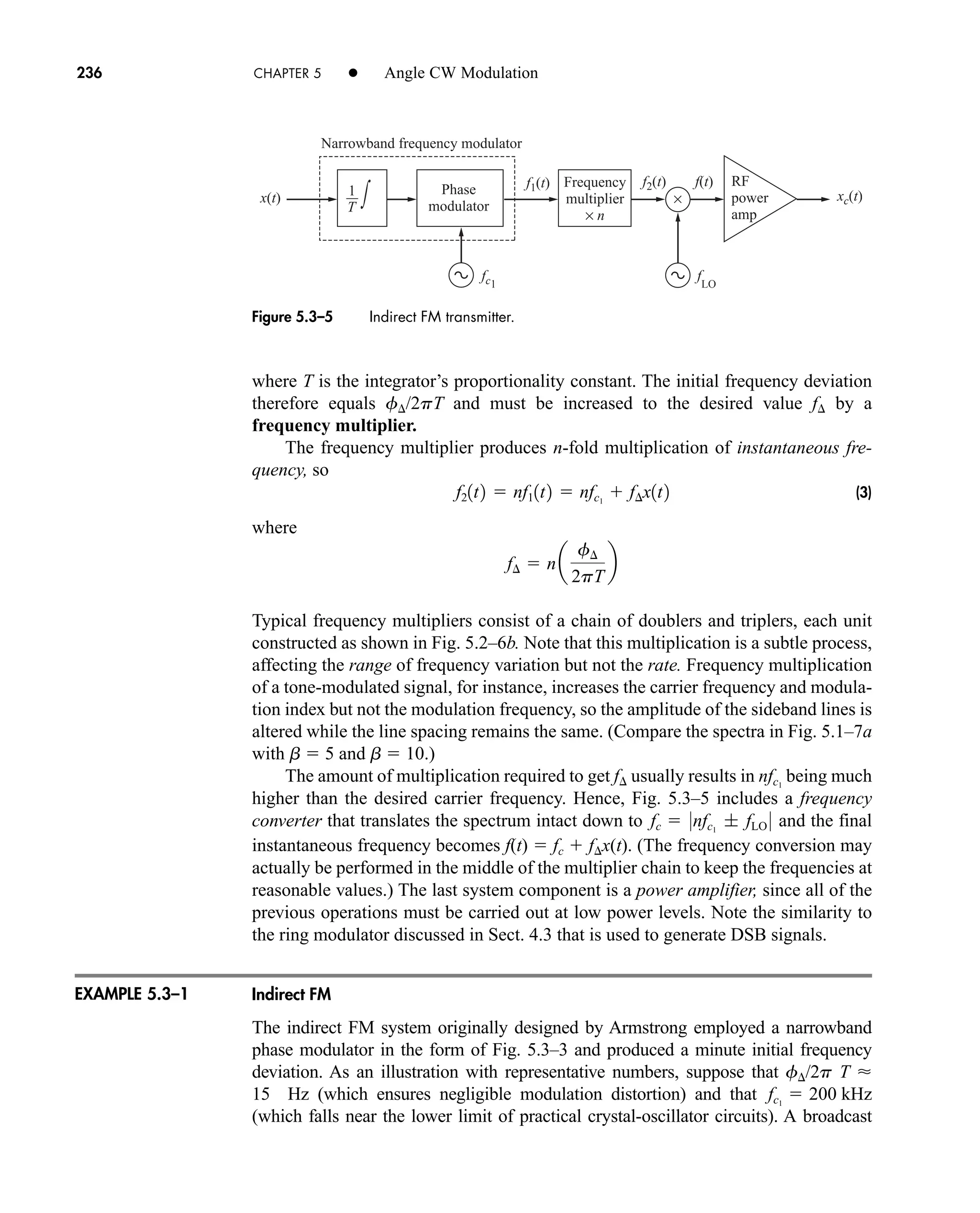 f1(t) f2(t) f(t)
xc(t)
x(t)
fc1
fLO
∫ ×
Frequency
multiplier
× n
RF
power
amp
Narrowband frequency modulator
Phase
modulator
T
1
236 CHAPTER 5 • Angle CW Modulation
where T is the integrator’s proportionality constant. The initial frequency deviation
therefore equals f/2pT and must be increased to the desired value f by a
frequency multiplier.
The frequency multiplier produces n-fold multiplication of instantaneous fre-
quency, so
(3)
where
Typical frequency multipliers consist of a chain of doublers and triplers, each unit
constructed as shown in Fig. 5.2–6b. Note that this multiplication is a subtle process,
affecting the range of frequency variation but not the rate. Frequency multiplication
of a tone-modulated signal, for instance, increases the carrier frequency and modula-
tion index but not the modulation frequency, so the amplitude of the sideband lines is
altered while the line spacing remains the same. (Compare the spectra in Fig. 5.1–7a
with b  5 and b  10.)
The amount of multiplication required to get f usually results in being much
higher than the desired carrier frequency. Hence, Fig. 5.3–5 includes a frequency
converter that translates the spectrum intact down to and the final
instantaneous frequency becomes f(t)  fc  fx(t). (The frequency conversion may
actually be performed in the middle of the multiplier chain to keep the frequencies at
reasonable values.) The last system component is a power amplifier, since all of the
previous operations must be carried out at low power levels. Note the similarity to
the ring modulator discussed in Sect. 4.3 that is used to generate DSB signals.
Indirect FM
The indirect FM system originally designed by Armstrong employed a narrowband
phase modulator in the form of Fig. 5.3–3 and produced a minute initial frequency
deviation. As an illustration with representative numbers, suppose that f/2p T 
15 Hz (which ensures negligible modulation distortion) and that
(which falls near the lower limit of practical crystal-oscillator circuits). A broadcast
fc1
 200 kHz
fc  0nfc1
; fLO 0
nfc1
f¢  na
f¢
2pT
b
f21t2  nf11t2  nfc1
 f¢x1t2
Figure 5.3–5 Indirect FM transmitter.
EXAMPLE 5.3–1
car80407_ch05_207-256.qxd 12/8/08 10:49 PM Page 236
 
