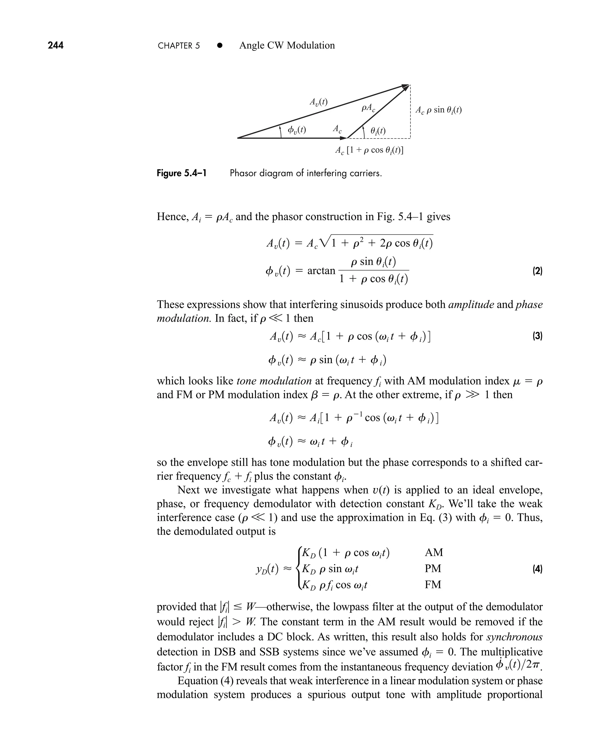 Av(t)
fv(t) ui(t)
Ac r sin ui(t)
Ac [1 + r cos ui(t)]
Ac
rAc
244 CHAPTER 5 • Angle CW Modulation
Hence, Ai  rAc and the phasor construction in Fig. 5.4–1 gives
(2)
These expressions show that interfering sinusoids produce both amplitude and phase
modulation. In fact, if r V 1 then
(3)
which looks like tone modulation at frequency fi with AM modulation index m  r
and FM or PM modulation index b  r. At the other extreme, if r 1 then
so the envelope still has tone modulation but the phase corresponds to a shifted car-
rier frequency fc  fi plus the constant fi.
Next we investigate what happens when v(t) is applied to an ideal envelope,
phase, or frequency demodulator with detection constant KD. We’ll take the weak
interference case (r V 1) and use the approximation in Eq. (3) with fi  0. Thus,
the demodulated output is
(4)
provided that fi  W—otherwise, the lowpass filter at the output of the demodulator
would reject fi W. The constant term in the AM result would be removed if the
demodulator includes a DC block. As written, this result also holds for synchronous
detection in DSB and SSB systems since we’ve assumed fi  0. The multiplicative
factor fi in the FM result comes from the instantaneous frequency deviation .
Equation (4) reveals that weak interference in a linear modulation system or phase
modulation system produces a spurious output tone with amplitude proportional
f
#
y1t22p
yD1t2  •
KD 11  r cos vit2 AM
KD r sin vit PM
KD r fi cos vit FM
fv1t2  vi t  fi
Av1t2  Ai 31  r1
cos 1vi t  fi 2 4
W
fv1t2  r sin 1vi t  fi 2
Av1t2  Ac 31  r cos 1vi t  fi 2 4
f v1t2  arctan
r sin ui1t2
1  r cos ui1t2
Av1t2  Ac 21  r2
 2r cos ui1t2
Figure 5.4–1 Phasor diagram of interfering carriers.
car80407_ch05_207-256.qxd 12/8/08 10:49 PM Page 244
 