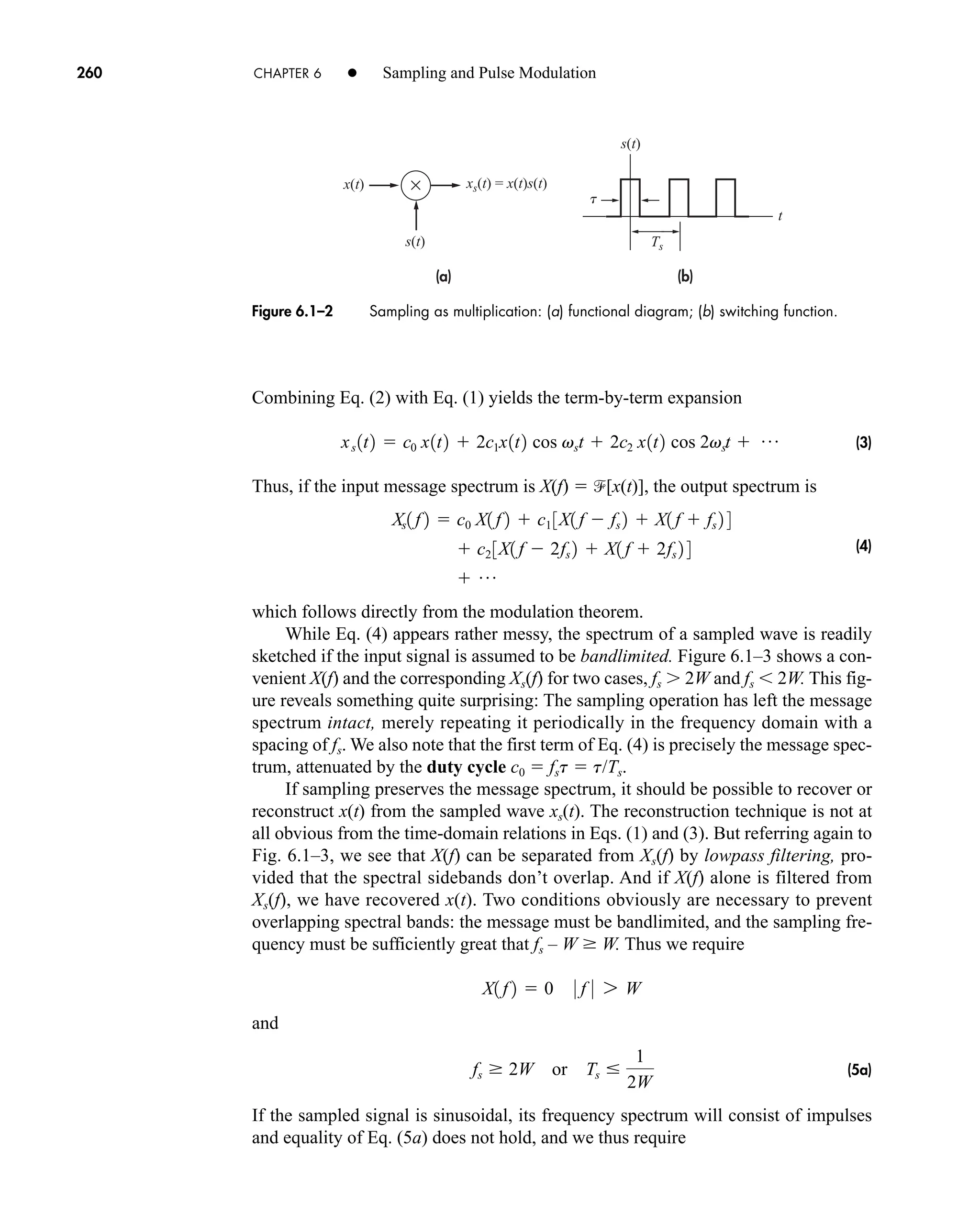 (b)
(a)
xs(t) = x(t)s(t)
x(t)
s(t)
s(t)
t
Ts
t
×
Figure 6.1–2 Sampling as multiplication: (a) functional diagram; (b) switching function.
260 CHAPTER 6 • Sampling and Pulse Modulation
Combining Eq. (2) with Eq. (1) yields the term-by-term expansion
(3)
Thus, if the input message spectrum is X(f)  [x(t)], the output spectrum is
(4)
which follows directly from the modulation theorem.
While Eq. (4) appears rather messy, the spectrum of a sampled wave is readily
sketched if the input signal is assumed to be bandlimited. Figure 6.1–3 shows a con-
venient X(f) and the corresponding Xs(f) for two cases, fs  2W and fs  2W. This fig-
ure reveals something quite surprising: The sampling operation has left the message
spectrum intact, merely repeating it periodically in the frequency domain with a
spacing of fs. We also note that the first term of Eq. (4) is precisely the message spec-
trum, attenuated by the duty cycle c0  fst  t/Ts.
If sampling preserves the message spectrum, it should be possible to recover or
reconstruct x(t) from the sampled wave xs(t). The reconstruction technique is not at
all obvious from the time-domain relations in Eqs. (1) and (3). But referring again to
Fig. 6.1–3, we see that X(f) can be separated from Xs(f) by lowpass filtering, pro-
vided that the spectral sidebands don’t overlap. And if X(f) alone is filtered from
Xs(f), we have recovered x(t). Two conditions obviously are necessary to prevent
overlapping spectral bands: the message must be bandlimited, and the sampling fre-
quency must be sufficiently great that fs – W  W. Thus we require
and
(5a)
If the sampled signal is sinusoidal, its frequency spectrum will consist of impulses
and equality of Eq. (5a) does not hold, and we thus require
fs  2W or Ts 
1
2W
X1 f 2  0 0 f 0 7 W
Xs1 f 2  c0 X1 f 2  c1 3X1 f  fs 2  X1 f  fs 2 4
 c2 3X1 f  2fs 2  X1 f  2fs 2 4
 p

xs 1t2  c0 x1t2  2c1x1t2 cos vst  2c2 x1t2 cos 2vst  p
car80407_ch06_257-286.qxd 12/8/08 11:41 PM Page 260
 