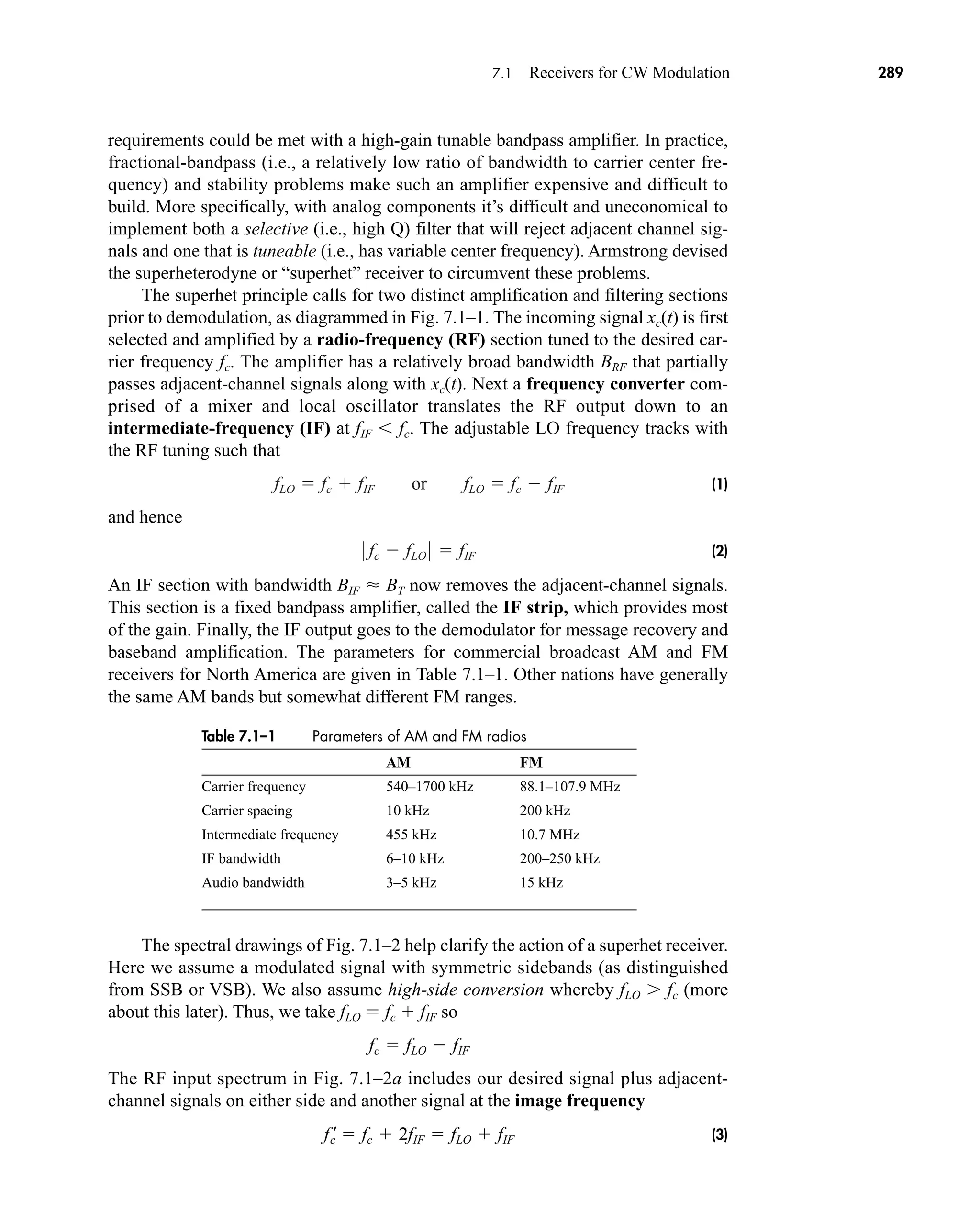 The spectral drawings of Fig. 7.1–2 help clarify the action of a superhet receiver.
Here we assume a modulated signal with symmetric sidebands (as distinguished
from SSB or VSB). We also assume high-side conversion whereby fLO  fc (more
about this later). Thus, we take fLO  fc  fIF so
The RF input spectrum in Fig. 7.1–2a includes our desired signal plus adjacent-
channel signals on either side and another signal at the image frequency
(3)
f ¿
c  fc  2fIF  fLO  fIF
fc  fLO  fIF
7.1 Receivers for CW Modulation 289
requirements could be met with a high-gain tunable bandpass amplifier. In practice,
fractional-bandpass (i.e., a relatively low ratio of bandwidth to carrier center fre-
quency) and stability problems make such an amplifier expensive and difficult to
build. More specifically, with analog components it’s difficult and uneconomical to
implement both a selective (i.e., high Q) filter that will reject adjacent channel sig-
nals and one that is tuneable (i.e., has variable center frequency). Armstrong devised
the superheterodyne or “superhet” receiver to circumvent these problems.
The superhet principle calls for two distinct amplification and filtering sections
prior to demodulation, as diagrammed in Fig. 7.1–1. The incoming signal xc(t) is first
selected and amplified by a radio-frequency (RF) section tuned to the desired car-
rier frequency fc. The amplifier has a relatively broad bandwidth BRF that partially
passes adjacent-channel signals along with xc(t). Next a frequency converter com-
prised of a mixer and local oscillator translates the RF output down to an
intermediate-frequency (IF) at fIF  fc. The adjustable LO frequency tracks with
the RF tuning such that
(1)
and hence
(2)
An IF section with bandwidth BIF  BT now removes the adjacent-channel signals.
This section is a fixed bandpass amplifier, called the IF strip, which provides most
of the gain. Finally, the IF output goes to the demodulator for message recovery and
baseband amplification. The parameters for commercial broadcast AM and FM
receivers for North America are given in Table 7.1–1. Other nations have generally
the same AM bands but somewhat different FM ranges.
0 fc  fLO 0  fIF
fLO  fc  fIF or fLO  fc  fIF
Table 7.1–1 Parameters of AM and FM radios
AM FM
Carrier frequency 540–1700 kHz 88.1–107.9 MHz
Carrier spacing 10 kHz 200 kHz
Intermediate frequency 455 kHz 10.7 MHz
IF bandwidth 6–10 kHz 200–250 kHz
Audio bandwidth 3–5 kHz 15 kHz
car80407_ch07_287-344.qxd 12/11/08 11:03 PM Page 289
 