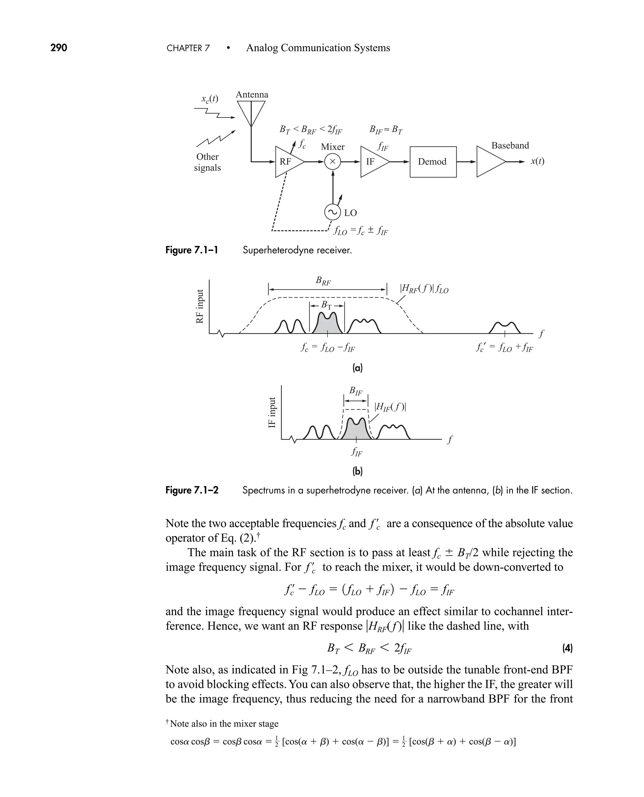 xc(t)
x(t)
fc fIF
BIF ≈ BT
BT  BRF  2fIF
fLO = fc ± fIF
RF IF
Other
signals
Antenna
LO
Mixer
Demod
Baseband
×
Figure 7.1–1 Superheterodyne receiver.
(a)
(b)
RF
input
IF
input
f
f
|HRF( f )| fLO
fc = fLO – fIF fc′ = fLO + fIF
BRF
fIF
BIF
BT
|HIF( f )|
Figure 7.1–2 Spectrums in a superhetrodyne receiver. (a) At the antenna, (b) in the IF section.
290 CHAPTER 7 • Analog Communication Systems
Note the two acceptable frequencies fc and are a consequence of the absolute value
operator of Eq. (2).†
The main task of the RF section is to pass at least fc  BT/2 while rejecting the
image frequency signal. For to reach the mixer, it would be down-converted to
and the image frequency signal would produce an effect similar to cochannel inter-
ference. Hence, we want an RF response HRF(f ) like the dashed line, with
(4)
Note also, as indicated in Fig 7.1–2, fLO has to be outside the tunable front-end BPF
to avoid blocking effects.You can also observe that, the higher the IF, the greater will
be the image frequency, thus reducing the need for a narrowband BPF for the front
BT 6 BRF 6 2fIF
f ¿
c  fLO  1 fLO  fIF 2  fLO  fIF
f œ
c
f œ
c
†
Note also in the mixer stage
cosa cosb  cosb cosa  [cos(a  b)  cos(a  b)]  [cos(b  a)  cos(b  a)]
1
2
1
2
car80407_ch07_287-344.qxd 12/16/08 6:10 PM Page 290
 