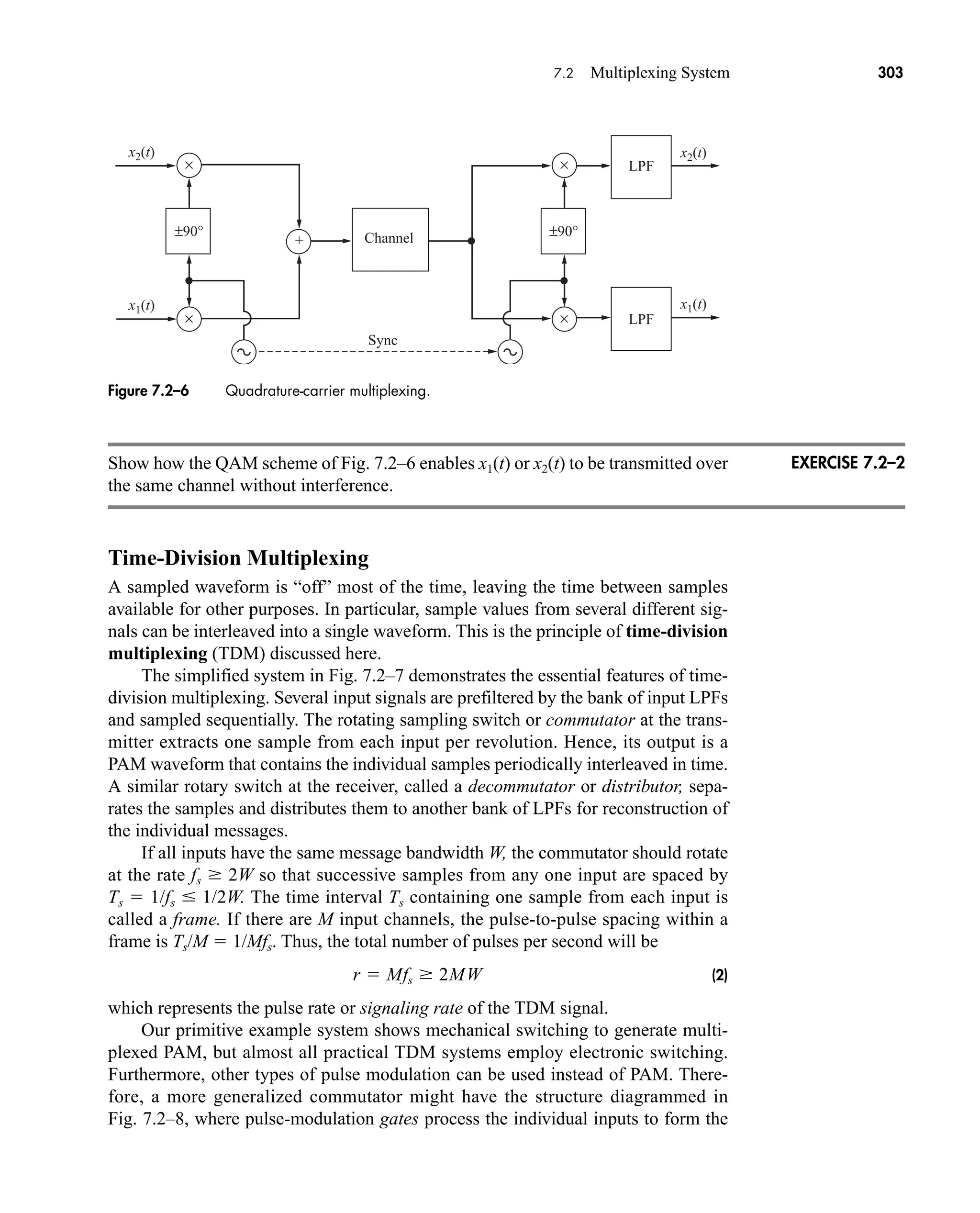 Sync
Channel
±90° ±90°
×
×
x2(t) x2(t)
x1(t)
x1(t)
×
×
+
LPF
LPF
7.2 Multiplexing System 303
Show how the QAM scheme of Fig. 7.2–6 enables x1(t) or x2(t) to be transmitted over
the same channel without interference.
Time-Division Multiplexing
A sampled waveform is “off” most of the time, leaving the time between samples
available for other purposes. In particular, sample values from several different sig-
nals can be interleaved into a single waveform. This is the principle of time-division
multiplexing (TDM) discussed here.
The simplified system in Fig. 7.2–7 demonstrates the essential features of time-
division multiplexing. Several input signals are prefiltered by the bank of input LPFs
and sampled sequentially. The rotating sampling switch or commutator at the trans-
mitter extracts one sample from each input per revolution. Hence, its output is a
PAM waveform that contains the individual samples periodically interleaved in time.
A similar rotary switch at the receiver, called a decommutator or distributor, sepa-
rates the samples and distributes them to another bank of LPFs for reconstruction of
the individual messages.
If all inputs have the same message bandwidth W, the commutator should rotate
at the rate fs 2W so that successive samples from any one input are spaced by
Ts  1/fs 1/2W. The time interval Ts containing one sample from each input is
called a frame. If there are M input channels, the pulse-to-pulse spacing within a
frame is Ts/M  1/Mfs. Thus, the total number of pulses per second will be
(2)
which represents the pulse rate or signaling rate of the TDM signal.
Our primitive example system shows mechanical switching to generate multi-
plexed PAM, but almost all practical TDM systems employ electronic switching.
Furthermore, other types of pulse modulation can be used instead of PAM. There-
fore, a more generalized commutator might have the structure diagrammed in
Fig. 7.2–8, where pulse-modulation gates process the individual inputs to form the
r  Mfs 2MW
Figure 7.2–6 Quadrature-carrier multiplexing.
EXERCISE 7.2–2
car80407_ch07_287-344.qxd 12/11/08 11:03 PM Page 303
 