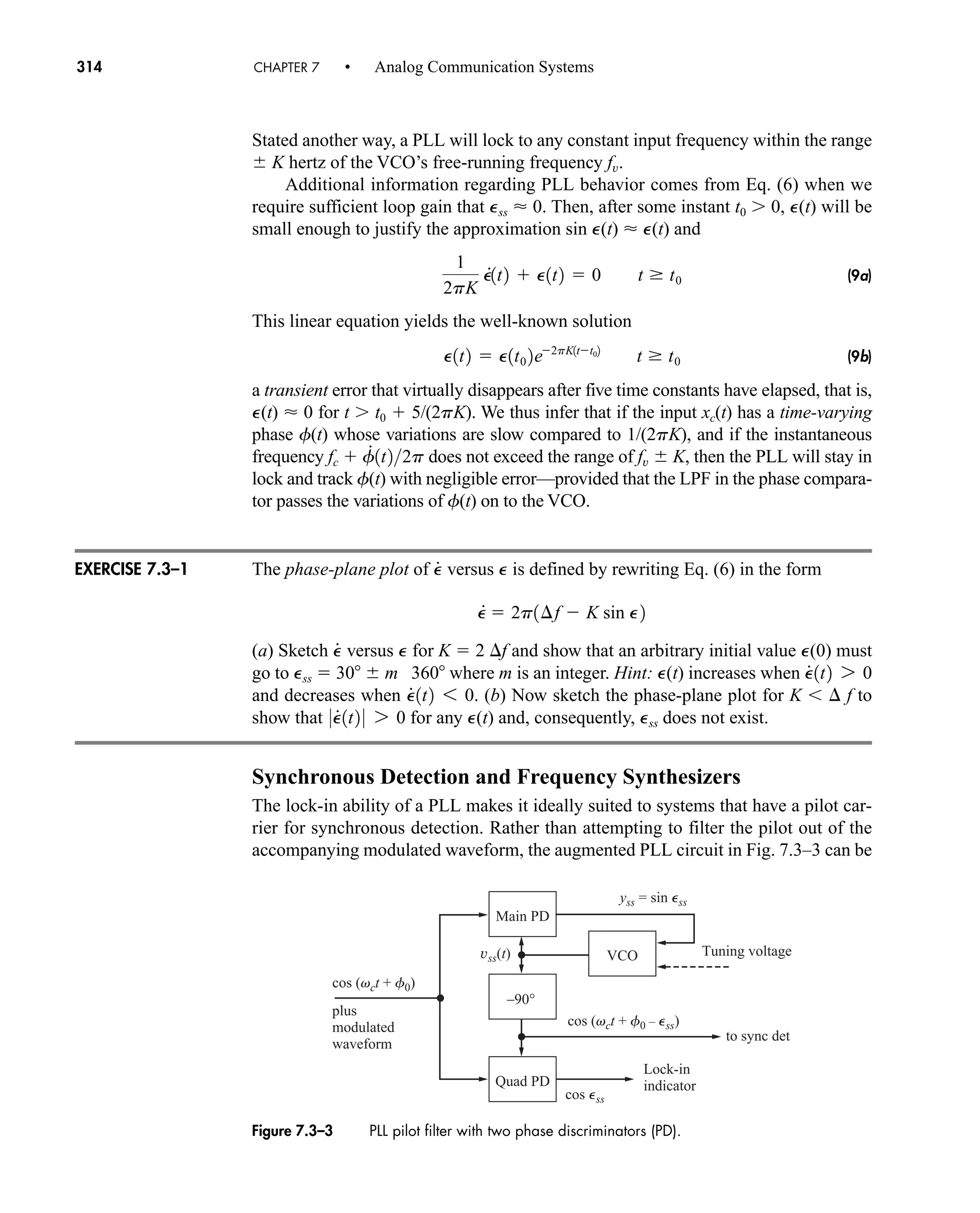 –90°
Main PD
cos (vct + f0)
cos (vct + f0 – Pss)
plus
modulated
waveform
Tuning voltage
to sync det
Quad PD
VCO
Lock-in
indicator
cos Pss
yss = sin Pss
vss(t)
Figure 7.3–3 PLL pilot filter with two phase discriminators (PD).
314 CHAPTER 7 • Analog Communication Systems
Stated another way, a PLL will lock to any constant input frequency within the range
 K hertz of the VCO’s free-running frequency fv.
Additional information regarding PLL behavior comes from Eq. (6) when we
require sufficient loop gain that Pss  0. Then, after some instant t0  0, P(t) will be
small enough to justify the approximation sin P(t)  P(t) and
(9a)
This linear equation yields the well-known solution
(9b)
a transient error that virtually disappears after five time constants have elapsed, that is,
P(t)  0 for t  t0  5/(2pK). We thus infer that if the input xc(t) has a time-varying
phase f(t) whose variations are slow compared to 1/(2pK), and if the instantaneous
frequency fc  does not exceed the range of fv  K, then the PLL will stay in
lock and track f(t) with negligible error—provided that the LPF in the phase compara-
tor passes the variations of f(t) on to the VCO.
The phase-plane plot of versus P is defined by rewriting Eq. (6) in the form
(a) Sketch versus P for K  2 f and show that an arbitrary initial value P(0) must
go to Pss  30  m 360 where m is an integer. Hint: P(t) increases when
and decreases when (b) Now sketch the phase-plane plot for K  f to
show that for any P(t) and, consequently, Pss does not exist.
Synchronous Detection and Frequency Synthesizers
The lock-in ability of a PLL makes it ideally suited to systems that have a pilot car-
rier for synchronous detection. Rather than attempting to filter the pilot out of the
accompanying modulated waveform, the augmented PLL circuit in Fig. 7.3–3 can be
0P
#
1t2 0 7 0
P
#
1t2 6 0.
P
#
1t2 7 0
P
#
P
#
 2p1¢f  K sin P2
P
#
f
#
1t22p
P1t2  P1t0 2e2pK1tt02
t t0
1
2pK
P
#
1t2  P1t2  0 t t0
EXERCISE 7.3–1
car80407_ch07_287-344.qxd 12/11/08 11:03 PM Page 314
 