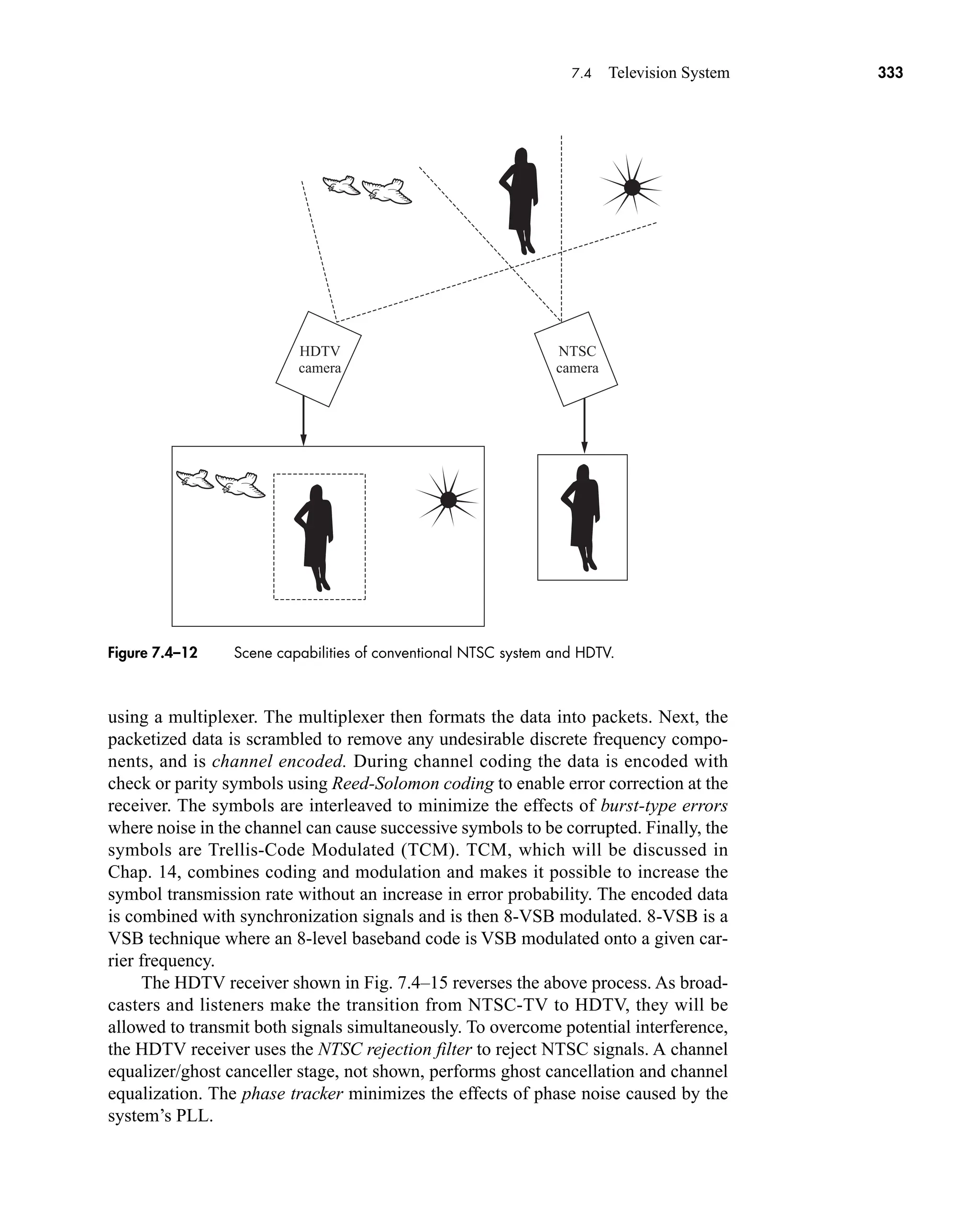 HDTV
camera
NTSC
camera
Figure 7.4–12 Scene capabilities of conventional NTSC system and HDTV.
7.4 Television System 333
using a multiplexer. The multiplexer then formats the data into packets. Next, the
packetized data is scrambled to remove any undesirable discrete frequency compo-
nents, and is channel encoded. During channel coding the data is encoded with
check or parity symbols using Reed-Solomon coding to enable error correction at the
receiver. The symbols are interleaved to minimize the effects of burst-type errors
where noise in the channel can cause successive symbols to be corrupted. Finally, the
symbols are Trellis-Code Modulated (TCM). TCM, which will be discussed in
Chap. 14, combines coding and modulation and makes it possible to increase the
symbol transmission rate without an increase in error probability. The encoded data
is combined with synchronization signals and is then 8-VSB modulated. 8-VSB is a
VSB technique where an 8-level baseband code is VSB modulated onto a given car-
rier frequency.
The HDTV receiver shown in Fig. 7.4–15 reverses the above process. As broad-
casters and listeners make the transition from NTSC-TV to HDTV, they will be
allowed to transmit both signals simultaneously. To overcome potential interference,
the HDTV receiver uses the NTSC rejection filter to reject NTSC signals. A channel
equalizer/ghost canceller stage, not shown, performs ghost cancellation and channel
equalization. The phase tracker minimizes the effects of phase noise caused by the
system’s PLL.
car80407_ch07_287-344.qxd 12/11/08 11:03 PM Page 333
 
