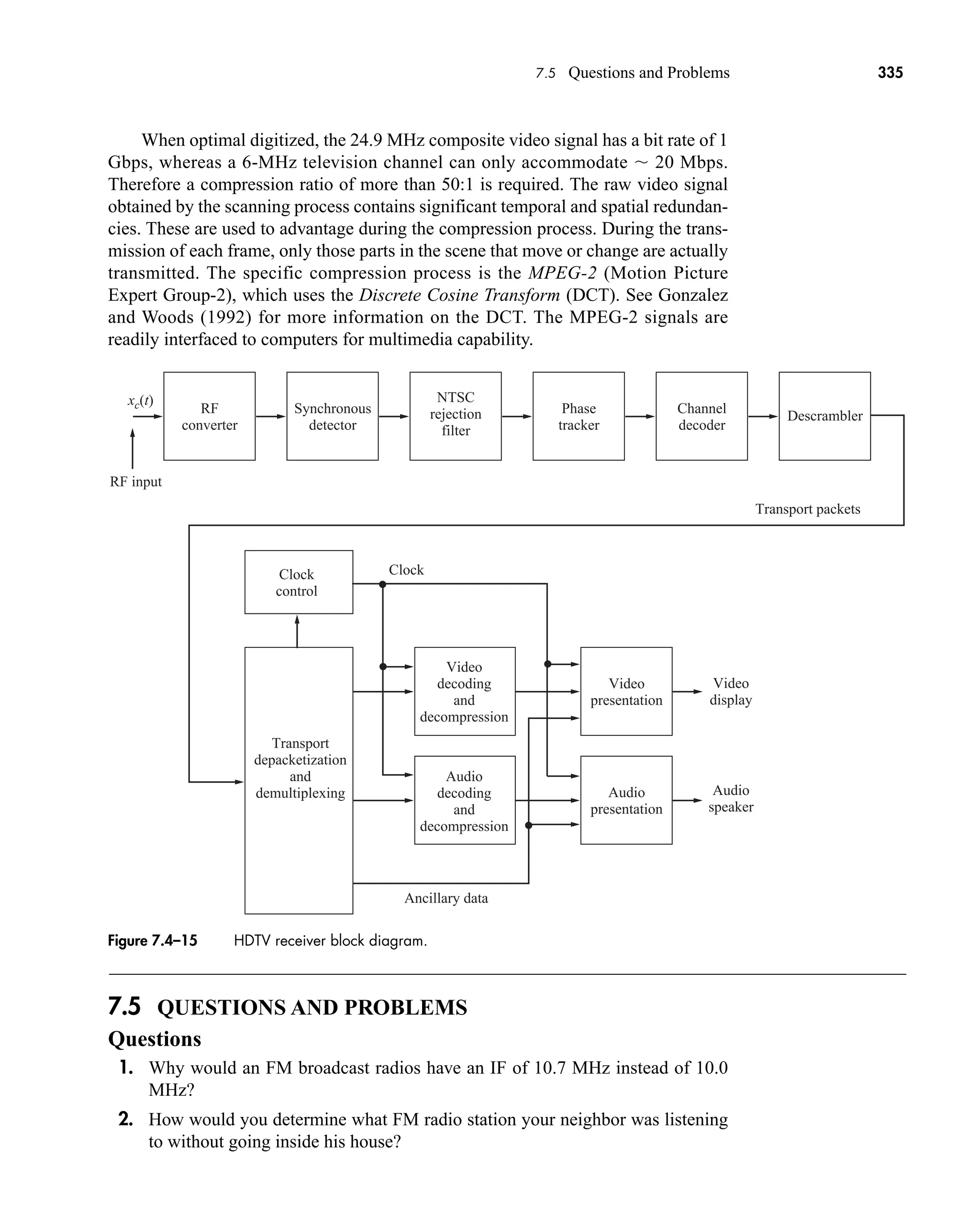 xc(t)
RF
converter
Clock
control
Transport
depacketization
and
demultiplexing
RF input
Synchronous
detector
NTSC
rejection
filter
Phase
tracker
Channel
decoder
Descrambler
Transport packets
Video
presentation
Audio
presentation
Video
decoding
and
decompression
Audio
decoding
and
decompression
Clock
Video
display
Audio
speaker
Ancillary data
Figure 7.4–15 HDTV receiver block diagram.
7.5 Questions and Problems 335
When optimal digitized, the 24.9 MHz composite video signal has a bit rate of 1
Gbps, whereas a 6-MHz television channel can only accommodate  20 Mbps.
Therefore a compression ratio of more than 50:1 is required. The raw video signal
obtained by the scanning process contains significant temporal and spatial redundan-
cies. These are used to advantage during the compression process. During the trans-
mission of each frame, only those parts in the scene that move or change are actually
transmitted. The specific compression process is the MPEG-2 (Motion Picture
Expert Group-2), which uses the Discrete Cosine Transform (DCT). See Gonzalez
and Woods (1992) for more information on the DCT. The MPEG-2 signals are
readily interfaced to computers for multimedia capability.
7.5 QUESTIONS AND PROBLEMS
Questions
1. Why would an FM broadcast radios have an IF of 10.7 MHz instead of 10.0
MHz?
2. How would you determine what FM radio station your neighbor was listening
to without going inside his house?
car80407_ch07_287-344.qxd 1/23/09 12:26 PM Page 335
Rev.Confirming Pages
 