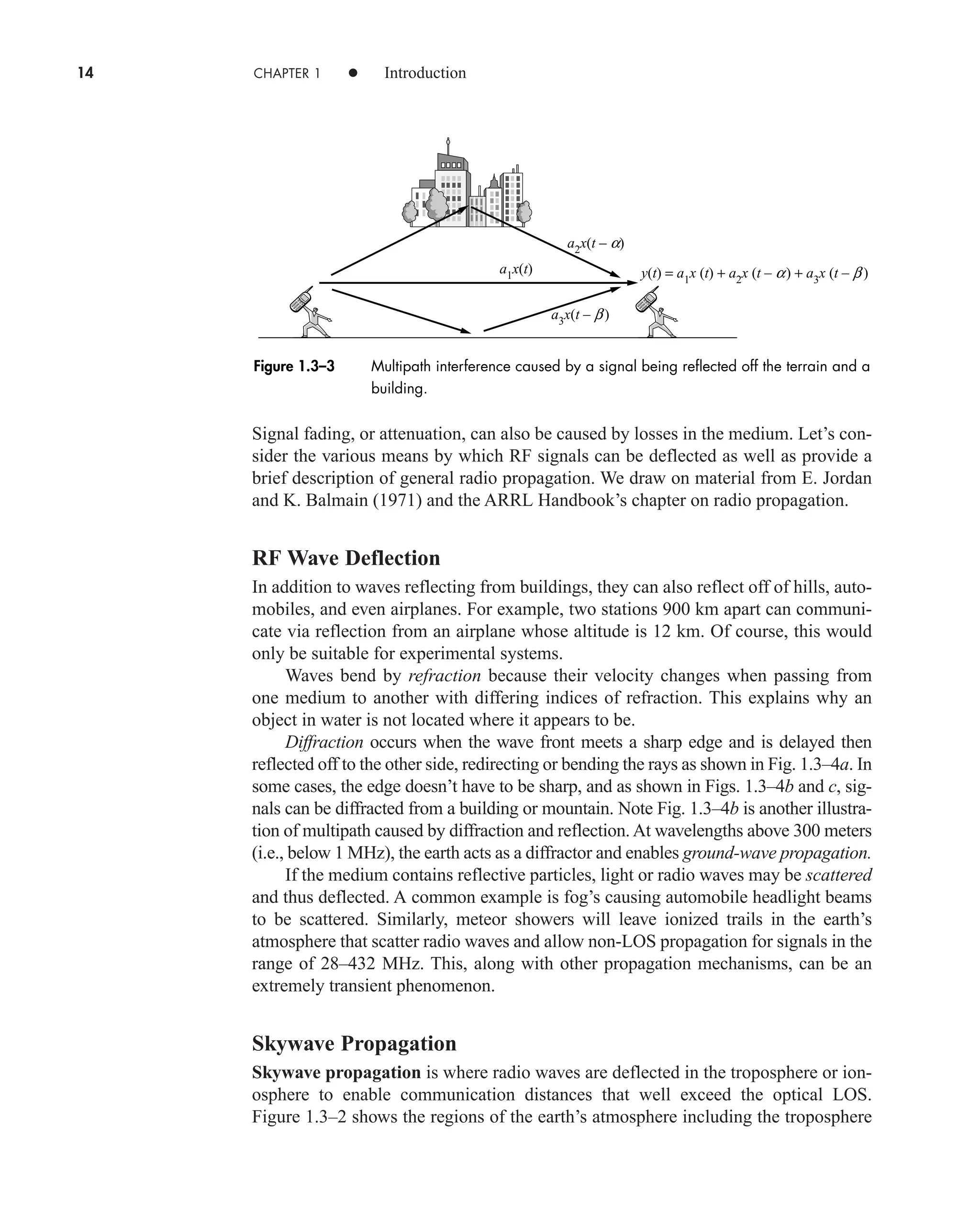 14 CHAPTER 1 • Introduction
Signal fading, or attenuation, can also be caused by losses in the medium. Let’s con-
sider the various means by which RF signals can be deflected as well as provide a
brief description of general radio propagation. We draw on material from E. Jordan
and K. Balmain (1971) and the ARRL Handbook’s chapter on radio propagation.
RF Wave Deflection
In addition to waves reflecting from buildings, they can also reflect off of hills, auto-
mobiles, and even airplanes. For example, two stations 900 km apart can communi-
cate via reflection from an airplane whose altitude is 12 km. Of course, this would
only be suitable for experimental systems.
Waves bend by refraction because their velocity changes when passing from
one medium to another with differing indices of refraction. This explains why an
object in water is not located where it appears to be.
Diffraction occurs when the wave front meets a sharp edge and is delayed then
reflected off to the other side, redirecting or bending the rays as shown in Fig. 1.3–4a. In
some cases, the edge doesn’t have to be sharp, and as shown in Figs. 1.3–4b and c, sig-
nals can be diffracted from a building or mountain. Note Fig. 1.3–4b is another illustra-
tion of multipath caused by diffraction and reflection.At wavelengths above 300 meters
(i.e., below 1 MHz), the earth acts as a diffractor and enables ground-wave propagation.
If the medium contains reflective particles, light or radio waves may be scattered
and thus deflected. A common example is fog’s causing automobile headlight beams
to be scattered. Similarly, meteor showers will leave ionized trails in the earth’s
atmosphere that scatter radio waves and allow non-LOS propagation for signals in the
range of 28–432 MHz. This, along with other propagation mechanisms, can be an
extremely transient phenomenon.
Skywave Propagation
Skywave propagation is where radio waves are deflected in the troposphere or ion-
osphere to enable communication distances that well exceed the optical LOS.
Figure 1.3–2 shows the regions of the earth’s atmosphere including the troposphere
a2x(t – a)
a3x(t – b )
y(t) = a1x (t) + a2x (t – a) + a3x (t – b )
a1
x(t)
Figure 1.3–3 Multipath interference caused by a signal being reflected off the terrain and a
building.
car80407_ch01_001-026.qxd 12/8/08 10:21 PM Page 14
Confirming Pages
 