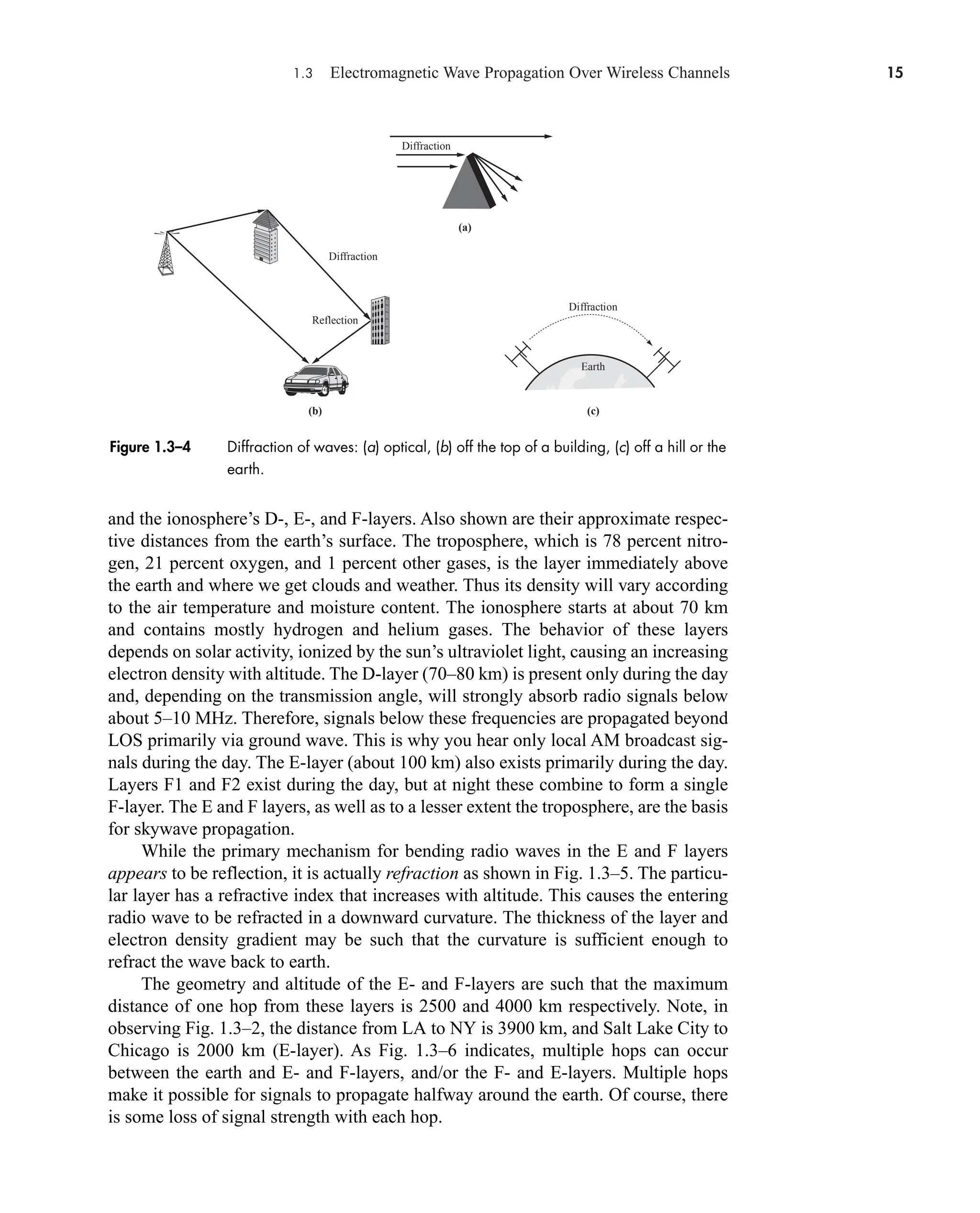 1.3 Electromagnetic Wave Propagation Over Wireless Channels 15
(b) (c)
(a)
Reflection
Diffraction
Diffraction
Earth
Diffraction
Figure 1.3–4 Diffraction of waves: (a) optical, (b) off the top of a building, (c) off a hill or the
earth.
and the ionosphere’s D-, E-, and F-layers. Also shown are their approximate respec-
tive distances from the earth’s surface. The troposphere, which is 78 percent nitro-
gen, 21 percent oxygen, and 1 percent other gases, is the layer immediately above
the earth and where we get clouds and weather. Thus its density will vary according
to the air temperature and moisture content. The ionosphere starts at about 70 km
and contains mostly hydrogen and helium gases. The behavior of these layers
depends on solar activity, ionized by the sun’s ultraviolet light, causing an increasing
electron density with altitude. The D-layer (70–80 km) is present only during the day
and, depending on the transmission angle, will strongly absorb radio signals below
about 5–10 MHz. Therefore, signals below these frequencies are propagated beyond
LOS primarily via ground wave. This is why you hear only local AM broadcast sig-
nals during the day. The E-layer (about 100 km) also exists primarily during the day.
Layers F1 and F2 exist during the day, but at night these combine to form a single
F-layer. The E and F layers, as well as to a lesser extent the troposphere, are the basis
for skywave propagation.
While the primary mechanism for bending radio waves in the E and F layers
appears to be reflection, it is actually refraction as shown in Fig. 1.3–5. The particu-
lar layer has a refractive index that increases with altitude. This causes the entering
radio wave to be refracted in a downward curvature. The thickness of the layer and
electron density gradient may be such that the curvature is sufficient enough to
refract the wave back to earth.
The geometry and altitude of the E- and F-layers are such that the maximum
distance of one hop from these layers is 2500 and 4000 km respectively. Note, in
observing Fig. 1.3–2, the distance from LA to NY is 3900 km, and Salt Lake City to
Chicago is 2000 km (E-layer). As Fig. 1.3–6 indicates, multiple hops can occur
between the earth and E- and F-layers, and/or the F- and E-layers. Multiple hops
make it possible for signals to propagate halfway around the earth. Of course, there
is some loss of signal strength with each hop.
car80407_ch01_001-026.qxd 12/22/08 3:53 PM Page 15
Rev. Confirming Pages
 