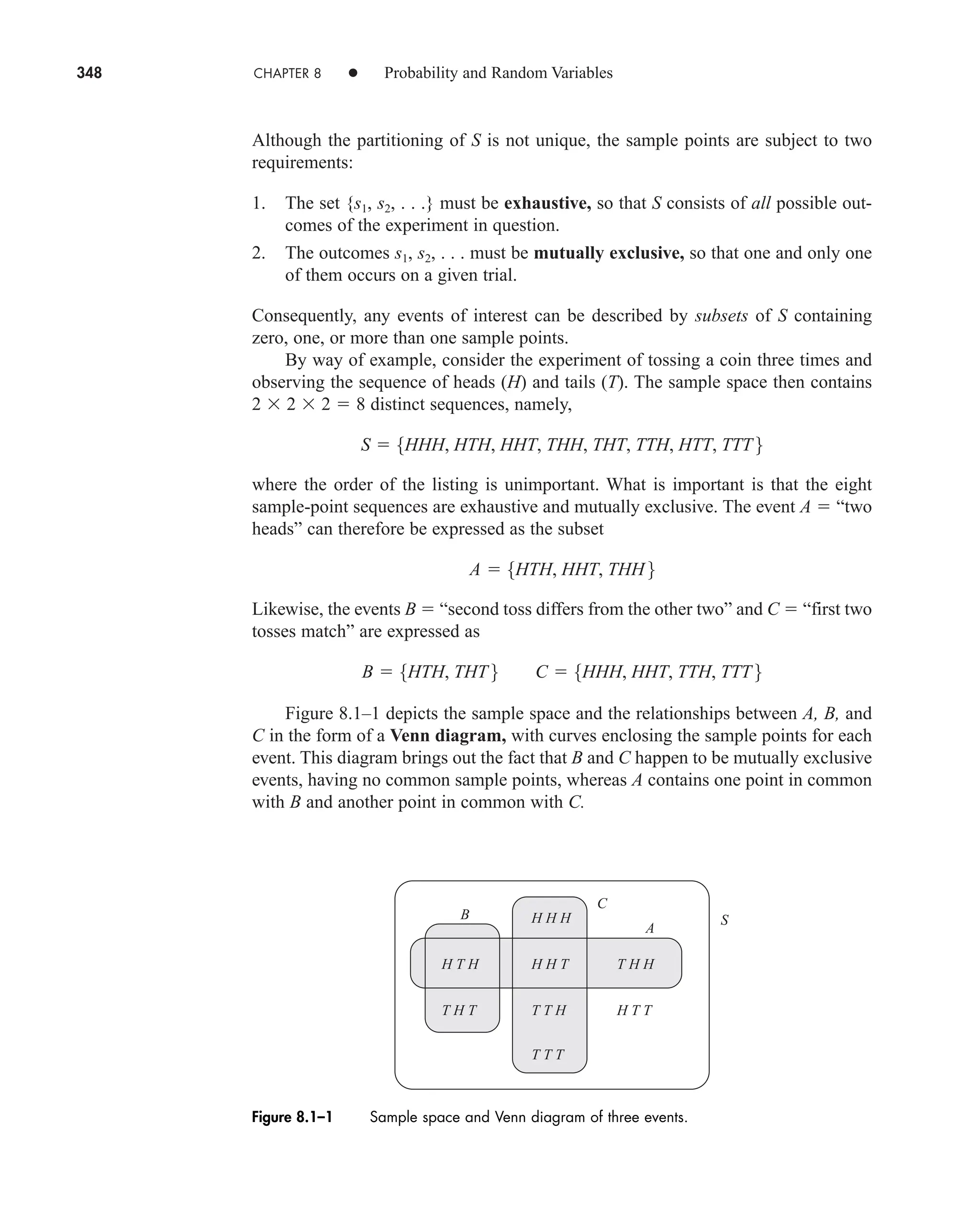 348 CHAPTER 8 • Probability and Random Variables
Although the partitioning of S is not unique, the sample points are subject to two
requirements:
1. The set {s1, s2, . . .} must be exhaustive, so that S consists of all possible out-
comes of the experiment in question.
2. The outcomes s1, s2, . . . must be mutually exclusive, so that one and only one
of them occurs on a given trial.
Consequently, any events of interest can be described by subsets of S containing
zero, one, or more than one sample points.
By way of example, consider the experiment of tossing a coin three times and
observing the sequence of heads (H) and tails (T). The sample space then contains
2  2  2  8 distinct sequences, namely,
where the order of the listing is unimportant. What is important is that the eight
sample-point sequences are exhaustive and mutually exclusive. The event A  “two
heads” can therefore be expressed as the subset
Likewise, the events B  “second toss differs from the other two” and C  “first two
tosses match” are expressed as
Figure 8.1–1 depicts the sample space and the relationships between A, B, and
C in the form of a Venn diagram, with curves enclosing the sample points for each
event. This diagram brings out the fact that B and C happen to be mutually exclusive
events, having no common sample points, whereas A contains one point in common
with B and another point in common with C.
B  5HTH, THT 6 C  5HHH, HHT, TTH, TTT 6
A  5HTH, HHT, THH 6
S  5HHH, HTH, HHT, THH, THT, TTH, HTT, TTT 6
B
C
A
S
H H H
H H T
H T H T H H
T T H
T H T H T T
T T T
Figure 8.1–1 Sample space and Venn diagram of three events.
car80407_ch08_345-390.qxd 12/11/08 5:55 PM Page 348
 
