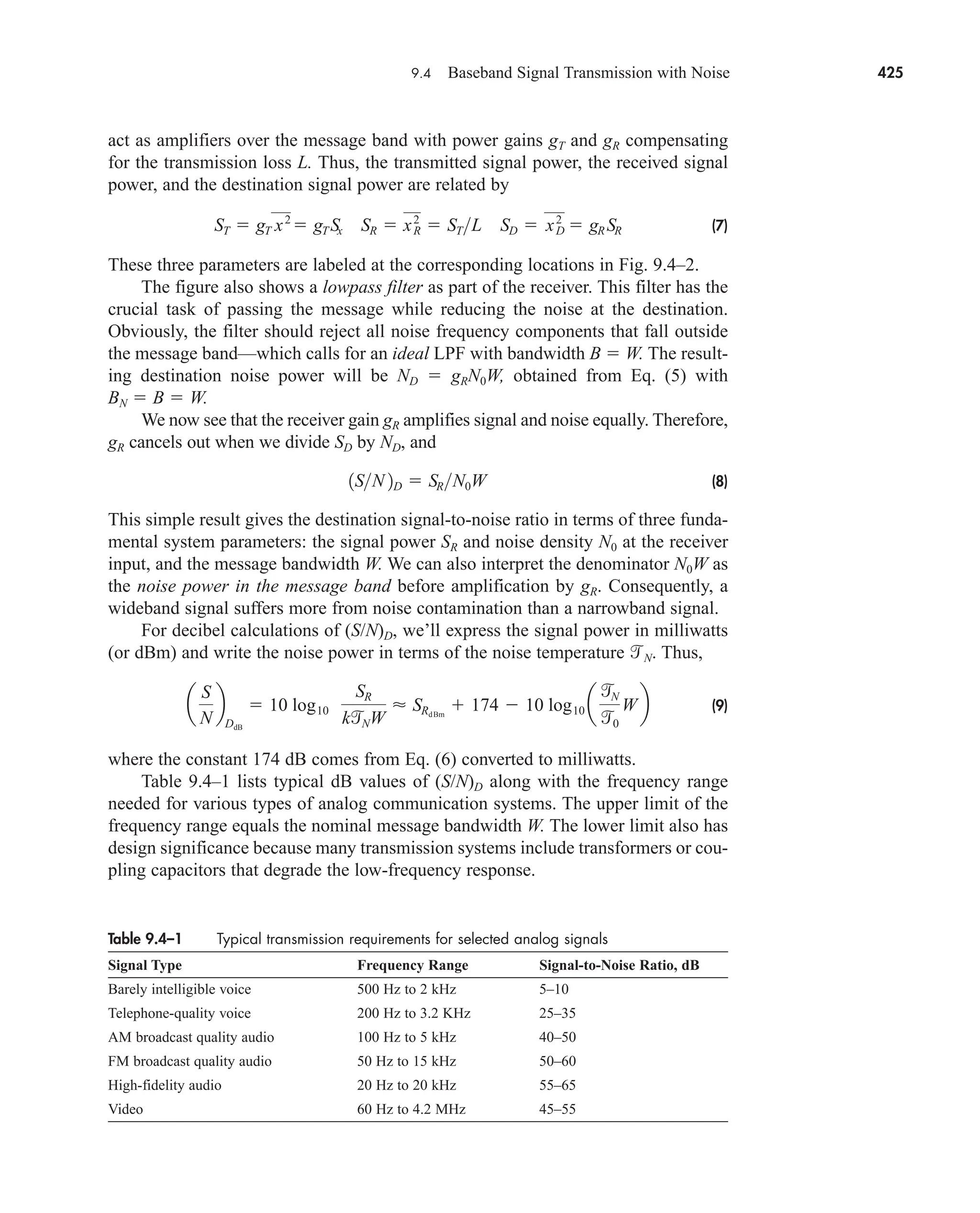 9.4 Baseband Signal Transmission with Noise 425
act as amplifiers over the message band with power gains gT and gR compensating
for the transmission loss L. Thus, the transmitted signal power, the received signal
power, and the destination signal power are related by
(7)
These three parameters are labeled at the corresponding locations in Fig. 9.4–2.
The figure also shows a lowpass filter as part of the receiver. This filter has the
crucial task of passing the message while reducing the noise at the destination.
Obviously, the filter should reject all noise frequency components that fall outside
the message band—which calls for an ideal LPF with bandwidth B  W. The result-
ing destination noise power will be ND  gRN0W, obtained from Eq. (5) with
BN  B  W.
We now see that the receiver gain gR amplifies signal and noise equally. Therefore,
gR cancels out when we divide SD by ND, and
(8)
This simple result gives the destination signal-to-noise ratio in terms of three funda-
mental system parameters: the signal power SR and noise density N0 at the receiver
input, and the message bandwidth W. We can also interpret the denominator N0W as
the noise power in the message band before amplification by gR. Consequently, a
wideband signal suffers more from noise contamination than a narrowband signal.
For decibel calculations of (S/N)D, we’ll express the signal power in milliwatts
(or dBm) and write the noise power in terms of the noise temperature N. Thus,
(9)
where the constant 174 dB comes from Eq. (6) converted to milliwatts.
Table 9.4–1 lists typical dB values of (S/N)D along with the frequency range
needed for various types of analog communication systems. The upper limit of the
frequency range equals the nominal message bandwidth W. The lower limit also has
design significance because many transmission systems include transformers or cou-
pling capacitors that degrade the low-frequency response.
Table 9.4–1 Typical transmission requirements for selected analog signals
Signal Type Frequency Range Signal-to-Noise Ratio, dB
Barely intelligible voice 500 Hz to 2 kHz 5–10
Telephone-quality voice 200 Hz to 3.2 KHz 25–35
AM broadcast quality audio 100 Hz to 5 kHz 40–50
FM broadcast quality audio 50 Hz to 15 kHz 50–60
High-fidelity audio 20 Hz to 20 kHz 55–65
Video 60 Hz to 4.2 MHz 45–55
a
S
N
b
DdB
 10 log10
SR
kNW
 SRdBm
 174  10 log10 a

N
0
Wb
1SN 2D  SRN0W
ST  gT x2
 gT Sx SR  xR
2
 STL SD  xD
2
 gR SR
car80407_ch09_391-438.qxd 12/17/08 5:21 PM Page 425
Confirming Pages
 