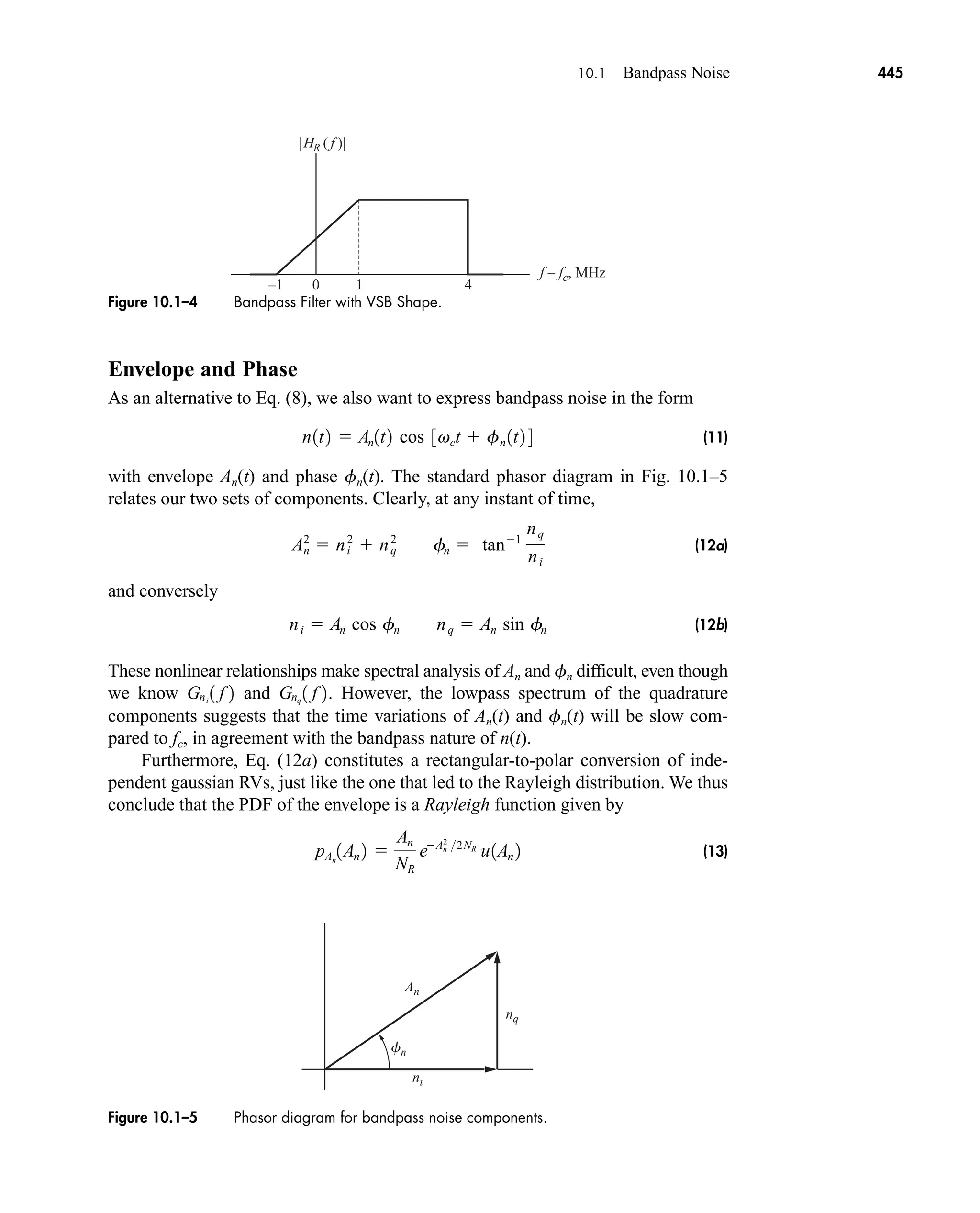 fn
An
nq
ni
Figure 10.1–5 Phasor diagram for bandpass noise components.
f – fc, MHz
0 1 4
–1
|HR ( f )|
Figure 10.1–4 Bandpass Filter with VSB Shape.
10.1 Bandpass Noise 445
Envelope and Phase
As an alternative to Eq. (8), we also want to express bandpass noise in the form
(11)
with envelope An(t) and phase fn(t). The standard phasor diagram in Fig. 10.1–5
relates our two sets of components. Clearly, at any instant of time,
(12a)
and conversely
(12b)
These nonlinear relationships make spectral analysis of An and fn difficult, even though
we know and However, the lowpass spectrum of the quadrature
components suggests that the time variations of An(t) and fn(t) will be slow com-
pared to fc, in agreement with the bandpass nature of n(t).
Furthermore, Eq. (12a) constitutes a rectangular-to-polar conversion of inde-
pendent gaussian RVs, just like the one that led to the Rayleigh distribution. We thus
conclude that the PDF of the envelope is a Rayleigh function given by
(13)
pAn
1An 2 
An
NR
eAn
2
2NR
u1An 2
Gnq
1 f 2.
Gni
1 f 2
ni  An cos fn nq  An sin fn
An
2
 n2
i  nq
2
fn  tan1
nq
ni
n1t2  An1t2 cos 3vct  fn 1t2 4
car80407_ch10_439-478.qxd 1/13/09 4:19 PM Page 445
Rev.Confirming Pages
 