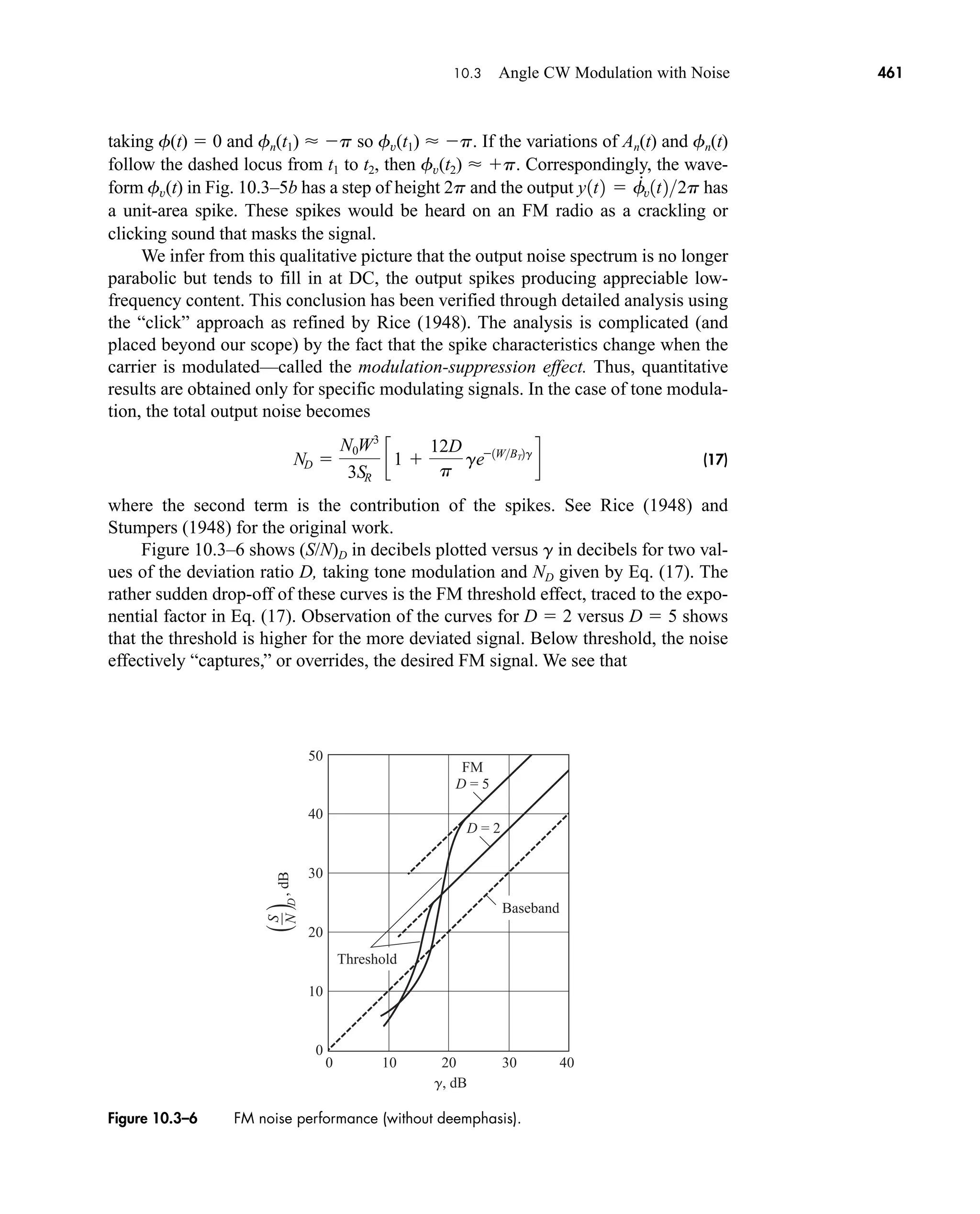 g, dB
30
10
20
30
40
50
,
dB
20
Baseband
Threshold
10 40
D
(
)
N
S
0
0
FM
D = 5
D = 2
Figure 10.3–6 FM noise performance (without deemphasis).
10.3 Angle CW Modulation with Noise 461
taking f(t)  0 and fn(t1)  p so fv(t1)  p. If the variations of An(t) and fn(t)
follow the dashed locus from t1 to t2, then fv(t2)  p. Correspondingly, the wave-
form fv(t) in Fig. 10.3–5b has a step of height 2p and the output has
a unit-area spike. These spikes would be heard on an FM radio as a crackling or
clicking sound that masks the signal.
We infer from this qualitative picture that the output noise spectrum is no longer
parabolic but tends to fill in at DC, the output spikes producing appreciable low-
frequency content. This conclusion has been verified through detailed analysis using
the “click” approach as refined by Rice (1948). The analysis is complicated (and
placed beyond our scope) by the fact that the spike characteristics change when the
carrier is modulated—called the modulation-suppression effect. Thus, quantitative
results are obtained only for specific modulating signals. In the case of tone modula-
tion, the total output noise becomes
(17)
where the second term is the contribution of the spikes. See Rice (1948) and
Stumpers (1948) for the original work.
Figure 10.3–6 shows (S/N)D in decibels plotted versus g in decibels for two val-
ues of the deviation ratio D, taking tone modulation and ND given by Eq. (17). The
rather sudden drop-off of these curves is the FM threshold effect, traced to the expo-
nential factor in Eq. (17). Observation of the curves for D  2 versus D  5 shows
that the threshold is higher for the more deviated signal. Below threshold, the noise
effectively “captures,” or overrides, the desired FM signal. We see that
ND 
N0W˛3
3SR
c1 
12D
p
ge1WBT2g
d
y1t2  f
#
v1t22p
car80407_ch10_439-478.qxd 12/17/08 5:22 PM Page 461
Confirming Pages
 