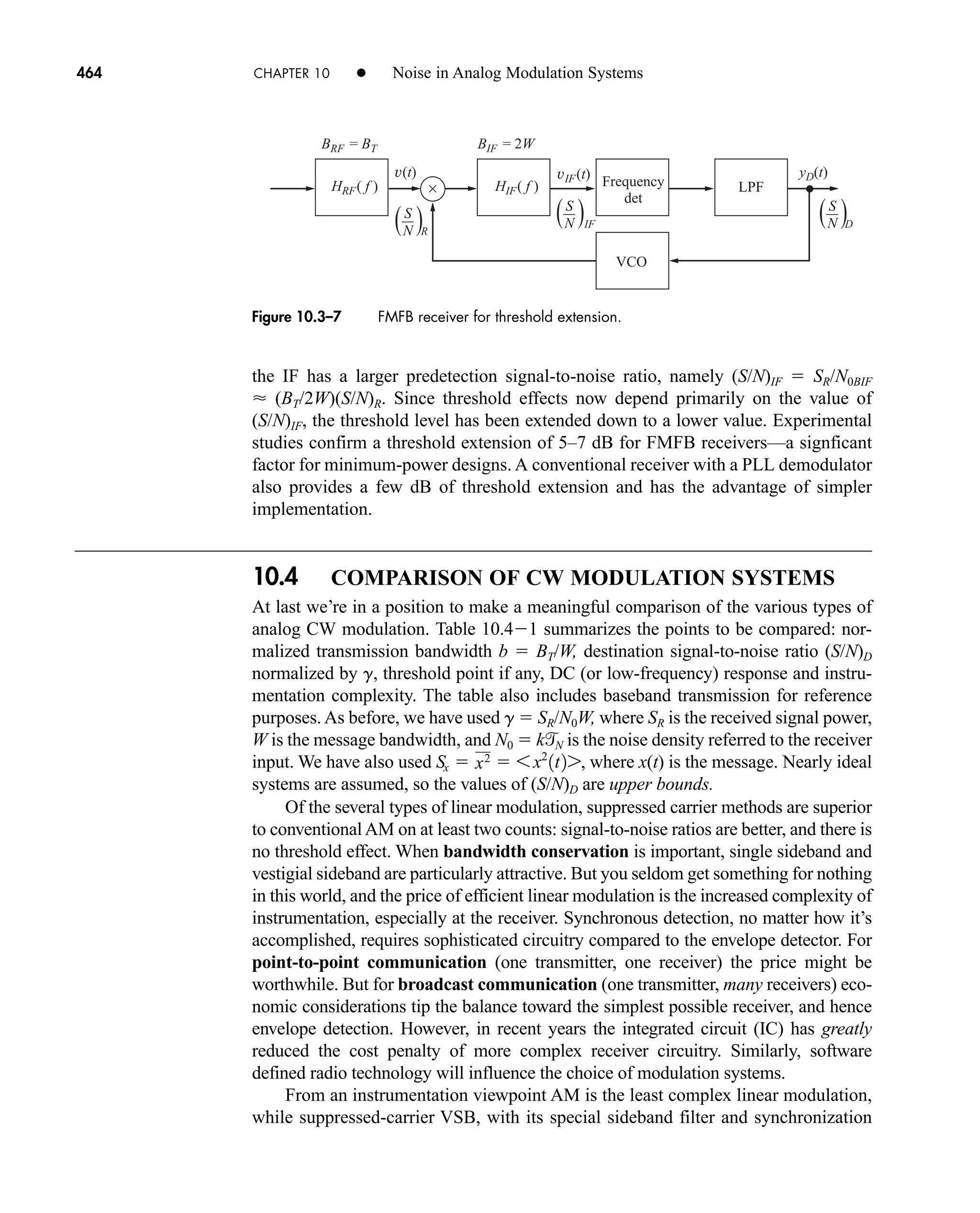 ×
BRF = BT BIF = 2W
LPF
Frequency
det
VCO
yD(t)
R
( )
N
S
IF
( )
N
S
D
( )
N
S
HIF( f )
vIF(t)
v(t)
HRF( f )
Figure 10.3–7 FMFB receiver for threshold extension.
464 CHAPTER 10 • Noise in Analog Modulation Systems
the IF has a larger predetection signal-to-noise ratio, namely (S/N)IF  SR/N0BIF
 (BT/2W)(S/N)R. Since threshold effects now depend primarily on the value of
(S/N)IF, the threshold level has been extended down to a lower value. Experimental
studies confirm a threshold extension of 5–7 dB for FMFB receivers—a signficant
factor for minimum-power designs. A conventional receiver with a PLL demodulator
also provides a few dB of threshold extension and has the advantage of simpler
implementation.
10.4 COMPARISON OF CW MODULATION SYSTEMS
At last we’re in a position to make a meaningful comparison of the various types of
analog CW modulation. Table 10.41 summarizes the points to be compared: nor-
malized transmission bandwidth b  BT/W, destination signal-to-noise ratio (S/N)D
normalized by g, threshold point if any, DC (or low-frequency) response and instru-
mentation complexity. The table also includes baseband transmission for reference
purposes. As before, we have used g  SR/N0W, where SR is the received signal power,
W is the message bandwidth, and N0  k
N is the noise density referred to the receiver
input. We have also used where x(t) is the message. Nearly ideal
systems are assumed, so the values of (S/N)D are upper bounds.
Of the several types of linear modulation, suppressed carrier methods are superior
to conventionalAM on at least two counts: signal-to-noise ratios are better, and there is
no threshold effect. When bandwidth conservation is important, single sideband and
vestigial sideband are particularly attractive. But you seldom get something for nothing
in this world, and the price of efficient linear modulation is the increased complexity of
instrumentation, especially at the receiver. Synchronous detection, no matter how it’s
accomplished, requires sophisticated circuitry compared to the envelope detector. For
point-to-point communication (one transmitter, one receiver) the price might be
worthwhile. But for broadcast communication (one transmitter, many receivers) eco-
nomic considerations tip the balance toward the simplest possible receiver, and hence
envelope detection. However, in recent years the integrated circuit (IC) has greatly
reduced the cost penalty of more complex receiver circuitry. Similarly, software
defined radio technology will influence the choice of modulation systems.
From an instrumentation viewpoint AM is the least complex linear modulation,
while suppressed-carrier VSB, with its special sideband filter and synchronization
Sx  x2  6 x2
1t27,
car80407_ch10_439-478.qxd 1/13/09 4:19 PM Page 464
Rev.Confirming Pages
 
