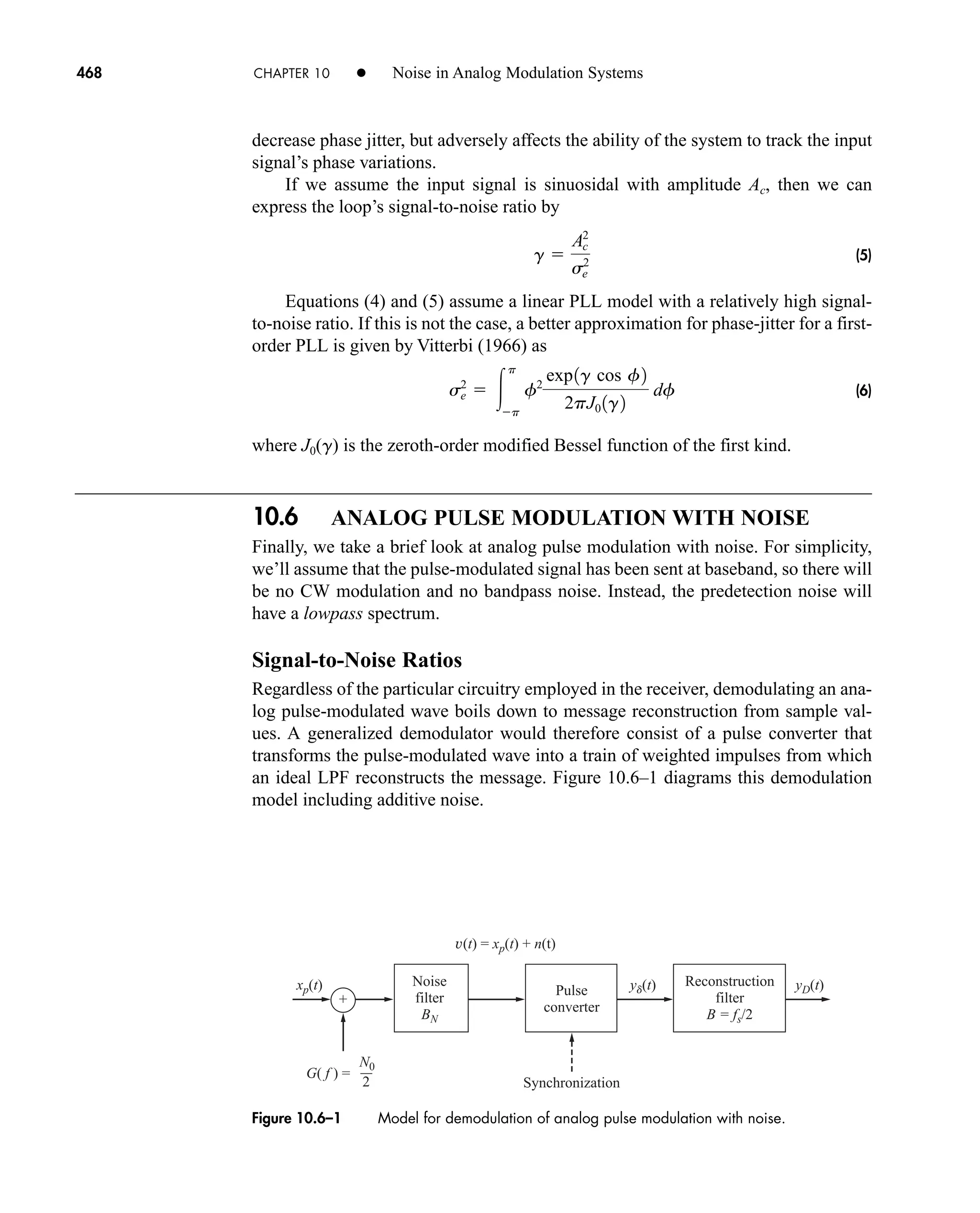 v(t) = xp(t) + n(t)
+
yD(t)
xp(t) yd(t)
Noise
filter
BN
Reconstruction
filter
B = fs/2
Pulse
converter
Synchronization
N0
G( f ) =
2
Figure 10.6–1 Model for demodulation of analog pulse modulation with noise.
468 CHAPTER 10 • Noise in Analog Modulation Systems
decrease phase jitter, but adversely affects the ability of the system to track the input
signal’s phase variations.
If we assume the input signal is sinuosidal with amplitude Ac, then we can
express the loop’s signal-to-noise ratio by
(5)
Equations (4) and (5) assume a linear PLL model with a relatively high signal-
to-noise ratio. If this is not the case, a better approximation for phase-jitter for a first-
order PLL is given by Vitterbi (1966) as
(6)
where J0(g) is the zeroth-order modified Bessel function of the first kind.
10.6 ANALOG PULSE MODULATION WITH NOISE
Finally, we take a brief look at analog pulse modulation with noise. For simplicity,
we’ll assume that the pulse-modulated signal has been sent at baseband, so there will
be no CW modulation and no bandpass noise. Instead, the predetection noise will
have a lowpass spectrum.
Signal-to-Noise Ratios
Regardless of the particular circuitry employed in the receiver, demodulating an ana-
log pulse-modulated wave boils down to message reconstruction from sample val-
ues. A generalized demodulator would therefore consist of a pulse converter that
transforms the pulse-modulated wave into a train of weighted impulses from which
an ideal LPF reconstructs the message. Figure 10.6–1 diagrams this demodulation
model including additive noise.
s2
e  
p
p
f2
exp1g cos f2
2pJ0 1g2
df
g 
A2
c
s2
e
car80407_ch10_439-478.qxd 12/17/08 5:22 PM Page 468
Confirming Pages
 