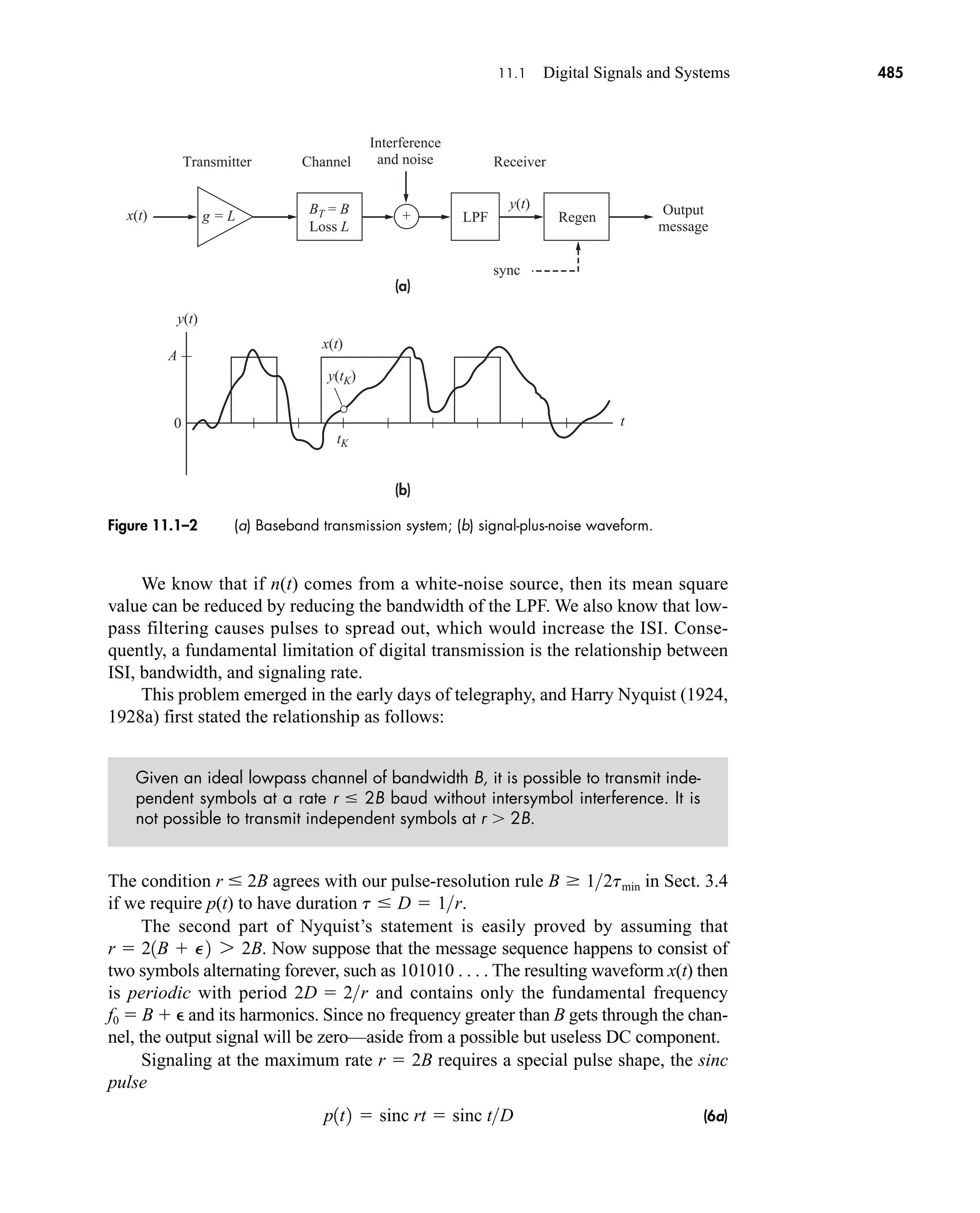 x(t)
A
y(t)
y(t)
x(t)
y(tK)
tK
g = L +
t
0
Interference
and noise
Transmitter Channel Receiver
LPF Regen
sync
Output
message
BT = B
Loss L
(a)
(b)
Figure 11.1–2 (a) Baseband transmission system; (b) signal-plus-noise waveform.
11.1 Digital Signals and Systems 485
We know that if n(t) comes from a white-noise source, then its mean square
value can be reduced by reducing the bandwidth of the LPF. We also know that low-
pass filtering causes pulses to spread out, which would increase the ISI. Conse-
quently, a fundamental limitation of digital transmission is the relationship between
ISI, bandwidth, and signaling rate.
This problem emerged in the early days of telegraphy, and Harry Nyquist (1924,
1928a) first stated the relationship as follows:
Given an ideal lowpass channel of bandwidth B, it is possible to transmit inde-
pendent symbols at a rate r  2B baud without intersymbol interference. It is
not possible to transmit independent symbols at r  2B.
The condition r  2B agrees with our pulse-resolution rule in Sect. 3.4
if we require p(t) to have duration .
The second part of Nyquist’s statement is easily proved by assuming that
. Now suppose that the message sequence happens to consist of
two symbols alternating forever, such as 101010 . . . . The resulting waveform x(t) then
is periodic with period and contains only the fundamental frequency
f0  B  and its harmonics. Since no frequency greater than B gets through the chan-
nel, the output signal will be zero—aside from a possible but useless DC component.
Signaling at the maximum rate r  2B requires a special pulse shape, the sinc
pulse
(6a)
p1t2  sinc rt  sinc tD
2D  2r
r  21B  P2 7 2B
t  D  1r
B  12tmin
car80407_ch11_479-542.qxd 12/17/08 6:35 PM Page 485
Confirming Pages
 