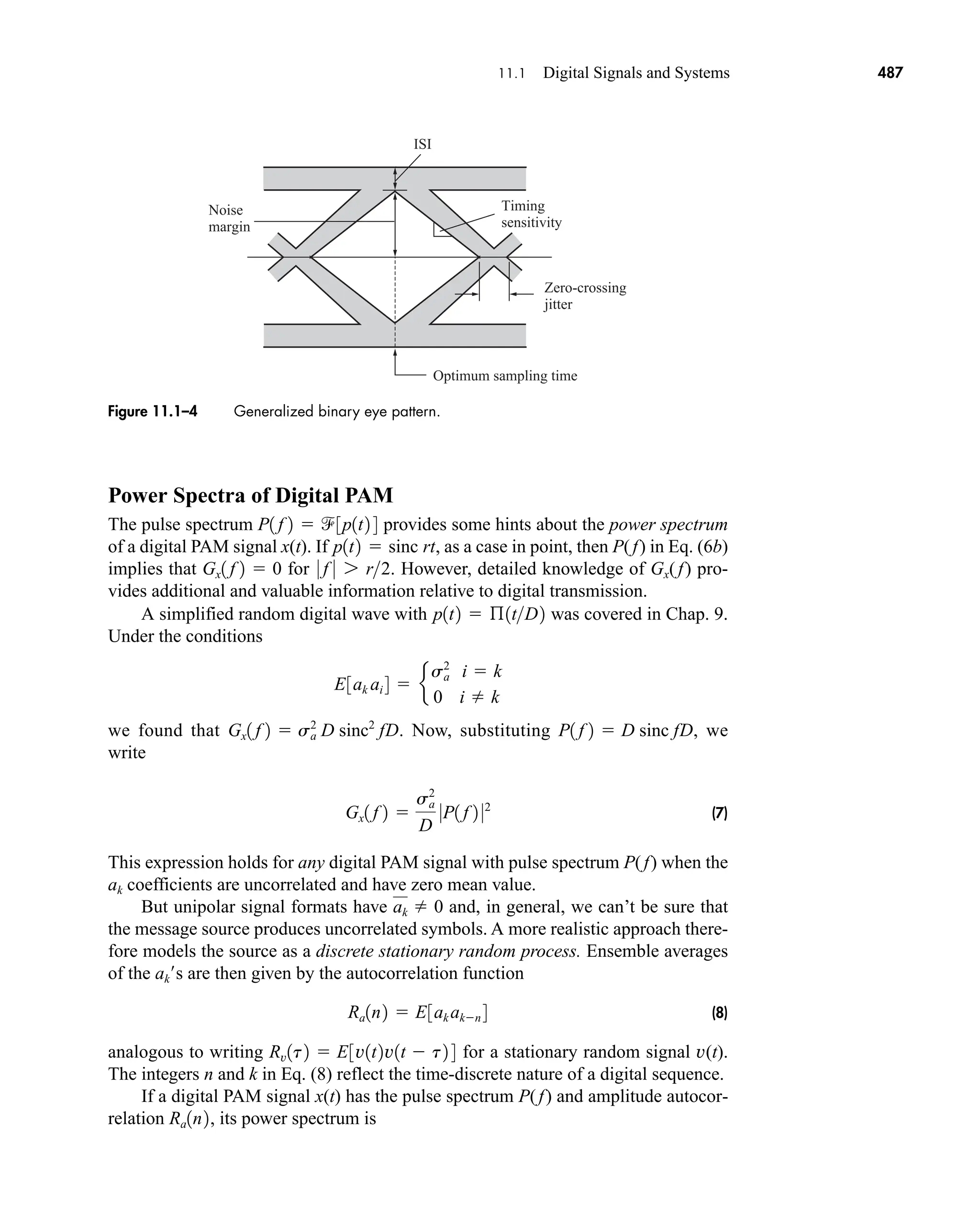 ISI
Timing
sensitivity
Zero-crossing
jitter
Noise
margin
Optimum sampling time
Figure 11.1–4 Generalized binary eye pattern.
11.1 Digital Signals and Systems 487
Power Spectra of Digital PAM
The pulse spectrum provides some hints about the power spectrum
of a digital PAM signal x(t). If , as a case in point, then P(f) in Eq. (6b)
implies that for . However, detailed knowledge of Gx( f) pro-
vides additional and valuable information relative to digital transmission.
A simplified random digital wave with was covered in Chap. 9.
Under the conditions
we found that . Now, substituting , we
write
(7)
This expression holds for any digital PAM signal with pulse spectrum P(f) when the
ak coefficients are uncorrelated and have zero mean value.
But unipolar signal formats have and, in general, we can’t be sure that
the message source produces uncorrelated symbols. A more realistic approach there-
fore models the source as a discrete stationary random process. Ensemble averages
of the ak s are then given by the autocorrelation function
(8)
analogous to writing for a stationary random signal v(t).
The integers n and k in Eq. (8) reflect the time-discrete nature of a digital sequence.
If a digital PAM signal x(t) has the pulse spectrum P(f) and amplitude autocor-
relation , its power spectrum is
Ra1n2
Rv1t2  E3v1t2v1t  t2 4
Ra1n2  E3ak akn 4
ak  0
Gx1 f 2 
sa
2
D
0P1 f 2 02
P1 f 2  D sinc fD
Gx1 f 2  sa
2
D sinc2
fD
E3ak ai 4  e
sa
2
i  k
0 i  k
p1t2  ß1tD2
0 f 0 7 r2
Gx1 f 2  0
p1t2  sinc rt
P1 f 2  3p1t2 4
car80407_ch11_479-542.qxd 1/13/09 4:20 PM Page 487
Rev.Confirming Pages
 