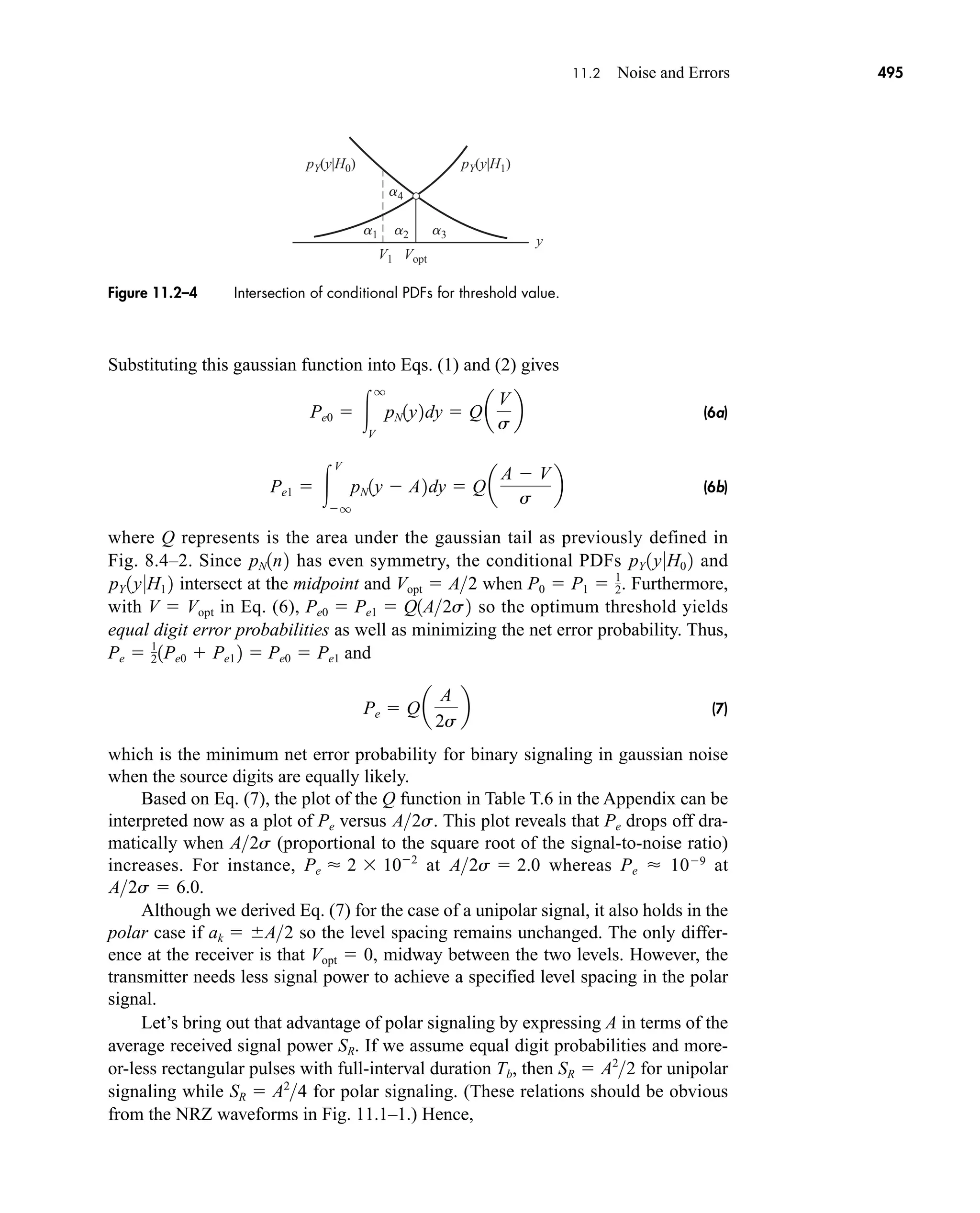 pY(y|H1)
pY(y|H0)
V1 Vopt
a4
a1 a2 a3
y
Figure 11.2–4 Intersection of conditional PDFs for threshold value.
11.2 Noise and Errors 495
Substituting this gaussian function into Eqs. (1) and (2) gives
(6a)
(6b)
where Q represents is the area under the gaussian tail as previously defined in
Fig. 8.4–2. Since has even symmetry, the conditional PDFs and
intersect at the midpoint and when . Furthermore,
with V  Vopt in Eq. (6), so the optimum threshold yields
equal digit error probabilities as well as minimizing the net error probability. Thus,
and
(7)
which is the minimum net error probability for binary signaling in gaussian noise
when the source digits are equally likely.
Based on Eq. (7), the plot of the Q function in Table T.6 in the Appendix can be
interpreted now as a plot of Pe versus . This plot reveals that Pe drops off dra-
matically when (proportional to the square root of the signal-to-noise ratio)
increases. For instance, at whereas Pe  109
at
.
Although we derived Eq. (7) for the case of a unipolar signal, it also holds in the
polar case if so the level spacing remains unchanged. The only differ-
ence at the receiver is that Vopt  0, midway between the two levels. However, the
transmitter needs less signal power to achieve a specified level spacing in the polar
signal.
Let’s bring out that advantage of polar signaling by expressing A in terms of the
average received signal power SR. If we assume equal digit probabilities and more-
or-less rectangular pulses with full-interval duration Tb, then for unipolar
signaling while for polar signaling. (These relations should be obvious
from the NRZ waveforms in Fig. 11.1–1.) Hence,
SR  A2
4
SR  A2
2
ak  A2
A2s  6.0
A2s  2.0
Pe  2 102
A2s
A2s
Pe  Qa
A
2s
b
Pe0  Pe1
Pe  1
21Pe0  Pe1 2 
Pe0  Pe1  Q1A2s2
P0  P1  1
2
Vopt  A2
pY 1y0H1 2
pY 1y0H0 2
pN1n2
Pe1  
V
q
pN1y  A2dy  Qa
A  V
s
b
Pe0  
q
V
pN1y2dy  Qa
V
s
b
car80407_ch11_479-542.qxd 12/17/08 6:35 PM Page 495
Confirming Pages
 
