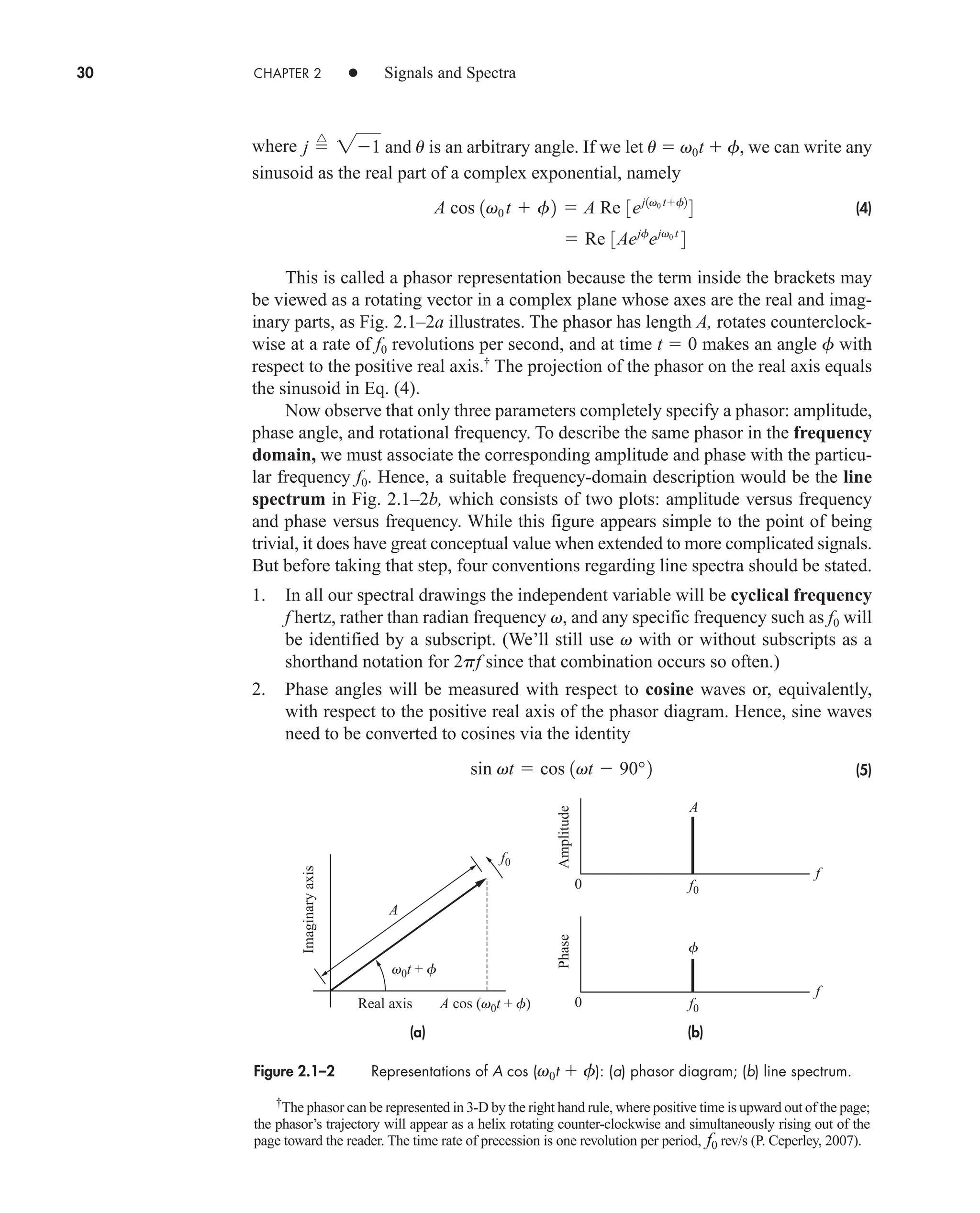 30 CHAPTER 2 • Signals and Spectra
where and u is an arbitrary angle. If we let u  v0t  f, we can write any
sinusoid as the real part of a complex exponential, namely
(4)
This is called a phasor representation because the term inside the brackets may
be viewed as a rotating vector in a complex plane whose axes are the real and imag-
inary parts, as Fig. 2.1–2a illustrates. The phasor has length A, rotates counterclock-
wise at a rate of f0 revolutions per second, and at time t  0 makes an angle f with
respect to the positive real axis.†
The projection of the phasor on the real axis equals
the sinusoid in Eq. (4).
Now observe that only three parameters completely specify a phasor: amplitude,
phase angle, and rotational frequency. To describe the same phasor in the frequency
domain, we must associate the corresponding amplitude and phase with the particu-
lar frequency f0. Hence, a suitable frequency-domain description would be the line
spectrum in Fig. 2.1–2b, which consists of two plots: amplitude versus frequency
and phase versus frequency. While this figure appears simple to the point of being
trivial, it does have great conceptual value when extended to more complicated signals.
But before taking that step, four conventions regarding line spectra should be stated.
1. In all our spectral drawings the independent variable will be cyclical frequency
f hertz, rather than radian frequency v, and any specific frequency such as f0 will
be identified by a subscript. (We’ll still use v with or without subscripts as a
shorthand notation for 2pf since that combination occurs so often.)
2. Phase angles will be measured with respect to cosine waves or, equivalently,
with respect to the positive real axis of the phasor diagram. Hence, sine waves
need to be converted to cosines via the identity
(5)
sin vt  cos 1vt  90°2
 Re 3Aejf
ejv0 t
4
A cos 1v0 t  f2  A Re 3ej1v0 tf2
4
j 
^
21
†
The phasor can be represented in 3-D by the right hand rule, where positive time is upward out of the page;
the phasor’s trajectory will appear as a helix rotating counter-clockwise and simultaneously rising out of the
page toward the reader. The time rate of precession is one revolution per period, f0 rev/s (P. Ceperley, 2007).
Figure 2.1–2 Representations of A cos (v0t  f): (a) phasor diagram; (b) line spectrum.
(a) (b)
Amplitude
f
0 f0
f0
A
A
f
Phase
Imaginary
axis
0
Real axis A cos (v0t + f)
v0t + f
f0
f
car80407_ch02_027-090.qxd 12/8/08 11:03 PM Page 30
 