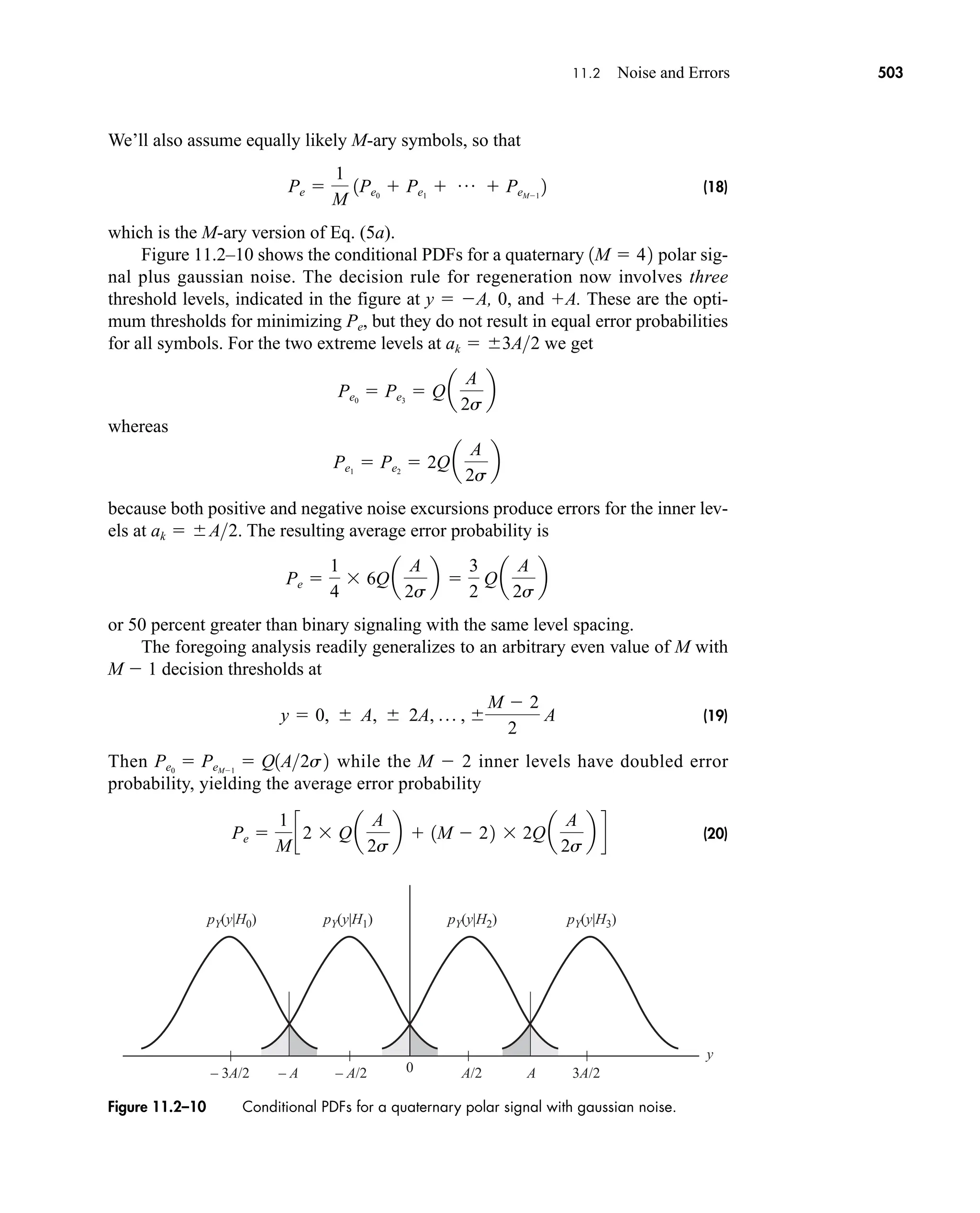 pY(y|H0) pY(y|H1) pY(y|H2) pY(y|H3)
y
0
– 3A/2 – A – A/2 A/2 A 3A/2
Figure 11.2–10 Conditional PDFs for a quaternary polar signal with gaussian noise.
11.2 Noise and Errors 503
We’ll also assume equally likely M-ary symbols, so that
(18)
which is the M-ary version of Eq. (5a).
Figure 11.2–10 shows the conditional PDFs for a quaternary polar sig-
nal plus gaussian noise. The decision rule for regeneration now involves three
threshold levels, indicated in the figure at y  A, 0, and A. These are the opti-
mum thresholds for minimizing Pe, but they do not result in equal error probabilities
for all symbols. For the two extreme levels at we get
whereas
because both positive and negative noise excursions produce errors for the inner lev-
els at . The resulting average error probability is
or 50 percent greater than binary signaling with the same level spacing.
The foregoing analysis readily generalizes to an arbitrary even value of M with
M  1 decision thresholds at
(19)
Then while the M  2 inner levels have doubled error
probability, yielding the average error probability
(20)
Pe 
1
M
c 2 Qa
A
2s
b  1M  22 2Qa
A
2s
b d
Pe0
 PeM1
 Q1A2s2
y  0,  A,  2A, p , 
M  2
2
A
Pe 
1
4
6Qa
A
2s
b 
3
2
Qa
A
2s
b
ak  A2
Pe1
 Pe2
 2Qa
A
2s
b
Pe0
 Pe3
 Qa
A
2s
b
ak  3A2
1M  42
Pe 
1
M
1Pe0
 Pe1
 p  PeM1
2
car80407_ch11_479-542.qxd 12/17/08 6:35 PM Page 503
Confirming Pages
 