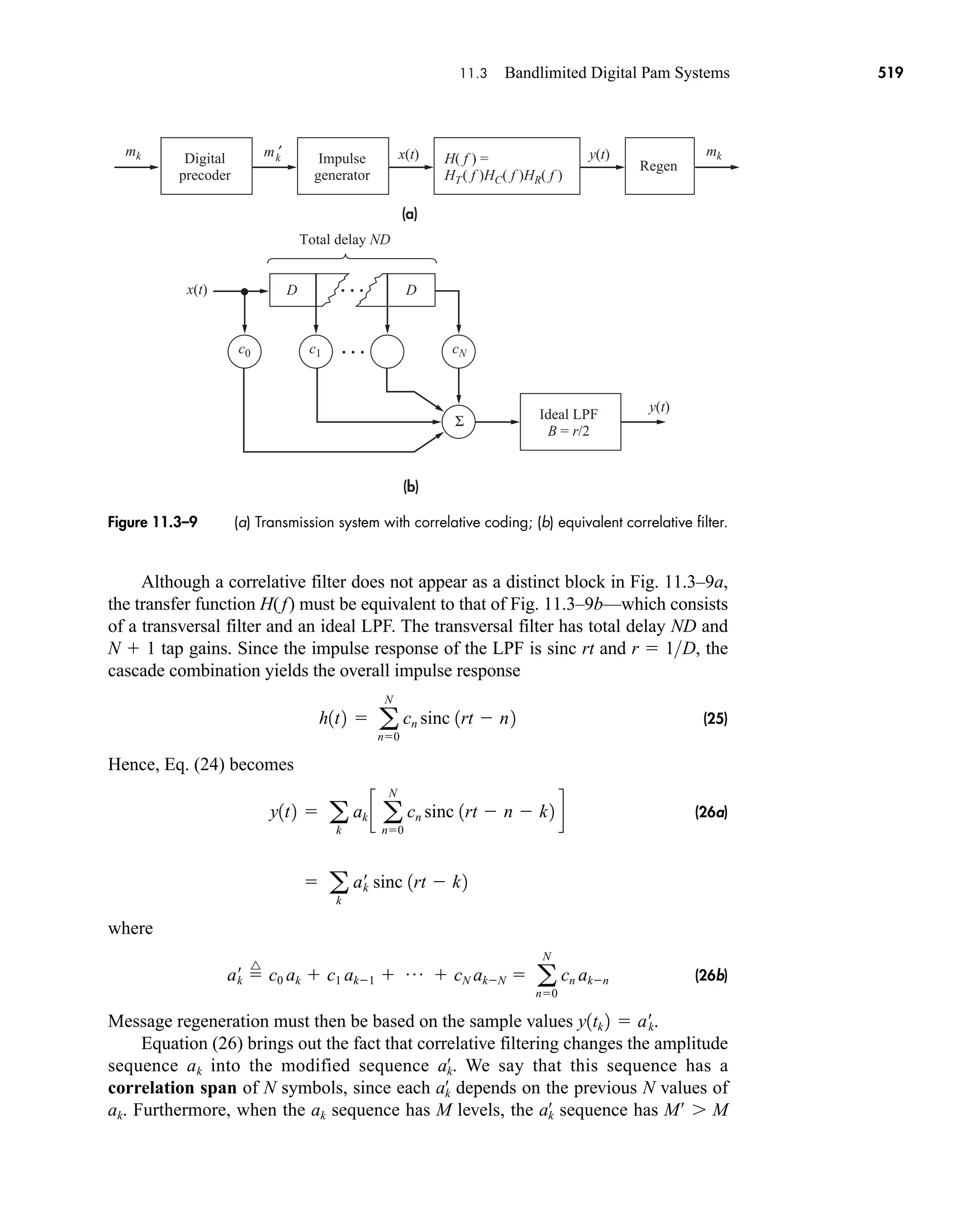 x(t)
x(t)
y(t)
mk mk
m ′
Digital
precoder
Impulse
generator
H( f ) =
HT( f )HC( f )HR( f )
Regen
• • •
• • •
Ideal LPF
B = r/2
Total delay ND
c0 c1
D D
cN
Σ
y(t)
(a)
(b)
k
Figure 11.3–9 (a) Transmission system with correlative coding; (b) equivalent correlative filter.
11.3 Bandlimited Digital Pam Systems 519
Although a correlative filter does not appear as a distinct block in Fig. 11.3–9a,
the transfer function H(f) must be equivalent to that of Fig. 11.3–9b—which consists
of a transversal filter and an ideal LPF. The transversal filter has total delay ND and
N  1 tap gains. Since the impulse response of the LPF is sinc rt and , the
cascade combination yields the overall impulse response
(25)
Hence, Eq. (24) becomes
(26a)
where
(26b)
Message regeneration must then be based on the sample values .
Equation (26) brings out the fact that correlative filtering changes the amplitude
sequence ak into the modified sequence We say that this sequence has a
correlation span of N symbols, since each depends on the previous N values of
ak. Furthermore, when the ak sequence has M levels, the sequence has M  M
ak
œ
ak
œ
ak
œ
.
y1tk 2  a¿
k
a¿
k 
^
c0 ak  c1 ak1  p  cN akN  a
N
n0
cn akn
 a
k
a¿
k sinc 1rt  k2
y1t2  a
k
ak c a
N
n0
cn sinc 1rt  n  k2 d
h1t2  a
N
n0
cn sinc 1rt  n2
r  1D
car80407_ch11_479-542.qxd 12/17/08 6:35 PM Page 519
Confirming Pages
 