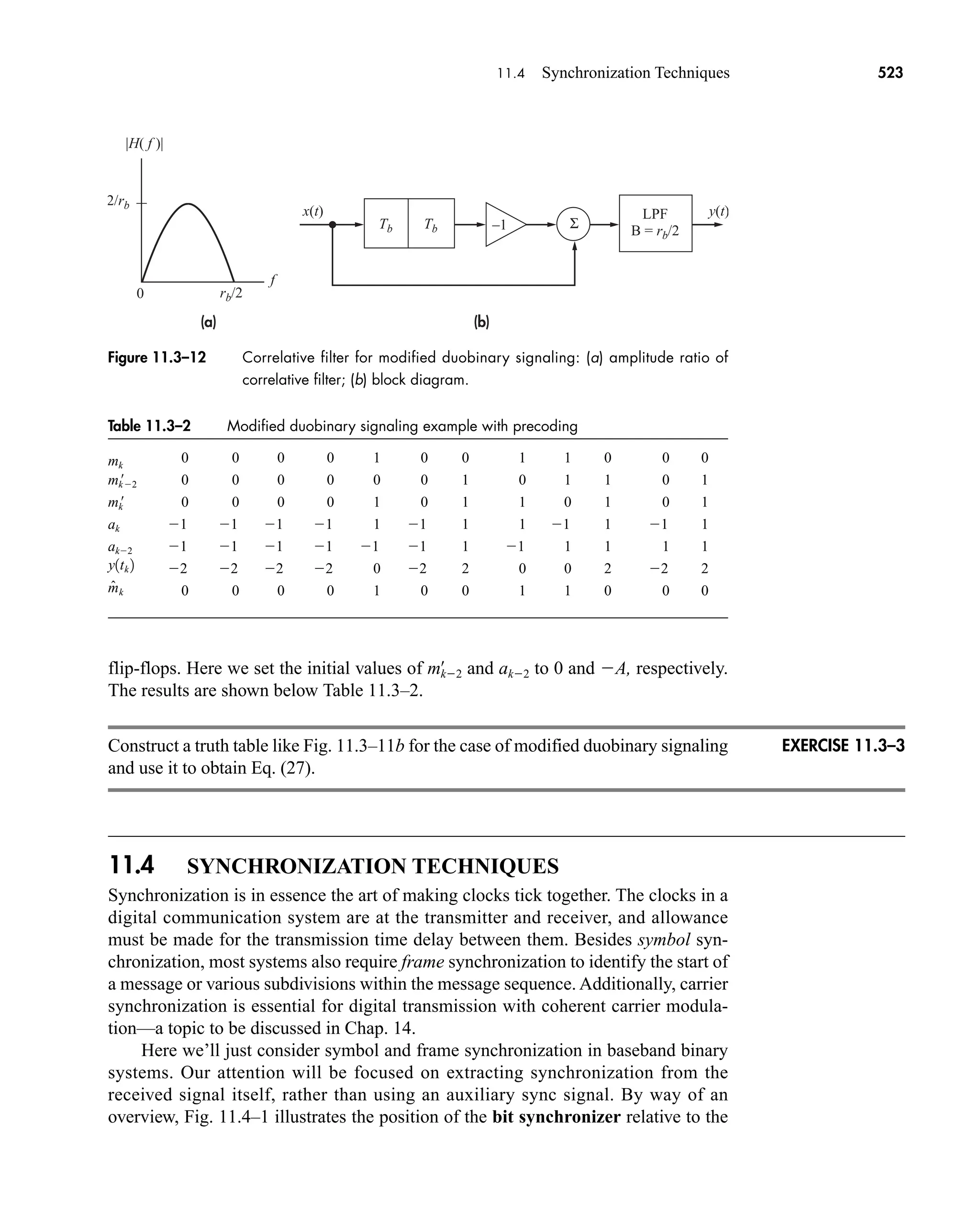 Table 11.3–2 Modified duobinary signaling example with precoding
mk
0 0 0 0 1 0 0 1 1 0 0 0
mk
2 0 0 0 0 0 0 1 0 1 1 0 1
mk
 0 0 0 0 1 0 1 1 0 1 0 1
ak 1 1 1 1 1 1 1 1 1 1 1 1
ak2 1 1 1 1 1 1 1 1 1 1 1 1
2 2 2 2 0 2 2 0 0 2 2 2
0 0 0 0 1 0 0 1 1 0 0 0
m̂k
y1tk 2
x(t) y(t)
–1
f
0
2/rb
rb/2
LPF
B = rb/2
Tb Tb
|H( f )|
(a) (b)
Σ
Figure 11.3–12 Correlative filter for modified duobinary signaling: (a) amplitude ratio of
correlative filter; (b) block diagram.
11.4 Synchronization Techniques 523
flip-flops. Here we set the initial values of and ak2 to 0 and A, respectively.
The results are shown below Table 11.3–2.
Construct a truth table like Fig. 11.3–11b for the case of modified duobinary signaling
and use it to obtain Eq. (27).
11.4 SYNCHRONIZATION TECHNIQUES
Synchronization is in essence the art of making clocks tick together. The clocks in a
digital communication system are at the transmitter and receiver, and allowance
must be made for the transmission time delay between them. Besides symbol syn-
chronization, most systems also require frame synchronization to identify the start of
a message or various subdivisions within the message sequence. Additionally, carrier
synchronization is essential for digital transmission with coherent carrier modula-
tion—a topic to be discussed in Chap. 14.
Here we’ll just consider symbol and frame synchronization in baseband binary
systems. Our attention will be focused on extracting synchronization from the
received signal itself, rather than using an auxiliary sync signal. By way of an
overview, Fig. 11.4–1 illustrates the position of the bit synchronizer relative to the
mk2
œ
EXERCISE 11.3–3
car80407_ch11_479-542.qxd 12/17/08 6:35 PM Page 523
Confirming Pages
 