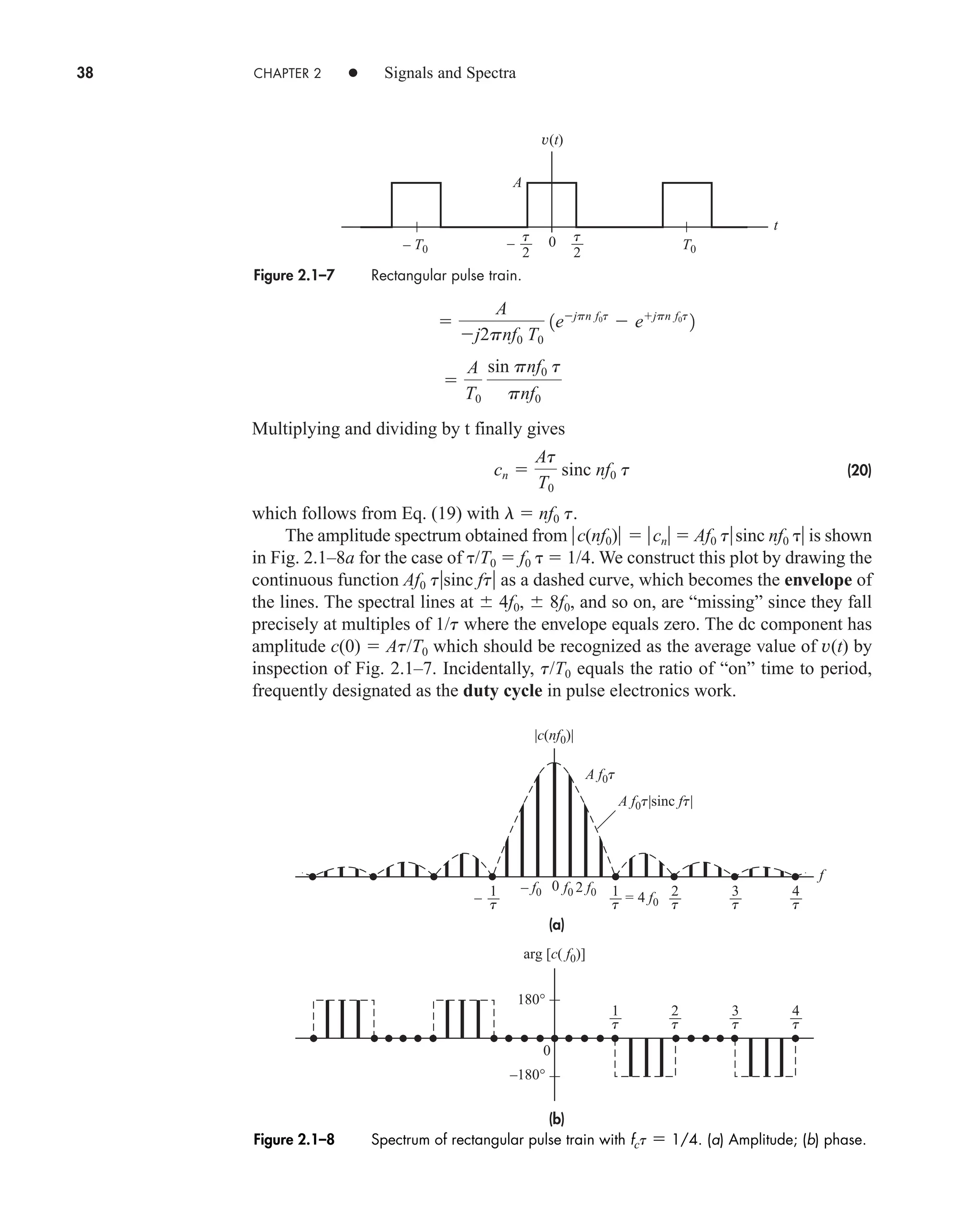 38 CHAPTER 2 • Signals and Spectra
Multiplying and dividing by t finally gives
(20)
which follows from Eq. (19) with l  nf0 t.
The amplitude spectrum obtained from c(nf0)  cn  Af0 tsinc nf0  is shown
in Fig. 2.1–8a for the case of /T0  f0  1/4. We construct this plot by drawing the
continuous function Af0 tsinc ft as a dashed curve, which becomes the envelope of
the lines. The spectral lines at  4f0,  8f0, and so on, are “missing” since they fall
precisely at multiples of 1/t where the envelope equals zero. The dc component has
amplitude c(0)  At/T0 which should be recognized as the average value of v(t) by
inspection of Fig. 2.1–7. Incidentally, t/T0 equals the ratio of “on” time to period,
frequently designated as the duty cycle in pulse electronics work.
cn 
At
T0
sinc nf0 t

A
T0
sin pnf0 t
pnf0

A
j2pnf0 T0
1ejpn f0t
 ejpn f0t
2
Figure 2.1–7 Rectangular pulse train.
v(t)
0 T0
– T0 –
A
t
t
2
t
2
Figure 2.1–8 Spectrum of rectangular pulse train with fct  1/4. (a) Amplitude; (b) phase.
(a)
(b)
180°
–180°
A f0t
– f0 2 f0
= 4 f0
f0
A f0t|sinc ft|
|c(nf0)|
arg [c( f0)]
f
0
0
– t
1
t
1
t
2
t
3
t
4
t
2
t
1
t
3
t
4
car80407_ch02_027-090.qxd 12/8/08 11:03 PM Page 38
 