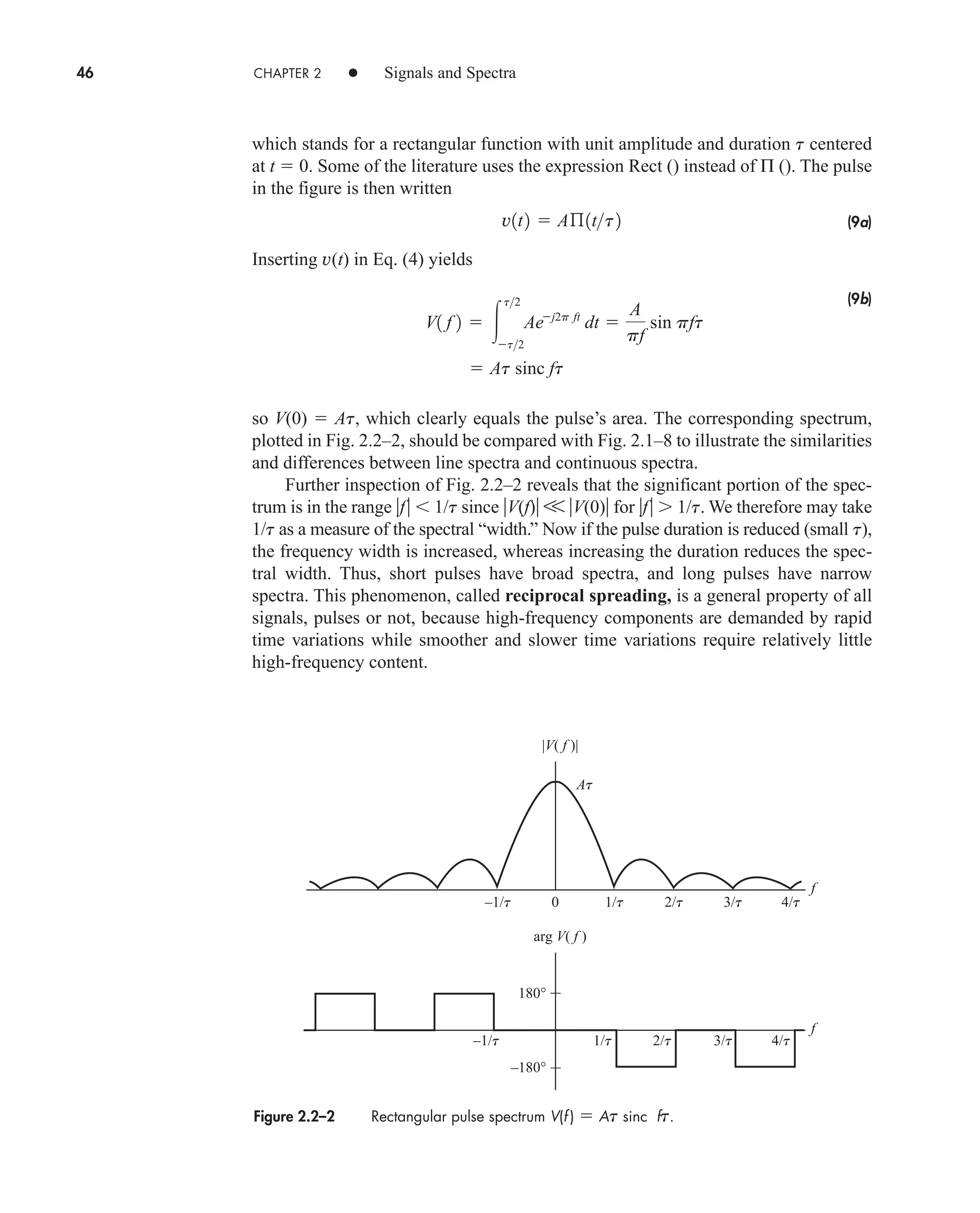 46 CHAPTER 2 • Signals and Spectra
which stands for a rectangular function with unit amplitude and duration t centered
at t  0. Some of the literature uses the expression Rect () instead of Π (). The pulse
in the figure is then written
(9a)
Inserting v(t) in Eq. (4) yields
(9b)
so V(0)  At, which clearly equals the pulse’s area. The corresponding spectrum,
plotted in Fig. 2.2–2, should be compared with Fig. 2.1–8 to illustrate the similarities
and differences between line spectra and continuous spectra.
Further inspection of Fig. 2.2–2 reveals that the significant portion of the spec-
trum is in the range f  1/t since V(f) V V(0) for f 1/t. We therefore may take
1/t as a measure of the spectral “width.” Now if the pulse duration is reduced (small t),
the frequency width is increased, whereas increasing the duration reduces the spec-
tral width. Thus, short pulses have broad spectra, and long pulses have narrow
spectra. This phenomenon, called reciprocal spreading, is a general property of all
signals, pulses or not, because high-frequency components are demanded by rapid
time variations while smoother and slower time variations require relatively little
high-frequency content.
 At sinc ft
V1 f 2  
t2
t2
Aej2p ft
dt 
A
pf
sin pft
v1t2  Aß1tt2
Figure 2.2–2 Rectangular pulse spectrum V(f )  At sinc ft.
180°
–180°
At
–1/t 0 1/t 2/t 3/t 4/t
–1/t 1/t 2/t 3/t 4/t
|V( f )|
f
arg V( f )
f
car80407_ch02_027-090.qxd 12/8/08 11:03 PM Page 46
 