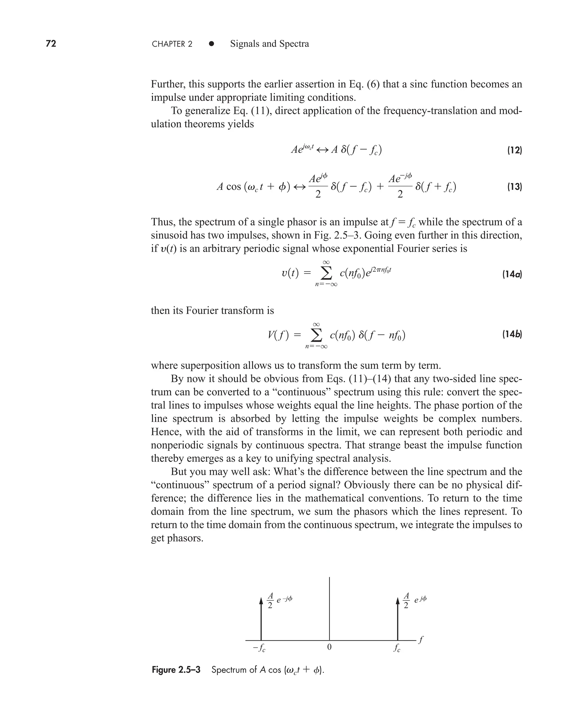 72 CHAPTER 2 • Signals and Spectra
Further, this supports the earlier assertion in Eq. (6) that a sinc function becomes an
impulse under appropriate limiting conditions.
To generalize Eq. (11), direct application of the frequency-translation and mod-
ulation theorems yields
(12)
(13)
Thus, the spectrum of a single phasor is an impulse at f  fc while the spectrum of a
sinusoid has two impulses, shown in Fig. 2.5–3. Going even further in this direction,
if y(t) is an arbitrary periodic signal whose exponential Fourier series is
(14a)
then its Fourier transform is
(14b)
where superposition allows us to transform the sum term by term.
By now it should be obvious from Eqs. (11)–(14) that any two-sided line spec-
trum can be converted to a “continuous” spectrum using this rule: convert the spec-
tral lines to impulses whose weights equal the line heights. The phase portion of the
line spectrum is absorbed by letting the impulse weights be complex numbers.
Hence, with the aid of transforms in the limit, we can represent both periodic and
nonperiodic signals by continuous spectra. That strange beast the impulse function
thereby emerges as a key to unifying spectral analysis.
But you may well ask: What’s the difference between the line spectrum and the
“continuous” spectrum of a period signal? Obviously there can be no physical dif-
ference; the difference lies in the mathematical conventions. To return to the time
domain from the line spectrum, we sum the phasors which the lines represent. To
return to the time domain from the continuous spectrum, we integrate the impulses to
get phasors.
V1 f 2  a
q
nq
c1nf0 2 d1 f  nf0 2
v1t2  a
q
nq
c1nf0 2ej2pnf0t
A cos 1vc t  f2 4
Aejf
2
d1 f  fc 2 
Aejf
2
d1 f  fc 2
Aejvct
4 A d1 f  fc 2
Figure 2.5–3 Spectrum of A cos (vct  f).
e –jf
0
f
A
2
e jf
A
2
– fc fc
car80407_ch02_027-090.qxd 12/8/08 11:04 PM Page 72
 