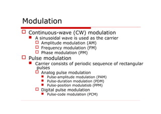 Modulation
 Continuous-wave (CW) modulation
 A sinusoidal wave is used as the carrier
 Amplitude modulation (AM)
 Frequency modulation (FM)
 Phase modulation (PM)
 Pulse modulation
 Carrier consists of periodic sequence of rectangular
pulses
 Analog pulse modulation
 Pulse-amplitude modulation (PAM)
 Pulse-duration modulation (PDM)
 Pulse-position modulatiob (PPM)
 Digital pulse modulation
 Pulse-code modulation (PCM)
 