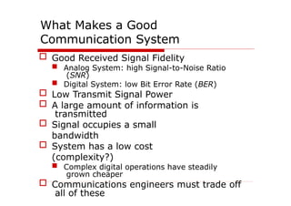 What Makes a Good
Communication System
 Good Received Signal Fidelity
 Analog System: high Signal-to-Noise Ratio
(SNR)
 Digital System: low Bit Error Rate (BER)
 Low Transmit Signal Power
 A large amount of information is
transmitted
 Signal occupies a small
bandwidth
 System has a low cost
(complexity?)
 Complex digital operations have steadily
grown cheaper
 Communications engineers must trade off
all of these
 