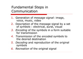 Fundamental Steps in
Communication
1. Generation of message signal: image,
voice, music, video
2. Description of the message signal by a set
of symbols : electrical, aural, visual
3. Encoding of the symbols in a form suitable
for transmission
4. Transmission of the encoded symbols to
the desired destination
5. Decoding and reproduction of the original
symbols
6. Recreation of the original signal
 