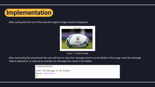 Implementation
After running the first set of the code the original image would be displayed
After excecuting the second part the user will have to input the message which is to be hidden in the image. Here the message
"Matrix Laboratory" is used as an example for message that needs to be hidden.
Figure 1.7 Original Image
 